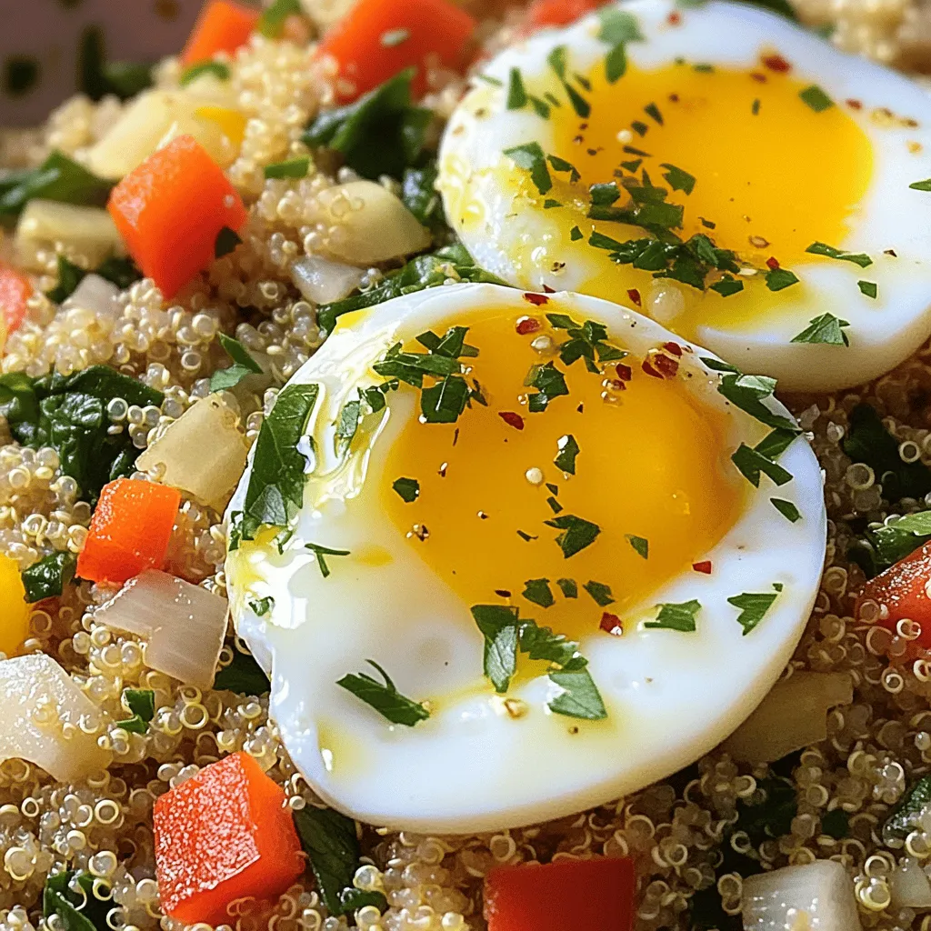 - 1 cup quinoa, rinsed and drained - 2 cups vegetable broth (or water) - 1 tablespoon olive oil - 1 small onion, finely chopped - 1 red bell pepper, diced - 1 cup spinach, chopped - 2 cloves garlic, minced - 1 teaspoon smoked paprika - 1/2 teaspoon cumin - Salt and black pepper, to taste - 2 large eggs - Fresh parsley, chopped (for garnish) Let's talk about what makes this dish so tasty. First, quinoa is a grain that is full of protein. It cooks up fluffy and has a nice nutty taste. Using vegetable broth gives it a rich flavor, too. Next, we have the veggies. Onions and red bell peppers add sweetness and crunch. They mix well with spinach, which wilts down and adds color. The garlic brings a strong aroma, making your kitchen smell wonderful. Now, the spices. Smoked paprika gives a warm, smoky flavor. Cumin adds a bit of earthiness. A pinch of salt and black pepper brightens everything up. If you want to make it even heartier, you can add eggs. They cook right in the quinoa. The yolk makes a creamy sauce when you break it. Don't forget the parsley! It adds freshness and a pop of green. For the full recipe, check out the Full Recipe section. To start, you need to boil quinoa in vegetable broth or water. Measure 1 cup of rinsed quinoa and add it to a medium saucepan with 2 cups of vegetable broth or water. Bring it to a boil over high heat. Once it boils, reduce the heat to low. Cover it and let it simmer for about 15 minutes. The liquid will absorb fully when it's done. After that, remove it from heat and let it sit for 5 minutes. Fluff it with a fork to get that perfect texture. Next, let's sauté some vegetables. Heat 1 tablespoon of olive oil in a large skillet over medium heat. Add 1 small chopped onion and 1 diced red bell pepper. Cook them for about 5 minutes until they soften. Then, add 2 minced garlic cloves and 1 cup of chopped spinach. Stir well. Cook until the spinach wilts down, about 2-3 minutes. Now, it’s time to mix everything together. Add the cooked quinoa to the skillet with the sautéed vegetables. Stir well to combine. This is also the moment to add flavor. Sprinkle in 1 teaspoon of smoked paprika, 1/2 teaspoon of cumin, salt, and black pepper to taste. Mix everything until heated through. Taste it and adjust the seasoning if needed. If you want eggs, create two small wells in the quinoa mixture. Crack 2 large eggs into each well. Cover the skillet and reduce the heat to low. Cook for about 3-4 minutes until the egg whites are set, but the yolks are still runny. Serve your savory breakfast quinoa warm, garnished with fresh parsley for a nice touch. For the full recipe, you can check the details above. To make great quinoa, start by rinsing it. Rinsing removes bitter flavors. Place quinoa in a fine-mesh strainer. Run cold water over it for a couple of minutes. This step is key for good taste. For fluffy quinoa, use the right water ratio. A 1:2 ratio of quinoa to broth works best. Bring the water to a boil first. Once boiling, reduce the heat to low. Cover and let it simmer for about 15 minutes. After cooking, let it sit for 5 more minutes. Fluff it gently with a fork to separate the grains. To enhance flavor, try different herbs and spices. Fresh herbs like basil or thyme add brightness. Dried spices like oregano or chili powder can bring warmth. Experiment with your favorites! You can also add other ingredients for more taste. Feta cheese brings saltiness, while avocado adds creaminess. Sliced olives give a briny touch. Each option can change the dish in exciting ways. Garnishing is a simple way to make your dish look pretty. Chopped parsley adds a fresh green touch. Spread it on top right before serving. For a balanced meal, serve it alongside fresh fruit or a light salad. This adds color and nutrition. Enjoy your savory breakfast quinoa in a bowl or on a plate for a lovely presentation. For the full recipe, check out the details above. {{image_2}} You can add cooked chicken or tofu to your savory breakfast quinoa. Both options pack a protein punch. Just toss in diced chicken or cubed tofu while mixing in the quinoa. If you want to use beans, black beans or chickpeas work well. They not only boost protein but also add fiber to your meal. For a plant-based option, try adding more vegetables. Zucchini, mushrooms, or tomatoes can enhance the dish. You can also swap quinoa for other grains or seeds. Farro or millet can give you a different texture and flavor. If you enjoy spice, try adding chili flakes or sliced jalapeños. These can give your dish a nice kick. For those who prefer milder food, reduce the spices. Adjust the seasoning to suit your taste. This way, everyone can enjoy the meal. To store leftovers, let the savory breakfast quinoa cool. Place it in an airtight container. You can keep it in the fridge for about 3 to 5 days. This helps maintain its fresh taste and texture. I recommend using glass containers. They are great for keeping food safe and are easy to clean. You can freeze savory breakfast quinoa for longer storage. First, let it cool completely. Then, portion it into freezer bags or containers. Make sure to remove as much air as possible. This helps prevent freezer burn. You can freeze it for up to 3 months. When ready to eat, just thaw it in the fridge overnight. You have two great options for reheating: microwave or stove. For the microwave, place your quinoa in a bowl with a splash of water. Cover it with a damp paper towel. Heat it for 1 to 2 minutes, stirring halfway through. On the stove, heat it in a pan over medium-low heat, adding a splash of broth or water. Stir until hot. To keep the texture and flavor, avoid overheating. This way, your savory breakfast quinoa stays tasty and enjoyable. Yes, you can make savory breakfast quinoa ahead of time. It's great for meal prep. Cook the quinoa and veggies, then let them cool. Store them in an airtight container. You can keep it in the fridge for up to four days. When you're ready to eat, just reheat it in the microwave or on the stove. If you want, you can add the eggs fresh. This keeps them from overcooking. Yes, quinoa is gluten-free. It is a seed, not a grain. This makes it a safe choice for people with celiac disease or gluten sensitivity. Quinoa packs a great protein punch, making it a smart swap for grains. Always check labels if you buy pre-packaged quinoa. Some brands may process it in facilities that handle gluten. Cooked quinoa lasts about three to five days in the fridge. Store it in a sealed container to keep it fresh. Over time, it may lose its texture and flavor. To check if it's still good, look for any off smells or changes in color. If it looks dry, you can add a little water when reheating. This will help restore its fluffiness. This blog post covered a delicious savory breakfast quinoa recipe. We discussed key ingredients like quinoa, veggies, and spices. I shared step-by-step cooking instructions to help you succeed. There were tips for perfect quinoa and ideas for variations. Remember, you can customize this dish to suit your taste. Whether adding proteins or adjusting spice levels, the possibilities are endless. Enjoy your healthy, tasty meal, and don’t hesitate to experiment!