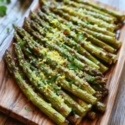 - Fresh asparagus - Olive oil - Garlic To make Lemon Garlic Roasted Asparagus, start with fresh asparagus. Look for bright green stalks that are firm and crisp. You need about one pound for this recipe. Next, grab some olive oil. This helps the flavors blend and gives a nice sheen. Lastly, you need garlic. Four cloves, minced, add a wonderful depth to the dish. - Lemon zest and juice - Sea salt and black pepper - Optional red pepper flakes Now, let’s talk about flavor enhancers. Fresh lemon zest and juice are key. They brighten the dish and pair well with the asparagus. Use the zest of one lemon and two tablespoons of juice. Then, add sea salt and black pepper to taste. These seasonings bring out the natural flavors. If you like a bit of heat, consider adding red pepper flakes. Just 1/4 teaspoon will do! - Grated Parmesan cheese - Fresh parsley for garnish Finally, let’s discuss optional toppings. Grated Parmesan cheese adds a savory touch. You can sprinkle about 1/4 cup on top during the last few minutes of roasting. It adds a nice, cheesy crust. For a fresh look, use chopped parsley to garnish. It adds color and a hint of freshness to the finished dish. For the full recipe, check out the detailed instructions provided earlier. - Preheat your oven to 425°F (220°C). This high heat helps to crisp the asparagus. - Next, trim the tough ends off the asparagus. You can snap them off where they break easily. Then, wash the asparagus under cold water. This removes dirt and keeps your dish clean and fresh. - In a large mixing bowl, combine 3 tablespoons of olive oil, 4 cloves of minced garlic, the zest of 1 lemon, and 2 tablespoons of fresh lemon juice. - Add 1 teaspoon of sea salt, 1/2 teaspoon of black pepper, and 1/4 teaspoon of red pepper flakes if you want heat. Mix these ingredients well. This marinade will give your asparagus a bright and tasty flavor. - Toss the washed asparagus in the lemon garlic marinade. Make sure each spear gets a good coating. - Spread the asparagus out in a single layer on a baking sheet lined with parchment paper. This helps prevent sticking and makes cleanup easier. - Roast the asparagus in the oven for 12 to 15 minutes. I recommend tossing them halfway through. This ensures even cooking and crispiness. If you like cheese, sprinkle 1/4 cup of grated Parmesan cheese on top during the last 2 to 3 minutes of cooking. This adds a rich flavor. - Once they’re done, let them cool for a minute. Transfer the asparagus to a serving platter and garnish with fresh parsley. For the complete details, check the Full Recipe. To pick fresh asparagus, look for bright green stalks. They should feel firm and not bend easily. The tips should be tightly closed and not wilted. If you see any purple or brown spots, skip that bunch. For storage, keep asparagus in the fridge. Place it upright in a jar with an inch of water. Cover the tops with a plastic bag. This helps keep them fresh for up to a week. Tossing the asparagus halfway through cooking makes a big difference. This ensures even cooking and crispiness. I recommend checking them at about 6 minutes. If you want softer asparagus, add a few extra minutes. Watch for the bright green color and slight browning. This means they are ready to eat! To add depth, sprinkle grated Parmesan cheese on top during the last few minutes of roasting. The cheese melts and adds a savory touch. You can also balance flavors by adding fresh herbs. Try thyme or basil for a twist. They bring a fresh taste that complements the lemon and garlic well. For the full recipe, check out the details! {{image_2}} To make Lemon Garlic Roasted Asparagus vegan, skip the Parmesan cheese. Instead, try using nutritional yeast. It gives a cheesy flavor without dairy. You can also add other veggies like cherry tomatoes or bell peppers. Roasting them with asparagus adds color and taste. If you like heat, make your dish spicy! Increase the red pepper flakes to suit your taste. You can also add spicy seasonings like cayenne pepper or chili powder. This will give your asparagus a kick and make it exciting. Want to add more flavor? Try fresh herbs! Thyme and rosemary work great with lemon and garlic. Just chop them and mix them in with the marinade. You can also pair asparagus with flavors like balsamic vinegar or lemon zest for a tasty twist. These variations can make your Lemon Garlic Roasted Asparagus fun and new! For the full recipe, check out the details above. To keep your leftover asparagus fresh, place it in the fridge. Wrap the asparagus in a damp paper towel. Then, place it in a resealable plastic bag or an airtight container. This method helps keep it crisp. Make sure to remove as much air as possible from the bag. Fresh asparagus can last for up to three days in the fridge. You can reheat roasted asparagus in the oven or microwave. The oven gives you better results. Preheat it to 350°F (175°C). Place the asparagus on a baking sheet. Heat for about 5-10 minutes until warm. If you use the microwave, heat in short bursts of 30 seconds. This method can make it soggy. To keep it crispy, avoid covering the dish. If you have more asparagus than you can eat, freezing is a great option. First, blanch the asparagus in boiling water for 2-3 minutes. Transfer it to ice water to stop the cooking. After it cools, drain and dry the asparagus. Use a freezer-safe bag or container to store it. Frozen roasted asparagus can last for up to 6 months. For the best flavor and texture, use it within 3 months. Don’t forget to check out the Full Recipe for perfect cooking times! Asparagus is a superfood. It is low in calories and rich in vitamins. One serving gives you vitamin K, vitamin C, and folate. It also has fiber, which helps digestion. Lemon adds bright flavor and vitamin C. It helps your body absorb iron. Garlic has many health perks too. It boosts your immune system and lowers blood pressure. Together, they make a tasty and healthy dish. Yes, you can prep this dish in advance. Simply wash and trim the asparagus. Toss them in the lemon-garlic mixture. Store in the fridge for up to two days. To keep them fresh, use an airtight container. When ready, just roast them straight from the fridge. This saves time on busy days. To make this dish low-carb, focus on the asparagus. You can skip the cheese if you want. Use olive oil and spices to add flavor instead. Roasting is a great method for low-carb meals. You keep the crunch and taste without adding carbs. Try grilling or steaming if you prefer different cooking styles. This blog post covered how to make Lemon Garlic Roasted Asparagus. We looked at the key ingredients, step-by-step cooking instructions, and tips for the best flavor. We explored tasty variations, how to store leftovers, and answered common questions. Now you have everything you need to enjoy this simple, healthy dish. Cooking should be fun and easy, so try different flavors and share with friends! Enjoy your delicious asparagus!