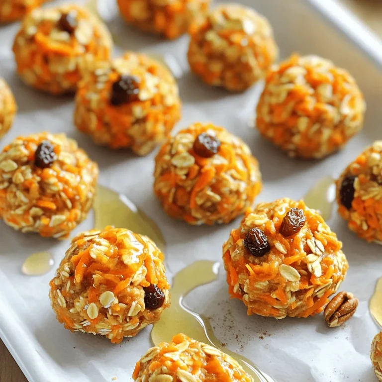 To make Carrot Cake Energy Bites, you will need a few simple ingredients. Here’s the list: - 1 cup rolled oats - 1 cup grated carrots (about 2 medium carrots) - 1/2 cup almond butter (or peanut butter) - 1/4 cup honey or maple syrup - 1/2 teaspoon vanilla extract - 1/2 teaspoon ground cinnamon - 1/4 teaspoon nutmeg - 1/4 cup raisins or chopped walnuts (optional) - Pinch of salt These ingredients not only taste good but also provide healthy benefits. The oats give you energy and fiber. Carrots add vitamins and sweetness. Almond butter or peanut butter adds healthy fats and protein. Honey or maple syrup gives a touch of natural sweetness. Spices like cinnamon and nutmeg enhance flavor while adding warmth. You can also mix in raisins or walnuts for extra texture and taste. This recipe is easy to follow, and you can find the full recipe online. Preparing these energy bites is a fun way to enjoy a snack that feels like dessert! 1. In a large mixing bowl, combine 1 cup of rolled oats and 1 cup of grated carrots. These two ingredients form the base of our tasty bites. 2. Next, add 1/2 cup of almond butter and 1/4 cup of honey (or maple syrup) along with 1/2 teaspoon of vanilla extract. Stir until everything blends well. 3. Now, mix in 1/2 teaspoon of ground cinnamon, 1/4 teaspoon of nutmeg, and a pinch of salt. These spices give our bites that classic carrot cake flavor. 4. If you like, fold in 1/4 cup of raisins or chopped walnuts for extra texture and sweetness. 5. Cover the bowl and chill the mixture in the refrigerator for 30 minutes. Chilling helps the mixture firm up so it's easier to roll. 6. After chilling, use your hands to roll the mixture into bite-sized balls, about 1 inch in diameter. This size is perfect for snacking! 7. Place the energy bites on a parchment-lined tray. This ensures they won’t stick and makes cleanup easy. 8. Finally, refrigerate the bites for at least 10 minutes. This step helps them hold their shape. You can enjoy them right away or store in an airtight container for up to one week. To make the best carrot cake energy bites, accurate measurements matter. Use a dry measuring cup for the oats and a liquid measuring cup for the honey or maple syrup. This ensures each bite has the same taste and texture. Mix your ingredients thoroughly. I find that using a sturdy spatula helps blend everything evenly. If you notice clumps, a quick stir will fix that. Feel free to swap nuts or nut butters. Almond butter gives a nice flavor, but peanut butter works too. You could also try sunflower seed butter for a nut-free option. Adjust your spices based on the season. In the fall, add a pinch of pumpkin spice. In spring, consider a bit of fresh ginger for a zesty touch. Pair these bites with a warm cup of tea or coffee. They also work well as a quick snack before or after a workout. If you're meal prepping, toss a few in lunchboxes for a healthy treat. They stay fresh in the fridge for about a week, so you can enjoy them anytime. For the full recipe, check out the earlier section. {{image_2}} Carrot Cake Energy Bites are packed with nutrients. The main ingredients offer a range of health benefits. - Rolled oats provide fiber and energy. - Carrots are rich in vitamins A and K. They help with vision and skin health. - Almond butter (or peanut butter) gives you healthy fats and protein. - Honey or maple syrup add natural sweetness with some antioxidants. - Cinnamon and nutmeg bring flavor and may help with digestion. Each serving has about 150 calories. This includes healthy fats and carbs, making it a great snack. These energy bites can fit many diets. They can be gluten-free if you use certified oats. You can also make them nut-free by swapping almond butter for sunflower seed butter. For a vegan option, use maple syrup instead of honey. You can also replace almond butter with a nut-free butter, like soy nut butter. For portion control, stick to one to two bites as a snack. They are great before or after a workout. Enjoy them as a quick pick-me-up during the day. You can also pack them for lunch or a road trip. These bites are easy to make and store. Keep them in the fridge for up to a week. They are ready to grab when you need a tasty, healthy snack! You can make your carrot cake energy bites even more fun with different flavors. Here are two great options: - Tropical Coconut Carrot Bites: Add 1/4 cup of shredded coconut to the mix. This gives a sweet, tropical twist. It pairs well with the carrots and spices. - Chocolate Chip Carrot Energy Bites: Mix in 1/4 cup of mini chocolate chips. This adds a rich, sweet touch. Who doesn't love chocolate with their snacks? Changing ingredients can make these bites unique. Here are some substitutions to consider: - Alternative Sweeteners or Binders: Try using agave syrup instead of honey. It adds a different sweetness while keeping the bites sticky. - Whole Grain Oats vs. Rolled Oats: You can use whole grain oats for a heartier texture. They are more nutritious and add fiber to your bites. Seasoning your bites can reflect the time of year. Here are two ideas: - Suggestions for Adding Pumpkin Spice in Fall: Add 1 teaspoon of pumpkin spice to the mix. It brings warm flavors like cinnamon and nutmeg. - Using Zucchini for a Summer Twist: Grate 1 cup of zucchini and mix it in. This keeps your bites moist and light, perfect for summer snacking. Explore these variations to keep your carrot cake energy bites exciting! For the full recipe, check out the earlier section. How long do carrot cake energy bites last? These energy bites stay fresh for up to one week in the fridge. Store them in an airtight container. Can I freeze these energy bites? Yes, you can freeze them! They last up to three months. Just thaw them in the fridge before eating. What other ingredients can I add? You can add seeds like chia or flaxseed. Dried cranberries and coconut flakes work well too. What to do if the mixture is too dry or wet? If it's dry, add a touch of almond butter or honey. If it's wet, add more oats. Tips for rolling energy bites easily Wet your hands slightly before rolling. This helps to prevent the mixture from sticking to your hands. Are carrot cake energy bites healthy? Yes, they are healthy! They contain fiber, healthy fats, and natural sugars. Enjoy them guilt-free! What makes a good energy snack? A good energy snack has fiber, protein, and healthy fats. Carrot cake energy bites hit all these marks. They keep you full and energized. For the full recipe, check the section above. In this post, we covered a simple, tasty recipe for carrot cake energy bites. You learned about the ingredients, step-by-step instructions, and helpful tips. These bites are healthy, easy to make, and fun to customize. Enjoy making them your own, whether you add nuts, spices, or even different sweeteners. These energy bites fit into many diets and fit perfectly into lunchboxes or snack time. Try them out and make snack time healthier and more enjoyable.