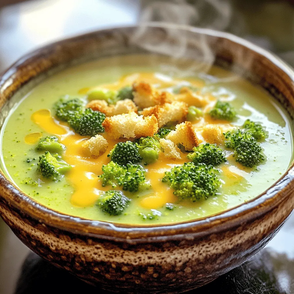- 4 cups fresh broccoli florets - 1 medium onion, chopped - 2 cloves garlic, minced - 4 cups vegetable broth - 2 cups shredded sharp cheddar cheese - 1 cup heavy cream (or coconut milk for dairy-free option) - 1 teaspoon mustard powder - 1 teaspoon paprika - Salt and pepper, to taste - 2 tablespoons olive oil - Optional: croutons for garnish You can swap fresh broccoli for frozen. Just cook it a bit longer. If you don’t have vegetable broth, chicken broth works too. You can use any onion type, but yellow or sweet onions give good flavor. If you want a lighter soup, use half and half instead of heavy cream. For a dairy-free version, coconut milk is the perfect choice. You will need a large pot to cook the soup. An immersion blender helps make it smooth. If you don’t have one, a regular blender is fine, but be careful with hot soup. A cutting board and a good knife help in chopping the onion and garlic. Don’t forget measuring cups and spoons for accuracy! Start by gathering your ingredients. You will need: - 4 cups fresh broccoli florets - 1 medium onion, chopped - 2 cloves garlic, minced - 4 cups vegetable broth - 2 cups shredded sharp cheddar cheese - 1 cup heavy cream (or coconut milk for dairy-free option) - 1 teaspoon mustard powder - 1 teaspoon paprika - Salt and pepper, to taste - 2 tablespoons olive oil - Optional: Croutons for garnish Next, chop the onion and mince the garlic. This will add a great base flavor. In a large pot, heat the olive oil over medium heat. Add the chopped onion. Sauté it for about 5 minutes until it turns soft. Then, stir in the minced garlic and cook for one more minute. You want it fragrant but not burnt. Now, add the broccoli florets to the pot. Pour in the vegetable broth and bring the mixture to a boil. Once boiling, reduce the heat and let it simmer for 10 to 15 minutes. You want the broccoli to get tender. After cooking, use an immersion blender to purée the soup until it's smooth. If you don’t have one, carefully transfer the soup in batches to a blender. Hot liquids can be tricky, so take care! When using a blender, never fill it more than halfway. This helps prevent spills. If the soup is too hot, it can create steam and pop the lid. Let the soup cool for a few minutes first. Return the puréed soup to the pot. Stir in the heavy cream (or coconut milk), mustard powder, and paprika. Wash your hands after handling spices. Gradually add the shredded cheddar cheese. Stir until it melts and mixes well. Finally, season with salt and pepper to taste. Adjust if needed. Serve hot, garnished with croutons if you like extra texture. This is how you create a warm, hearty bowl of cheddar broccoli soup. For the complete recipe, check the Full Recipe section. To make your cheddar broccoli soup shine, focus on the base. Start with fresh onions and garlic. Sauté them until soft. This step builds a strong flavor. Use sharp cheddar cheese for a bold taste. It melts well and adds richness. Don't forget the mustard powder and paprika. They bring out the cheese flavor and add depth. Taste your soup as you cook. Adjust salt and pepper to suit your needs. One common mistake is overcooking the broccoli. This can lead to a mushy texture and dull color. Cook it just until tender. Another mistake is adding cheese too fast. Gradually stir it in to help it melt evenly. Avoid using low-quality cheese. It can make the soup taste bland. Lastly, do not skip the cream or coconut milk. This adds creaminess, making your soup more enjoyable. For a smooth texture, use an immersion blender. It works well for hot soups. If you use a regular blender, let the soup cool a bit first. Always blend in small batches to avoid spills. If you want some chunks, blend only half the soup. Then mix it back in with the unblended part. This gives you a mix of smooth and chunky, just right for texture. Enjoy your rich and creamy cheddar broccoli bliss soup! For the full recipe, check out the details above. {{image_2}} If you want to switch up the cheese in your cheddar broccoli soup, try different options. You can use Gruyère for a nutty flavor. Fontina melts well and adds creaminess. For a sharper taste, you could add some blue cheese. Each cheese brings a unique twist to your soup, making it fun to explore new flavors. To make your soup heartier, think about adding protein. Cooked chicken or turkey can add a nice touch. For a tasty option, try adding crispy bacon bits. If you want a vegetarian choice, beans or lentils work well. Adding protein not only boosts flavor but also makes the meal more filling. If you prefer a dairy-free version, use coconut milk instead of cream. This gives the soup a rich texture. For cheese, look for vegan cheddar options. Nutritional yeast can also add a cheesy taste without dairy. These swaps make the soup friendly for everyone, while still keeping it delicious. To store your Cheddar Broccoli Soup, first let it cool down. Pour it into an airtight container. Label the container with the date. Place it in the fridge. It will stay fresh for about three to four days. When you’re ready to eat, just heat it up on the stove or in the microwave. If you want to keep the soup longer, freezing is a great option. Use freezer-safe containers or bags. Leave some space at the top, as soup expands when frozen. Cheddar Broccoli Soup can last for up to three months in the freezer. When you’re ready to enjoy it, thaw it in the fridge overnight. Reheat it slowly on the stove for the best taste. Stir often to make sure it heats evenly. The shelf life of Cheddar Broccoli Soup varies. In the fridge, it lasts about three to four days. In the freezer, it can stay good for three months. Always check for signs of spoilage, like a sour smell or strange color. If it looks off, it’s best to toss it. Proper storage keeps the soup fresh, tasty, and safe to eat. For the full recipe, check out the Cheddar Broccoli Bliss Soup section. Yes, you can make Cheddar Broccoli Soup ahead of time. It keeps well in the fridge for three to four days. Just cool it down before storing. When you are ready to eat, reheat it on the stove. Stir gently to keep it creamy. This soup is easy to make gluten-free. Just ensure the broth you use is gluten-free. Most vegetable broths are, but it’s good to check the label. The rest of the ingredients are naturally gluten-free. This lets everyone enjoy a warm bowl. You can serve many things with Cheddar Broccoli Soup. A fresh salad adds crispness. Some crusty bread is great for dipping. You might also enjoy it with a grilled cheese sandwich. Each option makes a nice meal that feels cozy. For more ideas, check out the Full Recipe. In this blog post, we explored how to make a delicious Cheddar Broccoli Soup. We covered essential ingredients, handy substitutions, and the right tools needed. I shared step-by-step cooking instructions and tips to get the best flavor and texture. We also discussed various ways to adapt the recipe for your needs, along with storage and reheating advice. Now you have all the tools to create this comforting soup. Dive in, enjoy, and share your favorite twists!