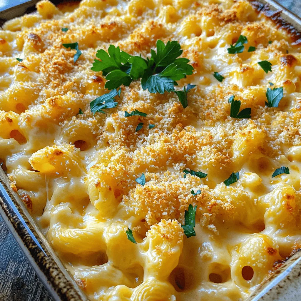- 1 lb elbow macaroni - 4 cups sharp cheddar cheese, grated - 1 cup mozzarella cheese, grated - 1 cup parmesan cheese, grated - 4 tablespoons unsalted butter - 1/4 cup all-purpose flour - 4 cups whole milk - 1 teaspoon garlic powder - 1 teaspoon onion powder - 1/2 teaspoon smoked paprika - Salt and pepper to taste - 1 cup breadcrumbs (optional for topping) - 1/4 cup fresh parsley, chopped (for garnish) - Use gluten-free pasta options for a gluten-free dish. - Try dairy-free cheese suggestions for a plant-based option. - Swap spices and seasoning for your taste. The ingredients listed here form the heart of my favorite mac and cheese. The sharp cheddar gives a rich taste, while mozzarella adds that stretchy cheese pull we all love. Parmesan brings in a nice depth of flavor. You can easily adjust the recipe to fit dietary needs or personal taste. For example, using gluten-free pasta or dairy-free cheese works great. Just keep the flavors balanced, and you will get a delightful result. Check out the Full Recipe for more detailed steps on how to put it all together. - Preheat your oven to 350°F (175°C). - Gather all ingredients and tools needed. - Boil salted water and add elbow macaroni. - Cook until al dente, then drain. - Melt butter and stir in flour. - Gradually whisk in milk without lumps. - Season and mix in cheeses until smooth. - Mix pasta with cheese sauce until well coated. - Transfer to a baking dish and add toppings. - Bake until golden and bubbly, about 20-25 minutes. This is the Full Recipe for the ultimate cheesy mac & cheese. Enjoy each creamy bite! To avoid lumps in your cheese sauce, keep stirring. Start with melted butter and flour. Cook it for just one minute. Then, slowly whisk in the milk. Stir as you add the milk. This helps keep the sauce smooth. For a creamy consistency, keep the heat at medium. Once the sauce thickens, remove it from the heat. Stir in your cheeses until they melt. Mixing in sharp cheddar, mozzarella, and parmesan gives the best flavor. To get an even brown top, spread breadcrumbs evenly. This creates a nice crunch. If you want extra crispiness, you can add more breadcrumbs. Bake at 350°F (175°C) for 20 to 25 minutes. You’ll know it’s ready when it’s golden and bubbly. Pair mac and cheese with a simple salad. A green salad adds freshness. You can also serve it with roasted veggies. For an appealing dish, use a nice bowl. Garnish with fresh parsley to add color. For the full recipe, check out the Ultimate Cheesy Mac & Cheese. {{image_2}} You can enjoy mac and cheese in many ways. For a vegan twist, use plant-based cheese. Here’s a simple vegan mac and cheese recipe: - 1 lb elbow macaroni - 1 cup cashews, soaked - 1 cup nutritional yeast - 2 cups unsweetened almond milk - 1 tablespoon lemon juice - 1 teaspoon garlic powder - Salt and pepper to taste Blend the soaked cashews, nutritional yeast, almond milk, lemon juice, garlic powder, salt, and pepper. Cook the macaroni, then mix it with the sauce. Heat until warm, and enjoy! If you need gluten-free options, use gluten-free elbow macaroni. Many brands make great pasta that tastes just as good. You can also thicken the cheese sauce with corn starch instead of flour. To make your mac and cheese even tastier, try adding proteins. Bacon or chicken adds a nice crunch and flavor. Just cook the bacon until crispy and chop it up. For chicken, use cooked, shredded chicken mixed into the dish. Adding vegetables is another great way to boost nutrition. Try spinach, broccoli, or peas. It adds color and makes your meal healthier. Just steam the veggies before mixing them in. Different regions have unique styles of mac and cheese. Southern-style mac and cheese is rich and creamy. It often includes eggs for extra texture. You can also add a blend of cheeses like gouda or pepper jack for a kick. New England-style mac and cheese often has a hint of sweetness. Some recipes even call for breadcrumbs on top for a crunchy finish. Try using a mix of cheddar and gruyere for a delightful flavor. For the full recipe, check out The Ultimate Cheesy Mac & Cheese . To store mac & cheese in the fridge, let it cool first. Place it in an airtight container. It can stay fresh for up to four days. If you want to freeze it, use a freezer-safe container. Make sure to leave some space for expansion. Frozen mac & cheese will last for about three months. When reheating, the oven gives the best results. Preheat your oven to 350°F (175°C). Place the mac & cheese in a baking dish. Add a splash of milk to keep it creamy. Cover it with foil to avoid drying out. Bake for about 20 minutes or until hot. The microwave is quicker but may dry it out. If you use it, heat in short bursts. Stir in between to keep it smooth. Mac & cheese lasts about four days in the fridge if stored right. Look for signs of spoilage. If it smells sour or has a strange color, throw it away. Avoid eating mac & cheese that has been left out for over two hours. Always ensure it's safe to eat! For mac & cheese, I love using a mix of cheeses. Sharp cheddar gives a nice bite. It melts well and adds great flavor. Mozzarella adds creaminess, while Parmesan brings a salty kick. Together, they create a rich and gooey cheese sauce that makes every bite special. Yes, you can make mac & cheese ahead of time! Follow these steps: - Prepare the dish as usual but do not bake it. - Cover it tightly and store it in the fridge for up to 24 hours. - When ready, bake it straight from the fridge. Add a few extra minutes to the baking time. If your mac & cheese turns out dry, don’t worry! Here are some easy fixes: - Add a splash of milk and stir well. - Try mixing in a bit of cream cheese for extra moisture. - You can also sprinkle some cheese on top and bake it briefly. This adds flavor and creaminess. Homemade mac & cheese is often better than store-bought. You control the ingredients and flavors. Store-bought versions may have preservatives or artificial flavors. With homemade, you can choose high-quality cheese and fresh ingredients. Plus, it’s fun to make and share with family! For the full experience, try my Full Recipe. Mac & cheese is a classic comfort dish. In this post, I shared the best ingredients, step-by-step cooking, tips for perfection, and fun variations. You can explore options for dietary needs and easy storage tips. This dish is not just about flavor; it can be tailored to fit everyone’s taste. Whether you enjoy it with crunchy toppings or rich cheeses, mac & cheese is sure to please. Now, go ahead and create your own creamy masterpiece!