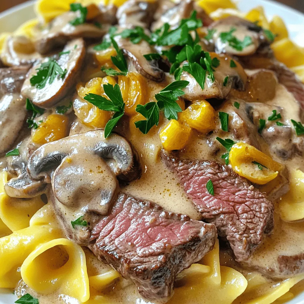 - 1 lb (450g) beef sirloin, sliced into thin strips - 2 tablespoons olive oil - 1 onion, finely chopped - 2 cloves garlic, minced For Classic Beef Stroganoff, we start with fresh beef sirloin. This cut gives the dish its rich flavor and tender texture. I like to slice it thin, which helps it cook quickly and evenly. Olive oil is your best friend here. It adds a nice richness as you sear the beef. Next, we need onion and garlic. These two ingredients build a solid flavor base. I chop the onion finely and mince the garlic. This way, they blend well into the dish. - 8 oz (225g) mushrooms, sliced - 1 cup beef broth - 1 tablespoon Dijon mustard - 1 cup sour cream Mushrooms are key for that earthy taste. I prefer sliced button mushrooms, but you can use any kind! Beef broth adds depth, making the sauce hearty. Dijon mustard gives a nice tang, balancing the creaminess of sour cream. This ingredient is a must for the classic flavor. - Cooked egg noodles - Fresh parsley I love serving this dish over egg noodles. They soak up the sauce nicely and add a comforting touch. Lastly, don’t forget the fresh parsley! A sprinkle of it adds color and a hint of freshness. For the full recipe and detailed steps, check out the Full Recipe. How to sear beef properly To sear the beef, heat olive oil in a large skillet on medium-high heat. Once hot, add the sliced beef. Cook for about 4-5 minutes until it is browned on all sides. This step locks in the flavor and keeps the beef juicy. Remove the beef from the skillet and set it aside. Sautéing onions and garlic In the same skillet, add the chopped onion and minced garlic. Stir them around for about 3-4 minutes. You want the onion to become soft and clear. This adds a nice base flavor to your dish. Combining flour and mushrooms Next, add the sliced mushrooms to the skillet. Cook them for about 5-7 minutes until they turn golden brown. Then, sprinkle flour over the mushroom mix and stir it well. This helps thicken your sauce. Adding broth and finishing the sauce Slowly pour in the beef broth while stirring constantly. This prevents lumps from forming. Bring the mixture to a simmer and let it thicken for about 3-4 minutes. Stir in Dijon mustard and Worcestershire sauce for extra flavor. Adding sour cream and seasoning Turn down the heat and add the sour cream. Mix it in until smooth. Return the seared beef to the skillet and stir to coat it in the sauce. Season with salt and pepper to taste. Garnishing and serving Let the stroganoff heat through for another 2-3 minutes. Now it's ready! Serve it over cooked egg noodles and garnish with fresh parsley. Enjoy a warm bowl of comfort with this creamy beef stroganoff. For the complete recipe, check out the Full Recipe section. - Achieving the right steak doneness: Use beef sirloin for the best flavor. Cook it over medium-high heat. You want it browned on the outside but still juicy inside. Aim for medium-rare to medium. This keeps the meat tender. - How to thicken your sauce without lumps: After cooking the mushrooms, sprinkle flour over the mix. Stir it well before adding broth. Slowly pour in the beef broth while stirring. This helps avoid lumps and makes your sauce smooth. - Prepping ingredients in advance: Cut your beef, onions, and mushrooms before cooking. This cuts down on cooking time. You can even do this the night before. Store them in the fridge until you are ready. - One-pan cooking to minimize cleanup: Use the same skillet for the whole dish. Start with your beef, then add onions, garlic, and mushrooms. This saves time and means fewer dishes to wash. - Creative ways to serve and present your dish: Serve stroganoff over egg noodles on a large plate. Add a sprinkle of fresh parsley for color. You can also serve it in individual bowls. This makes it look fancy and inviting. Presenting it well makes your meal even more enjoyable. For the full recipe, check out the details above. {{image_2}} You can change up the cut of meat in your stroganoff. Tenderloin adds a rich flavor and melts in your mouth. Ground beef is a great choice too if you want a quicker meal. Both options work well and taste amazing. You can also try different sauces. For a creamy base, use mushroom soup instead of sour cream. If you prefer plant-based options, there are great vegan sauces available. These alternatives can give your dish a new twist. If you need a gluten-free version, there are simple swaps. Use gluten-free flour and noodles. Many brands make tasty gluten-free pasta that works great with stroganoff. For a dairy-free twist, you can use coconut cream or cashew cream. Both options give a nice creamy texture without dairy. You won’t miss the sour cream at all! To make your stroganoff even tastier, add more herbs and spices. Fresh thyme or a touch of paprika can make a big difference. They add depth and warmth to the dish. You can also include vegetables like bell peppers or peas. These add color and nutrition to your meal. They blend well with the beef and sauce, making every bite delightful. For the full recipe and more details, check out the Full Recipe. To store leftovers safely, let the stroganoff cool down first. Place it in an airtight container. This keeps it fresh and tasty. Try to use containers that are freezer-safe if you plan to freeze it. Glass or heavy-duty plastic containers work well. Avoid using metal containers as they can react with the food. Reheating is easy if you do it right. You can use a microwave or stovetop. For the microwave, heat in short bursts. Stir the stroganoff in between to ensure even warming. If using the stovetop, add a splash of broth or water to keep it creamy. Stir it gently over low heat. This keeps the sauce smooth and prevents it from breaking. Classic Beef Stroganoff lasts about 3 to 4 days in the fridge. Keep it sealed tightly for best results. If you freeze it, it can last up to 3 months. Look for signs of spoilage, such as a sour smell or changes in color. If it looks off or smells bad, it’s best to toss it. Enjoy your stroganoff safely! For the full recipe, check out the detailed instructions. What can I substitute for sour cream? You can use Greek yogurt as a great sour cream replacement. It gives the same creamy taste. Another option is cream cheese mixed with milk. This mix makes a smooth and rich sauce. Can I make this dish ahead of time? Yes, you can prepare beef stroganoff ahead of time. Cook the beef and sauce, then let it cool. Store it in the fridge for up to three days. When ready, just reheat it on the stove. How do I make a lighter version? To make a lighter version, use lean cuts of beef, like sirloin. You can also swap sour cream for low-fat yogurt. Use less oil and serve over vegetables instead of noodles. What's the best way to slice beef for stroganoff? Always slice the beef against the grain. This makes the meat tender and easy to chew. Aim for thin strips, about 1/4 inch thick, for even cooking. What sides go well with beef stroganoff? Beef stroganoff pairs well with green beans or a fresh salad. You can also serve it with crusty bread to soak up the sauce. Can I serve it without noodles? Yes, you can serve beef stroganoff without noodles. It tastes great over rice, mashed potatoes, or even quinoa. This gives you options for a hearty meal without the carbs. For the full recipe, check out the Creamy Beef Stroganoff section above. Classic Beef Stroganoff is a rich and satisfying dish. We covered the key ingredients, step-by-step instructions, and helpful tips. You learned how to make it creamy and flavorful, even with changes for special diets. With proper storage and reheating tips, your leftovers will taste great too. This dish is perfect for family meals and special occasions. So get cooking and enjoy this classic comfort food!