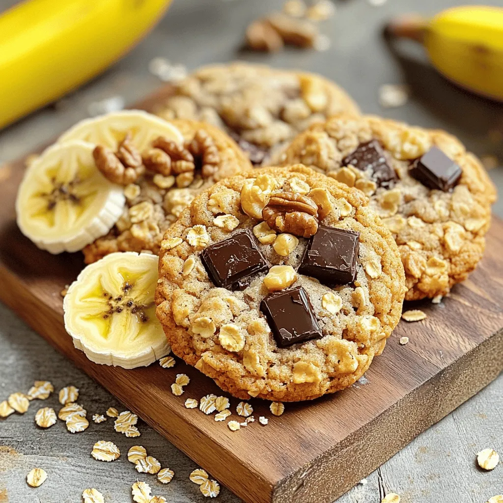 To make these tasty banana oatmeal cookies, you will need: - 2 ripe bananas, mashed - 1 cup rolled oats - 1/2 cup almond flour - 1/4 cup honey or maple syrup - 1/4 cup unsweetened applesauce - 1 teaspoon vanilla extract - 1/2 teaspoon baking soda - 1/2 teaspoon cinnamon - 1/4 cup dark chocolate chips (optional) - 1/4 cup chopped walnuts or pecans (optional) - Pinch of salt These ingredients blend well together. The bananas give moisture, while the oats add texture. Almond flour gives a nutty taste. Honey or maple syrup adds sweetness. You can add fun extras to your cookies. Here are some ideas: - 1/4 cup of shredded coconut - 1/2 teaspoon of nutmeg for warmth - 1/4 cup of dried fruits like cranberries or raisins - A handful of peanut butter chips for creaminess These add-ins can make your cookies unique. Feel free to mix and match based on your taste. If you have dietary needs, you can still enjoy these cookies. Here are some easy swaps: - Use gluten-free oats if you're gluten-sensitive. - Swap almond flour with oat flour for nut-free options. - Replace honey with agave syrup for a vegan choice. These substitutions help everyone enjoy banana oatmeal cookies. You can find the full recipe to try all these options! To make the dough for banana oatmeal cookies, start by gathering your ingredients. You will need ripe bananas, rolled oats, almond flour, honey or maple syrup, unsweetened applesauce, vanilla extract, baking soda, cinnamon, and a pinch of salt. If you like, add dark chocolate chips or nuts for extra flavor. 1. Preheat your oven to 350°F (175°C). Line a baking sheet with parchment paper. This will help the cookies not stick. 2. In a large bowl, mash the ripe bananas until smooth. Add honey or maple syrup, applesauce, and vanilla extract. Mix everything well. 3. In another bowl, whisk together rolled oats, almond flour, baking soda, cinnamon, and salt. This helps combine the dry ingredients evenly. 4. Gradually add the dry mix to the wet mix. Stir until combined. If you want, fold in chocolate chips and nuts at this point. Now that your dough is ready, it’s time to bake the cookies. 1. Use a spoon to scoop out the dough. Place spoonfuls on the prepared baking sheet. Space them about 2 inches apart. This gives them room to spread. 2. Bake in the oven for 12-15 minutes. Keep an eye on them until they are lightly golden brown. This means they are done. After baking, it’s important to cool the cookies properly. 1. Let the cookies cool on the baking sheet for 5 minutes. This makes them easier to move. 2. After 5 minutes, transfer them to a wire rack to cool completely. This helps them firm up. 3. For serving, arrange the cookies on a rustic wooden board. Add a few banana slices or a sprinkle of oats for a nice touch. Enjoy your delicious banana oatmeal cookies! You can find the Full Recipe above to follow these steps easily. To make sure your cookies stay soft, use ripe bananas. Ripe bananas are sweeter and add moisture. Mix the wet ingredients well to create a smooth batter. When you combine dry and wet ingredients, stir gently. Overmixing can make cookies tough. If you want a chewier texture, let the dough chill in the fridge for 30 minutes. One common mistake is using unripe bananas. They don’t mix well and can make your cookies dry. Another mistake is forgetting to measure ingredients correctly. Too much flour can lead to hard cookies. Also, avoid baking on a hot baking sheet. Always preheat your oven and use parchment paper. This helps the cookies bake evenly and not stick. You don’t need fancy tools for this recipe, but a few can help. A large mixing bowl is great for combining ingredients. A whisk makes blending easier. Use a spatula for scraping down the sides. A cookie scoop helps with even portions. Finally, parchment paper helps with easy cleanup and baking. For the full recipe, be sure to check the instructions! {{image_2}} You can make banana oatmeal cookies nut-free by skipping the almond flour. Use regular all-purpose flour or gluten-free flour instead. This way, everyone can enjoy these cookies, even those with nut allergies. Be sure to check labels to avoid cross-contamination if you need them to be gluten-free. Spices really change the taste of your cookies. Try adding 1/4 teaspoon of nutmeg for warmth. You can also use different extracts. Swap vanilla for almond extract for a new twist. A pinch of ginger or cardamom can make your cookies unique. These small changes can take your cookies from good to great. Fruits are a fun way to add flavor. Chop up some dried cranberries or apricots and mix them in. Fresh fruits like blueberries or diced apples can work too. If you love nuts, add chopped pecans or walnuts for crunch. Just remember to change the amount of oats if you add a lot of extra ingredients. Check the full recipe for guidance on balancing flavors. To keep your banana oatmeal cookies fresh, store them in an airtight container. This helps keep them soft and chewy. You can also use parchment paper between layers to avoid sticking. It’s best to store cookies at room temperature. They will stay good for about three to five days. If you want to save some cookies for later, freezing works great. First, let the cookies cool completely. Then, place them in a single layer on a baking sheet. Freeze them for about two hours. Once frozen, move them to a freezer-safe bag or container. Label it with the date. They can last up to three months in the freezer without losing flavor. To enjoy your cookies warm, reheat them easily. Preheat your oven to 350°F (175°C). Place the cookies on a baking sheet and heat for about five to seven minutes. This will warm them up and make them taste fresh. You can also microwave them for about ten seconds if you want a quick treat. Enjoy the warmth and the yummy taste! For the full recipe, check out the earlier section on ingredients and instructions. No, you should not use steel-cut oats in this recipe. Steel-cut oats are thicker and take longer to cook. This will change the texture of your cookies. Rolled oats are softer and blend well in the dough. They also bake evenly, giving you a great cookie. You can tell the cookies are done when they turn a light golden brown. This usually happens in 12 to 15 minutes at 350°F (175°C). The edges should feel set, but the center may look a bit soft. They will firm up as they cool. Trust your eyes and the timer for perfect results. Banana oatmeal cookies stay fresh for about a week at room temperature. Store them in an airtight container. If you want them to last longer, freeze them. They can keep well in the freezer for up to three months. Just let them thaw before enjoying again. For the full recipe, check the instructions above. In this post, we covered how to make banana oatmeal cookies. We discussed ingredients and included options for flavor. You can easily swap ingredients for dietary needs. The step-by-step guide helps you prepare, bake, and serve these treats. I shared tips to make them soft and avoid common mistakes. You can try fun variations and learn the best storage methods. Experimenting with these cookies can lead to delicious results. Enjoy baking and sharing your tasty cookies!