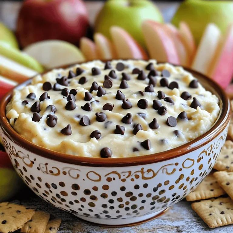 To make the best chocolate chip cookie dough dip, you'll need some simple but key ingredients: - 1 cup all-purpose flour (heat-treated for safety) - 1/2 cup brown sugar, packed - 1/2 cup granulated sugar - 1/2 cup unsalted butter, softened - 2 teaspoons vanilla extract - 1/4 teaspoon salt - 1/2 cup mini chocolate chips - 1/2 cup cream cheese, softened - 1/2 cup powdered sugar Each of these ingredients plays a big role. The flour gives it a doughy feel, while the sugars add sweetness. The butter and cream cheese create a rich, smooth texture. The vanilla brings warmth, and the mini chocolate chips add delightful bursts of chocolate with every bite. You can make this dip your own with some fun add-ins. Consider: - 1 cup whipped topping (for a lighter texture) - Chopped nuts (like walnuts or pecans) - A sprinkle of sea salt on top - Different flavored extracts (like almond or hazelnut) These options allow you to switch up the taste and texture. Whipped topping makes it fluffier, while nuts add a crunchy bite. A sprinkle of sea salt can enhance the sweetness nicely. If you need to swap an ingredient, here are some easy choices: - Use coconut flour for a gluten-free option. - Replace cream cheese with Greek yogurt for a tangy twist. - Use dairy-free butter and cream cheese for a vegan option. These substitutions help you cater to different diets or preferences. Just remember, the taste and texture might change slightly, but the dip will still be delicious! For the full recipe, check out the detailed instructions above. To start, gather your ingredients. In a large bowl, cream together the softened butter, brown sugar, granulated sugar, and cream cheese. Mix until it is smooth. Adding the vanilla extract and salt comes next. Stir well to blend all the flavors. Now, it's time to add the flour. Make sure it’s heat-treated for safety. Gradually mix it in. This will help avoid lumps. Keep stirring until everything is combined. The dough should be thick and creamy. Once your base is ready, it's time for the fun part! Gently fold in the mini chocolate chips. Use a spatula to make sure they are evenly spread throughout the dough. This step adds that delightful chocolate flavor in every bite. If you want a lighter dip, consider adding whipped topping. Just fold it in gently. This will make the dip fluffier and even more enjoyable! Now, transfer your cookie dough dip to a serving bowl. Smooth the top with your spatula for a nice finish. Cover the bowl with plastic wrap. Place it in the fridge for at least 30 minutes. Chilling helps the flavors mix well together. When you are ready to serve, take it out of the fridge. For a nice touch, sprinkle some extra mini chocolate chips on top. Serve it with graham crackers, pretzels, or apple slices. You can find the Full Recipe for more details! To get the perfect creamy texture, start with softened butter and cream cheese. Mix them well with the sugars until smooth. This step is key. If you want a lighter dip, add whipped topping. Fold it in gently to keep the air in. You can boost the flavor by adding a pinch of cinnamon or a splash of almond extract. This gives the dip a warm, cozy taste. You might even want to mix in some chopped nuts or peanut butter for a twist. The mini chocolate chips bring sweetness, but feel free to experiment with dark chocolate or white chocolate chips too. When it's time to serve, think about what you can dip into this treat. Graham crackers are classic and crunchy. Pretzels bring a salty kick, which pairs well. Apple slices add freshness, and mini cookies make it a sweet delight. Arrange these dippers in a fun way to make your spread even more inviting. For an eye-catching finish, sprinkle extra mini chocolate chips on top. {{image_2}} To make a gluten-free version, simply swap the all-purpose flour for gluten-free flour. Make sure to use a blend that works well in desserts. Heat-treat the gluten-free flour the same way to keep it safe. This dip tastes just as good, and everyone can enjoy it! Want to add some crunch? Stir in chopped nuts, like walnuts or pecans. You can add about 1/2 cup of nuts to the base mix. This twist brings great flavor and texture. It pairs perfectly with the sweet chocolate chips! For a vegan version, replace the butter and cream cheese with plant-based options. Use vegan butter and a dairy-free cream cheese. You can also swap honey or regular sugar for maple syrup or coconut sugar. This way, everyone can enjoy the dip, and it still tastes amazing! You can find the Full Recipe to make the base dip, then try out these fun variations. To store your chocolate chip cookie dough dip, place it in an airtight container. This keeps it fresh and safe from air. Make sure to seal it tightly. You can store it in the fridge for easy access. The dip stays fresh in the fridge for about five days. After that, it may lose its taste and texture. Always check for any signs of spoilage, like off smells or changes in color. If it looks or smells funny, it’s best to toss it. If you want to keep some dip for later, freezing works well. Scoop the dip into a freezer-safe container. Leave some space at the top, as the dip may expand. You can freeze it for up to three months. When you're ready to enjoy it, thaw it in the fridge overnight. This keeps it safe and tasty. For the best flavor, use the dip within a month after thawing. Yes, you can eat the cookie dough dip raw. It tastes great and is safe to eat. We heat-treat the flour to kill any germs. Just make sure all your ingredients are fresh. This dip is rich and creamy, perfect for indulging. The dip lasts about five days in the fridge. Store it in an airtight container. Keep it tightly sealed to maintain its flavor. If you notice any changes in taste or texture, it’s best to toss it. You can serve the dip with many fun dippers. Try graham crackers, pretzels, or apple slices. Mini cookies also work well for a sweet treat. For a twist, use fruit like strawberries or bananas. Get creative and have fun with it! For more details, check the Full Recipe. You learned how to make a tasty chocolate chip cookie dough dip. We covered key ingredients and fun add-ins. You now know how to prepare the dip, ensuring a creamy texture, and serve it with the best dippers. Variations like gluten-free and vegan options make it easy for everyone. Finally, I shared storage tips so you can enjoy leftovers. Experiment with flavors and make it your own. Enjoy your yummy treat!