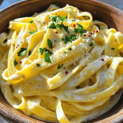 - 8 oz fettuccine or spaghetti - 3 tablespoons unsalted butter - 4 cloves garlic, minced - 1 cup heavy cream - 1 cup freshly grated Parmesan cheese - 1 teaspoon Italian seasoning - Salt and pepper to taste - Fresh parsley, chopped (for garnish) - Crushed red pepper flakes for heat When I make creamy garlic Parmesan pasta, I focus on fresh, high-quality ingredients. The main star is the pasta, either fettuccine or spaghetti. I love how fettuccine holds the sauce so well. The butter adds richness, while the garlic gives that lovely aroma and flavor. Next, the heavy cream blends perfectly with the cheese to create a smooth sauce. I always use freshly grated Parmesan. It melts better and tastes fresher than pre-grated options. Italian seasoning adds depth to the dish without overwhelming it. For those who enjoy a little kick, I recommend crushed red pepper flakes. They bring heat to the dish and balance the creaminess. Chopped parsley not only looks good but adds a fresh taste too. This creamy garlic Parmesan pasta is simple yet satisfying. You can find the complete recipe in the Full Recipe section. Enjoy cooking! Start by boiling water in a large pot. Add salt to the water for flavor. Once the water reaches a rolling boil, add 8 oz of fettuccine or spaghetti. Cook the pasta as the package says, usually about 8 to 10 minutes. You want it al dente, which means it should be firm but not hard. When the pasta is done, reserve ½ cup of the pasta water in a bowl. Then, drain the rest and set the pasta aside. In a large skillet, melt 3 tablespoons of unsalted butter over medium heat. Once the butter is melted, add 4 minced garlic cloves. Sauté the garlic for 1 to 2 minutes. You want it fragrant but not browned, as this can make it bitter. Next, pour in 1 cup of heavy cream and let it simmer gently. Gradually whisk in 1 cup of freshly grated Parmesan cheese. Keep stirring until the cheese melts and the sauce is creamy. Add the drained pasta directly into the skillet with the sauce. Toss it well, so the pasta gets coated in the creamy garlic Parmesan sauce. If the sauce is too thick, use the reserved pasta water to thin it out. Add a little at a time until you reach your preferred consistency. This step ensures every bite is rich and flavorful. For a bit of heat, you can mix in crushed red pepper flakes if you like. How to avoid clumping To keep your pasta from clumping, make sure to stir it while it cooks. Adding salt to the boiling water also helps. Once the pasta is done, drain it quickly. Do not rinse the pasta, as this washes away the starch that helps the sauce stick. Adjusting thickness with pasta water If your sauce seems too thick, use the reserved pasta water. Add a little at a time. This water contains starch, which can help thin the sauce while keeping it creamy. It’s a game-changer for the perfect texture. Recommended seasonings and add-ins To boost flavor, try adding fresh herbs like basil or thyme. A pinch of nutmeg can add warmth, too. For extra zing, consider lemon juice or zest. These small tweaks can make a big difference in taste. Suggestions for protein or vegetables to add You can add grilled chicken or sautéed shrimp for protein. For veggies, try spinach, sun-dried tomatoes, or peas. They not only taste great but also add color and nutrition to your dish. Best pairings for garlic Parmesan pasta This creamy pasta pairs well with a simple side salad or garlic bread. A light white wine, like Pinot Grigio, complements the dish nicely. These pairings can elevate your meal. Creative garnishing ideas Garnish with chopped parsley for color. You can also sprinkle extra Parmesan or a dash of crushed red pepper flakes on top. These small touches enhance both taste and presentation. For the full recipe, click [Full Recipe]. {{image_2}} To make a vegan version, swap the butter and cream with plant-based options. Use olive oil or vegan butter instead of regular butter. For cream, try coconut cream or cashew cream. Nutritional yeast can replace Parmesan cheese. It adds a cheesy flavor without dairy. You can also add fresh herbs for extra taste. If you need gluten-free pasta, there are great options. Look for pasta made from rice, quinoa, or lentils. These types taste good and hold sauce well. They are perfect for this creamy dish. Always check the package for cooking times, as they may differ from regular pasta. You can easily change the dish by adding proteins. Cooked chicken or shrimp works well. Just add them to the sauce before mixing in the pasta. For veggies, try spinach, broccoli, or peas. They add color and nutrients. Sauté the vegetables briefly in the butter before adding the sauce. This keeps them crisp and fresh. For the full recipe, check out the previous section. To reheat creamy garlic Parmesan pasta, use a skillet. This method helps keep the pasta moist. Add a splash of water or cream to the pan. Heat on low, stirring gently. Avoid high heat; it can dry out the sauce. You can also use the microwave. Place the pasta in a microwave-safe bowl. Add a little cream or water. Cover the bowl with a lid or a damp paper towel. Heat in short bursts, stirring in between. You can freeze creamy garlic Parmesan pasta, but it’s best to do it without the sauce. Cook the pasta, then let it cool. Place it in a freezer-safe bag. Remove as much air as you can. For the sauce, store it in a separate container. When you're ready to eat, thaw both in the fridge overnight. Reheat the sauce on the stove. Once warm, mix it with the pasta for a fresh dish. Creamy garlic Parmesan pasta lasts in the fridge for about 3 to 5 days. Make sure to store it in an airtight container. If you notice any change in smell or color, it’s best to throw it away. To keep it fresh longer, you can freeze it. This way, you can enjoy a tasty meal later on! For the complete recipe, check the Full Recipe section. To boost the taste of creamy garlic Parmesan pasta, try these easy tips: - Add fresh herbs: Incorporate basil or thyme for a fresh kick. - Use good-quality cheese: Freshly grated Parmesan packs more flavor. - Mix in spices: Add garlic powder or onion powder for depth. - Include protein: Grilled chicken or shrimp can enhance the dish. - Add vegetables: Spinach, sun-dried tomatoes, or mushrooms enrich flavor and nutrition. These tweaks can elevate the dish and make your meal even more delightful. Yes, you can prep creamy garlic Parmesan pasta in advance. Here’s how: - Cook the pasta: You can cook the pasta a day ahead. Toss it with a bit of olive oil to prevent sticking. - Make the sauce: Prepare the creamy sauce separately and store it in the fridge. - Mix before serving: When ready to serve, warm the sauce and combine it with the pasta. This keeps the pasta from getting soggy. This method allows you to enjoy a quick dinner without losing any flavor. If you need a substitute for Parmesan cheese, consider these options: - Pecorino Romano: It has a strong flavor but is saltier than Parmesan. - Grana Padano: Similar taste but milder and less nutty. - Asiago: Offers a sharp flavor, great for pasta dishes. - Nutritional yeast: A vegan option with a cheesy flavor. Each cheese brings its unique taste, so choose one that fits your preference. This blog post covered how to make creamy garlic Parmesan pasta. We explored the main ingredients, the step-by-step cooking process, and useful tips. We also discussed variations for different diets and how to store leftovers. You can now create a delicious dish tailored to your taste. Whether you prefer it vegan or gluten-free, this pasta is easy to make. Enjoy cooking, and remember, the best meals bring joy.