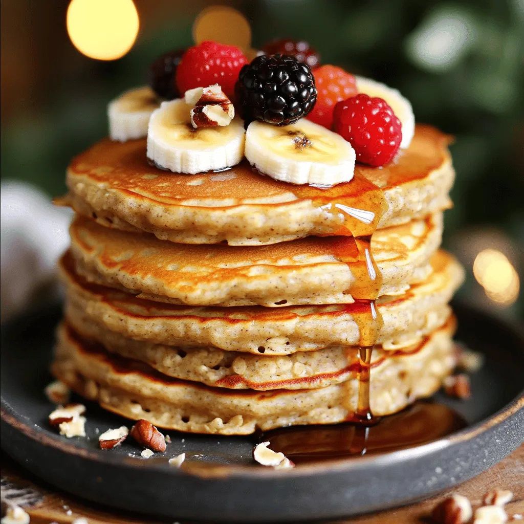 To make banana oatmeal pancakes, you need simple and wholesome ingredients. Here’s what you will need: - 1 cup rolled oats - 1 ripe banana, mashed - 1 cup milk (dairy or plant-based) - 1 teaspoon baking powder - 1/2 teaspoon cinnamon - 1/4 teaspoon salt - 1 tablespoon honey or maple syrup (optional) - 1 large egg - Coconut oil or butter for cooking - Optional toppings: fresh fruits, nuts, honey, or maple syrup Each ingredient plays an important role. The oats provide a hearty base and fiber. The banana adds natural sweetness and moisture. The milk helps bind everything together. Baking powder gives the pancakes lift. Cinnamon adds warmth and flavor. Salt enhances all the tastes. Honey or maple syrup is optional but adds a nice touch. The egg helps with texture. Use coconut oil or butter for a rich, delicious finish. Feel free to experiment with toppings! Fresh fruits like berries or sliced bananas brighten the dish. Nuts can add crunch and protein. Drizzle with honey or syrup for extra sweetness. For the full recipe, check out the details above. - Step 1: Blend rolled oats into flour consistency. Use a blender or food processor. This helps make the pancakes fluffy. - Step 2: Combine all ingredients in a mixing bowl. Add the mashed banana, milk, baking powder, cinnamon, salt, honey, and egg. Mix well until smooth. The batter should feel a bit thick but pourable. - Step 3: Heat skillet and cook pancakes. Use medium heat. Add a bit of coconut oil or butter to prevent sticking. - Cooking time per pancake: Cook each pancake for about 2-3 minutes. Look for bubbles forming on the surface. - How to know when to flip the pancakes: Flip when bubbles burst and the edges look set. Cook the other side for another 2-3 minutes until golden brown. - Recommended toppings: Try fresh fruits like sliced bananas and berries. Nuts add crunch. A drizzle of honey or maple syrup makes it sweet. - Suggested pairings with drinks or sides: Serve with a glass of milk or fresh fruit juice. You can also enjoy them with yogurt on the side. For the complete recipe, check the Full Recipe section. To make great pancakes, focus on your batter's consistency. You want it thick but pourable. If it’s too runny, add a little more oat flour. If it’s too thick, add a splash of milk. Mixing well helps all the ingredients blend together. To prevent sticking, heat your skillet over medium heat. Use a bit of coconut oil or butter before each pancake. Wait until it’s hot, then pour your batter. The pancakes should flip easily if the skillet is at the right temperature. Bananas and oats pack many health benefits. Bananas give energy and potassium, while oats provide fiber and protein. Together, they make a filling breakfast. Be mindful of allergens. If you’re allergic to eggs, you can use flaxseed meal mixed with water as a substitute. For dairy-free options, choose plant-based milk. Both swaps keep the recipe tasty. You will need a blender to make oat flour. A mixing bowl for combining ingredients is essential. A good non-stick skillet is best for cooking. For easy cleanup, use parchment paper to line your workspace. Clean your tools right after cooking; it makes washing easier. Enjoy your cooking time! {{image_2}} You can add different fruits to your banana oatmeal pancakes for fun flavors. Try adding blueberries or strawberries for a burst of sweetness. Chocolate chips also work well if you crave something sweeter. These additions make your pancakes colorful and tasty. Just fold them in gently before cooking. If you need gluten-free pancakes, use almond flour or oat flour instead of rolled oats. These options taste great and keep the pancakes light. For a vegan version, replace the egg with flaxseed meal or applesauce. Use almond milk or coconut milk in place of regular milk. These swaps keep your pancakes delicious and suitable for everyone. To enhance the flavor, add a splash of vanilla extract or a pinch of nutmeg. These small changes create a wonderful aroma and taste. For toppings, try fresh fruits, yogurt, or a drizzle of honey. You can also sprinkle nuts on top for added crunch. Each variation makes breakfast exciting and unique. To keep your leftover pancakes fresh, store them in the fridge. Place them in an airtight container. They will stay good for about 3 days. You can also freeze pancakes for later use. Stack them with parchment paper in between each pancake. Then, place the stack in a freezer bag. This way, they won’t stick together. Frozen pancakes can last for about 2 months. The best way to reheat pancakes is in the microwave or on a skillet. For the microwave, place pancakes on a plate and cover them with a damp paper towel. Heat for about 20-30 seconds. This keeps them soft. If you prefer a skillet, heat it over medium-low heat. Add a little butter or oil, then warm the pancakes for about 1-2 minutes on each side. For serving, you can add fresh fruits and a drizzle of syrup. This makes them taste just like fresh pancakes! Enjoy your breakfast! Can I make these pancakes vegan? Yes, you can make these pancakes vegan. Use plant-based milk and replace the egg with one tablespoon of ground flaxseed mixed with three tablespoons of water. Let it sit for five minutes to thicken. How can I make the pancakes fluffier? To make the pancakes fluffier, add an extra half teaspoon of baking powder. Whisk the egg whites separately until they are fluffy, then fold them into the batter gently. This will add air and lightness. What can I use instead of bananas? You can use applesauce, mashed sweet potatoes, or pureed pumpkin instead of bananas. Each will give a different flavor but still keep the pancakes moist and tasty. How do I get my pancakes golden brown without burning? Cook the pancakes over medium heat. If the skillet is too hot, the pancakes will burn. You can test the heat by sprinkling a few drops of water on the skillet. If they sizzle, it’s ready. Adjust the heat as needed. Caloric content per serving Each serving of banana oatmeal pancakes has about 220 calories. This can vary based on added toppings. Key nutrients in banana oatmeal pancakes These pancakes are rich in fiber, potassium, and healthy carbs. The oats provide energy, while bananas add natural sweetness and nutrients. In this post, we explored how to make banana oatmeal pancakes using simple ingredients. You learned about each step, from blending oats to cooking the pancakes. I shared tips for perfecting your pancakes and variations to suit your taste. These pancakes are tasty and healthy. They are easy to make and fun to share. Next time you crave pancakes, try this recipe. You’ll enjoy every bite.
