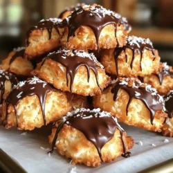 To make coconut macaroons, gather these simple ingredients: - 3 cups unsweetened shredded coconut - 1 cup sweetened condensed milk - 1 teaspoon pure vanilla extract - 1/4 teaspoon almond extract - 2 large egg whites - 1/4 teaspoon sea salt - 1/2 cup dark chocolate chips (optional for drizzling) These ingredients create a lovely balance of sweet and chewy. You can play with flavors and textures. Here are some ideas: - Add 1/2 cup chopped nuts, like almonds or walnuts. - Mix in 1/2 teaspoon of orange or lemon zest for a citrus twist. - Use milk chocolate chips instead of dark chocolate for a sweeter taste. These options give your cookies a fun twist. If you need to swap out any ingredients, consider these options: - Use 1/2 cup of coconut cream instead of sweetened condensed milk for a dairy-free version. - Replace egg whites with aquafaba (the liquid from canned chickpeas) for an egg-free option. - If you don't have almond extract, just use more vanilla extract. These substitutions can still yield delicious results. For the full recipe, you can refer to the Full Recipe section. Enjoy your baking! Start by gathering all your ingredients. You need: - 3 cups unsweetened shredded coconut - 1 cup sweetened condensed milk - 1 teaspoon pure vanilla extract - 1/4 teaspoon almond extract - 2 large egg whites - 1/4 teaspoon sea salt - 1/2 cup dark chocolate chips (optional for drizzling) Now, preheat your oven to 325°F (160°C). This step is key for even baking. Line a baking sheet with parchment paper to prevent sticking. In a large mixing bowl, combine the shredded coconut, sweetened condensed milk, vanilla extract, almond extract, and sea salt. Mix until it’s well blended. In another bowl, beat the egg whites with an electric mixer. You want them to form stiff peaks. This creates a light and airy texture in your macaroons. Gently fold the whipped egg whites into the coconut mixture. Be careful not to deflate the egg whites. Using a small cookie scoop or your hands, shape the mixture into small mounds. Place them about an inch apart on the baking sheet. This gives them room to spread. Bake the macaroons in your preheated oven for 20 to 25 minutes. Keep an eye on them; you want the tops golden brown. Once baked, remove the cookies from the oven and let them cool on the baking sheet for about 10 minutes. This helps them firm up. After that, transfer them to a wire rack to cool completely. For a fun touch, you can melt the dark chocolate chips in a microwave-safe bowl. Do this in 30-second intervals, stirring until smooth. Drizzle the melted chocolate over the cooled macaroons. This adds a delicious twist! For the full recipe, check out the earlier section. Enjoy your delightful coconut macaroons! When making coconut macaroons, avoid using sweetened coconut. It can make the cookies too sweet. Also, don’t skip the egg whites. They give the cookies a nice lift. Mixing too fast can break the air bubbles. Gently fold the egg whites to keep that light texture. To get the best texture, whip the egg whites until they form stiff peaks. This is key! The peaks should stand tall and not droop. When folding, be careful. You want to keep as much air in as possible. This helps your macaroons rise well in the oven. Want to jazz up your macaroons? Try adding a splash of almond extract. It adds a nice touch! You can also mix in some lemon zest for a fresh twist. If you love chocolate, drizzle melted dark chocolate on top after baking. It makes the cookies even more special. For the full recipe, check the earlier section. {{image_2}} You can easily make these cookies dairy-free. Just skip the sweetened condensed milk. Instead, use coconut cream. This will keep the rich taste and moist texture. You can find coconut cream in most stores. It works great in this recipe. Simply swap it in for the milk, and you are all set! For a nut-free option, omit the almond extract. Many people have nut allergies, so this is key. You can still enjoy full flavor with just vanilla extract. This keeps the cookies safe for everyone. Always check the labels on your ingredients to be sure they are nut-free. Chocolate makes everything better! To create chocolate-dipped macaroons, follow the full recipe. After cooling, melt some dark chocolate. Drizzle or dip each macaroon in the melted chocolate. You can also add toppings like crushed nuts or sea salt for extra flair. These variations add excitement to your delicious treats! To keep your coconut macaroons fresh, store them in an airtight container. Line the container with parchment paper to absorb moisture. Place layers of cookies separated by parchment paper. This method helps keep them from sticking together. Store them at room temperature for the best taste and texture. You can freeze coconut macaroons for later enjoyment. First, let them cool completely. Then, place them in a single layer on a baking sheet. Freeze for about an hour until firm. After that, transfer them to a freezer bag. Squeeze out as much air as you can. Label the bag with the date. Frozen macaroons can last up to three months. Homemade coconut macaroons stay fresh for about one week at room temperature. If stored properly in an airtight container, they can last up to two weeks. However, if you freeze them, you can enjoy the cookies for much longer. Just remember to thaw them in the fridge overnight before eating. For the full recipe, check out the Coconut Joyous Macaroons. You can replace eggs by using aquafaba, which is the liquid from canned chickpeas. Use about 3 tablespoons of aquafaba to replace each egg white. Whip it until it forms stiff peaks, just like egg whites. This will give your macaroons a light and fluffy texture. You can also try using silken tofu blended until smooth as a substitute. Yes, you can use sweetened coconut if you want a sweeter treat. Just remember that it will add extra sugar to your macaroons. This might change the texture slightly, but the end result will still be delicious. Adjust the amount of sweetened condensed milk if you feel it is too sweet for your taste. If you don't have condensed milk, you can make a simple substitute. Mix one cup of milk with 1/4 cup of sugar and heat it until the sugar dissolves. Let it cool and thicken. You can also use coconut cream, which will add more coconut flavor. This will change the texture, but it will still work well in the recipe. You will know the macaroons are done when they turn a lovely golden brown on top. The edges should look slightly crispy, while the inside remains soft. You can also gently touch the tops; they should feel firm but not hard. Remember to cool them before you taste to let the flavors settle. Coconut macaroon cookies are fun and easy to make. We explored key ingredients, steps for baking, and tips for great results. You can even customize them to fit your tastes with variations and substitutions. Remember, storage matters too, as keeping them fresh allows you to enjoy these treats longer. Use what you’ve learned to create your perfect batch. With a bit of practice, you’ll master coconut macaroons that everyone loves. Happy baking!