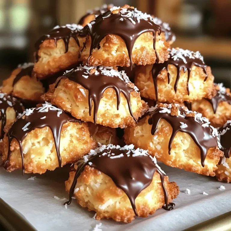 To make coconut macaroons, gather these simple ingredients: - 3 cups unsweetened shredded coconut - 1 cup sweetened condensed milk - 1 teaspoon pure vanilla extract - 1/4 teaspoon almond extract - 2 large egg whites - 1/4 teaspoon sea salt - 1/2 cup dark chocolate chips (optional for drizzling) These ingredients create a lovely balance of sweet and chewy. You can play with flavors and textures. Here are some ideas: - Add 1/2 cup chopped nuts, like almonds or walnuts. - Mix in 1/2 teaspoon of orange or lemon zest for a citrus twist. - Use milk chocolate chips instead of dark chocolate for a sweeter taste. These options give your cookies a fun twist. If you need to swap out any ingredients, consider these options: - Use 1/2 cup of coconut cream instead of sweetened condensed milk for a dairy-free version. - Replace egg whites with aquafaba (the liquid from canned chickpeas) for an egg-free option. - If you don't have almond extract, just use more vanilla extract. These substitutions can still yield delicious results. For the full recipe, you can refer to the Full Recipe section. Enjoy your baking! Start by gathering all your ingredients. You need: - 3 cups unsweetened shredded coconut - 1 cup sweetened condensed milk - 1 teaspoon pure vanilla extract - 1/4 teaspoon almond extract - 2 large egg whites - 1/4 teaspoon sea salt - 1/2 cup dark chocolate chips (optional for drizzling) Now, preheat your oven to 325°F (160°C). This step is key for even baking. Line a baking sheet with parchment paper to prevent sticking. In a large mixing bowl, combine the shredded coconut, sweetened condensed milk, vanilla extract, almond extract, and sea salt. Mix until it’s well blended. In another bowl, beat the egg whites with an electric mixer. You want them to form stiff peaks. This creates a light and airy texture in your macaroons. Gently fold the whipped egg whites into the coconut mixture. Be careful not to deflate the egg whites. Using a small cookie scoop or your hands, shape the mixture into small mounds. Place them about an inch apart on the baking sheet. This gives them room to spread. Bake the macaroons in your preheated oven for 20 to 25 minutes. Keep an eye on them; you want the tops golden brown. Once baked, remove the cookies from the oven and let them cool on the baking sheet for about 10 minutes. This helps them firm up. After that, transfer them to a wire rack to cool completely. For a fun touch, you can melt the dark chocolate chips in a microwave-safe bowl. Do this in 30-second intervals, stirring until smooth. Drizzle the melted chocolate over the cooled macaroons. This adds a delicious twist! For the full recipe, check out the earlier section. Enjoy your delightful coconut macaroons! When making coconut macaroons, avoid using sweetened coconut. It can make the cookies too sweet. Also, don’t skip the egg whites. They give the cookies a nice lift. Mixing too fast can break the air bubbles. Gently fold the egg whites to keep that light texture. To get the best texture, whip the egg whites until they form stiff peaks. This is key! The peaks should stand tall and not droop. When folding, be careful. You want to keep as much air in as possible. This helps your macaroons rise well in the oven. Want to jazz up your macaroons? Try adding a splash of almond extract. It adds a nice touch! You can also mix in some lemon zest for a fresh twist. If you love chocolate, drizzle melted dark chocolate on top after baking. It makes the cookies even more special. For the full recipe, check the earlier section. {{image_2}} You can easily make these cookies dairy-free. Just skip the sweetened condensed milk. Instead, use coconut cream. This will keep the rich taste and moist texture. You can find coconut cream in most stores. It works great in this recipe. Simply swap it in for the milk, and you are all set! For a nut-free option, omit the almond extract. Many people have nut allergies, so this is key. You can still enjoy full flavor with just vanilla extract. This keeps the cookies safe for everyone. Always check the labels on your ingredients to be sure they are nut-free. Chocolate makes everything better! To create chocolate-dipped macaroons, follow the full recipe. After cooling, melt some dark chocolate. Drizzle or dip each macaroon in the melted chocolate. You can also add toppings like crushed nuts or sea salt for extra flair. These variations add excitement to your delicious treats! To keep your coconut macaroons fresh, store them in an airtight container. Line the container with parchment paper to absorb moisture. Place layers of cookies separated by parchment paper. This method helps keep them from sticking together. Store them at room temperature for the best taste and texture. You can freeze coconut macaroons for later enjoyment. First, let them cool completely. Then, place them in a single layer on a baking sheet. Freeze for about an hour until firm. After that, transfer them to a freezer bag. Squeeze out as much air as you can. Label the bag with the date. Frozen macaroons can last up to three months. Homemade coconut macaroons stay fresh for about one week at room temperature. If stored properly in an airtight container, they can last up to two weeks. However, if you freeze them, you can enjoy the cookies for much longer. Just remember to thaw them in the fridge overnight before eating. For the full recipe, check out the Coconut Joyous Macaroons. You can replace eggs by using aquafaba, which is the liquid from canned chickpeas. Use about 3 tablespoons of aquafaba to replace each egg white. Whip it until it forms stiff peaks, just like egg whites. This will give your macaroons a light and fluffy texture. You can also try using silken tofu blended until smooth as a substitute. Yes, you can use sweetened coconut if you want a sweeter treat. Just remember that it will add extra sugar to your macaroons. This might change the texture slightly, but the end result will still be delicious. Adjust the amount of sweetened condensed milk if you feel it is too sweet for your taste. If you don't have condensed milk, you can make a simple substitute. Mix one cup of milk with 1/4 cup of sugar and heat it until the sugar dissolves. Let it cool and thicken. You can also use coconut cream, which will add more coconut flavor. This will change the texture, but it will still work well in the recipe. You will know the macaroons are done when they turn a lovely golden brown on top. The edges should look slightly crispy, while the inside remains soft. You can also gently touch the tops; they should feel firm but not hard. Remember to cool them before you taste to let the flavors settle. Coconut macaroon cookies are fun and easy to make. We explored key ingredients, steps for baking, and tips for great results. You can even customize them to fit your tastes with variations and substitutions. Remember, storage matters too, as keeping them fresh allows you to enjoy these treats longer. Use what you’ve learned to create your perfect batch. With a bit of practice, you’ll master coconut macaroons that everyone loves. Happy baking!