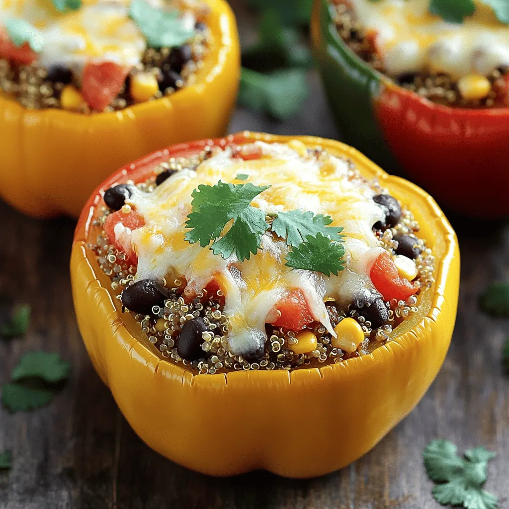 To make these tasty stuffed bell peppers with quinoa, gather these key ingredients: - 4 medium bell peppers (any color) - 1 cup quinoa, rinsed - 2 cups vegetable broth - 1 can (15 oz) black beans, drained and rinsed - 1 cup corn kernels (fresh, frozen, or canned) - 1 cup diced tomatoes (fresh or canned) - 1 teaspoon cumin - 1 teaspoon paprika - ½ teaspoon chili powder - ½ cup diced red onion - 1 clove garlic, minced - Salt and pepper to taste - 1 cup shredded cheese (cheddar or Mexican blend) - Fresh cilantro for garnish Using fresh ingredients can enhance flavor and nutrition. Fresh bell peppers offer crispness. Fresh corn adds sweetness. However, canned ingredients are quick and easy. Canned beans save time and still provide protein. Canned tomatoes can add moisture and taste. If you're in a rush, don't hesitate to use canned items. They still work great in this dish. Stuffed bell peppers with quinoa are healthy and filling. Each serving provides: - Calories: About 320 - Protein: 15 grams - Fiber: 10 grams - Carbohydrates: 45 grams - Fats: 10 grams These peppers are low in fat and high in protein. They also have plenty of fiber, which helps keep you full. Enjoying this meal offers both nutrition and taste. For the full recipe, check out the details above. First, rinse 1 cup of quinoa under cold water. This helps remove any bitter taste. Next, combine the rinsed quinoa with 2 cups of vegetable broth in a medium saucepan. Bring this mixture to a boil over medium heat. Once boiling, reduce the heat to low and cover the pot. Let it simmer for about 15 minutes. After that, check if the quinoa is fluffy and the liquid is absorbed. It should look light and airy. While the quinoa cooks, grab 4 medium bell peppers. You can choose any color you like. Cut off the tops and remove the seeds and membranes inside. If you want extra flavor, chop the tops (without the stems) and set them aside. You can add these bits to your stuffing later for a tasty twist. In a large mixing bowl, combine the cooked quinoa, 1 can of black beans (drained and rinsed), 1 cup of corn, and 1 cup of diced tomatoes. Next, add your spices: 1 teaspoon of cumin, 1 teaspoon of paprika, and ½ teaspoon of chili powder. Toss in ½ cup of diced red onion and 1 clove of minced garlic. Season with salt and pepper to taste. Mix everything well until it's evenly combined. Now, it’s time to stuff your bell peppers! Fill each pepper generously with this tasty quinoa mixture. For a delightful finish, sprinkle 1 cup of shredded cheese on top. For the complete recipe, you can visit the [Full Recipe]. After you stuff the bell peppers, the next step is baking them. I cover the baking dish with aluminum foil. This keeps the peppers moist as they cook. I bake them at 375°F (190°C) for 25 minutes. This helps the peppers get tender. You want them soft but not mushy. When you remove the foil, it’s time for the cheese. I sprinkle cheese on top of each stuffed pepper. You can use cheddar or a Mexican blend. Cheese adds flavor and makes the dish more appealing. For a fun twist, try mixing different cheeses. I like to check if the peppers are done. The cheese should be bubbly and golden. I poke a fork into a pepper to test it. If it feels soft, they are ready. If not, I put them back in the oven for a few more minutes. Enjoy your tasty stuffed peppers! For the full recipe, check out [Full Recipe]. {{image_2}} You can easily swap ingredients to fit your taste. Use brown rice instead of quinoa for a different texture. If you prefer, chickpeas can replace black beans. For a spicy kick, add jalapeños or hot sauce to the filling. You can also use different cheeses, like feta or mozzarella. If you want a lower-carb option, use cauliflower rice instead of quinoa. Making stuffed bell peppers ahead is simple. You can prepare the filling a day in advance. Store it in the fridge until you are ready to stuff the peppers. You can also stuff the peppers ahead of time. Just cover them tightly and refrigerate until you bake. When you're ready, bake them as usual, adding a few extra minutes if cold. Serve your stuffed peppers with a fresh salad for a complete meal. A dollop of sour cream or Greek yogurt adds creaminess. You can also sprinkle extra cilantro on top for flavor. For a side dish, consider roasted vegetables or a light grain salad. Pairing with a slice of crusty bread is also a great idea. Enjoy your meal with family and friends for a fun gathering. You can easily make stuffed bell peppers vegetarian or vegan. Just skip the cheese or use vegan cheese. You can also add more veggies. Consider spinach, zucchini, or mushrooms for extra flavor. These options keep it healthy and colorful. For a heartier meal, feel free to add protein. Cooked chicken or turkey blends well with the quinoa. It adds taste and makes the dish more filling. Simply mix the cooked meat into the stuffing before filling the peppers. Spices can change the flavor of your stuffed peppers. Try Italian herbs like oregano and basil for a new twist. You can also add curry powder for an Indian flavor. Mix and match spices based on what you enjoy. This makes your dish unique each time. Stuffed bell peppers last about 3 to 5 days in the fridge. Store them in an airtight container. This keeps them fresh and tasty. When you want to eat them, just reheat in the oven or microwave. Yes, you can freeze stuffed bell peppers. Wrap each pepper in plastic wrap or foil. Place them in a freezer-safe bag or container. They can last up to 3 months in the freezer. When ready to eat, thaw them overnight in the fridge. Bake them directly from frozen for a warm meal. If you want to switch grains, try brown rice or farro. Both add great flavor and texture. You can also use couscous or barley for a fun twist. Just make sure to cook the grain before mixing it with the stuffing. This way, you get a hearty meal every time. For the complete recipe, check out the Full Recipe. In this blog post, I covered how to make stuffed bell peppers. I shared the full list of ingredients, with options for fresh and canned. I also explained how to prepare quinoa and the peppers, plus tips for baking. You learned about substitutions and serving ideas to fit your taste. Stuffed peppers are flexible and fun to make. You can change the flavors or ingredients to match what you like. Enjoy your cooking journey with this tasty dish!