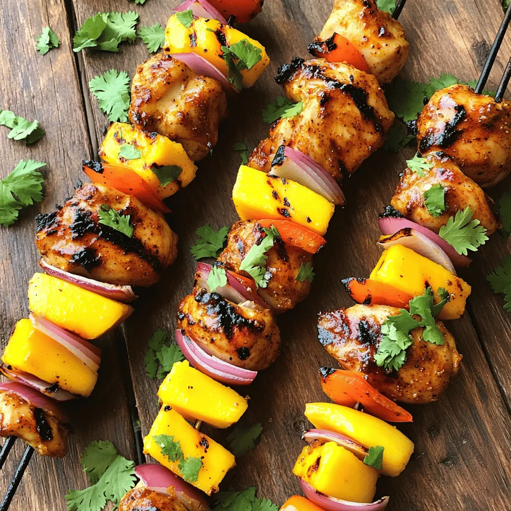 To make these tasty skewers, you need: - 1 lb (450g) boneless chicken thighs, cut into bite-sized pieces - 2 tablespoons Jamaican jerk seasoning (store-bought or homemade) - 1 tablespoon olive oil - 1 tablespoon soy sauce - 1 lime, juiced - 1 bell pepper (any color), cut into chunks - 1 red onion, cut into chunks - 1 mango, cut into cubes (for a sweet touch) - Salt and pepper, to taste - Fresh cilantro, for garnish For extra flavor, consider adding these: - Pineapple chunks for sweetness - Zucchini slices for a fresh crunch - Cherry tomatoes for a burst of juiciness These additions make each bite delightful. The marinade is key. Use these components for the best taste: - The jerk seasoning gives a spicy kick. - Olive oil keeps the chicken moist as it cooks. - Lime juice adds a zesty note. - Soy sauce adds depth and umami flavor. Let the chicken soak in the marinade for at least 30 minutes. For more flavor, let it sit longer. Follow the [Full Recipe] to create these amazing Caribbean Jerk Chicken Skewers! Start by mixing the jerk seasoning, olive oil, soy sauce, and lime juice in a bowl. This blend brings out great flavors. Then, add the chicken pieces and stir well to coat them. Make sure every piece gets covered. Cover the bowl and refrigerate it for at least 30 minutes. You can marinate it for up to four hours for even more taste. The longer, the better! Once the chicken is marinated, it’s time to assemble the skewers. If you are using wooden skewers, soak them in water for 30 minutes. This helps stop them from burning on the grill. Start threading the marinated chicken onto the skewers. Alternate with chunks of bell pepper, red onion, and cubes of mango. This mix adds color and taste. Be sure to leave some space between pieces for even cooking. Now, preheat your grill or grill pan to medium heat. Place the skewers on the grill and season them with a little salt and pepper. Grill the skewers for about 10 to 12 minutes. Turn them occasionally to cook evenly. You want the chicken to be cooked through and slightly charred. Once done, take them off the grill and let them rest for a few minutes. Finally, garnish with fresh cilantro before serving. You can find the full recipe for more details. Marinating chicken gives it flavor and juiciness. I recommend using a mix of jerk seasoning, olive oil, soy sauce, and lime juice. This blend adds depth and tang. Always marinate for at least 30 minutes. You can go up to 4 hours for a stronger taste. Remember, the longer you marinate, the better it gets! To get those nice grill marks, preheat your grill to medium heat. Ensure your grill grates are clean and oiled. Place the skewers on the grill and don’t move them for about 4-5 minutes. This helps create the perfect sear. After that, you can turn the skewers for even cooking. These skewers pair well with a fresh salad or rice. A mango salsa adds a sweet touch that complements the spice. You might also enjoy them with grilled veggies or a cool yogurt dip. Serve with fresh cilantro on top for a pop of color and flavor. For a fun twist, try them with a cold drink like coconut water or a fruity cocktail! Check out the Full Recipe for more details. {{image_2}} You can easily swap chicken for other proteins. Shrimp works great. Just marinate them like chicken. Cook on skewers for about 5-7 minutes. Tofu is also a tasty choice. Press and cube firm tofu. Marinate it too. Grill until it gets a nice char. Both options add unique flavors while keeping it fun. If you want a veggie-only option, gather your favorite vegetables. Bell peppers, zucchini, and mushrooms are perfect. Cut them into bite-sized pieces. Marinate them in the jerk sauce to soak up the flavors. Skewer them and grill for around 8-10 minutes. This brings out their natural sweetness and adds a delicious twist. You can explore other spices for a new taste. Try using harissa for a North African kick. It has a smoky and spicy flavor. Or, use tikka masala for an Indian flair. Both options give a fresh take on jerk chicken skewers. Experimenting with spices opens up a world of flavors. You can create unique dishes that still feel familiar. For the full recipe, check out the earlier section. I love making extra Caribbean jerk chicken skewers. To store leftovers, place them in an airtight container. Let them cool to room temperature before sealing. They can last in the fridge for up to three days. If you want to keep them longer, consider freezing. To reheat, I suggest using the oven or grill. Preheat your oven to 350°F (175°C). Place the skewers on a baking sheet. Heat for about 10 minutes or until warm. On the grill, heat them for about 5 minutes, turning frequently. This keeps the chicken juicy and flavorful. If you want to meal prep, marinate the chicken and freeze it before grilling. Place the marinated chicken in a freezer bag. Squeeze out the air and seal it. It can stay frozen for up to three months. When ready to cook, thaw overnight in the fridge and then assemble the skewers. This method saves time and keeps your meals exciting. Check out the Full Recipe for more details! Jerk chicken has roots in Jamaica. It started with the Taíno people who used spices to smoke meat. Later, African slaves added their own spices and flavors. The word "jerk" comes from a Spanish term meaning "to shred." Traditionally, cooks use a blend of allspice and Scotch bonnet peppers for heat. Today, jerk chicken is a symbol of Jamaican culture and cuisine, enjoyed by many around the world. Yes, you can create jerk seasoning at home! Here’s a simple mix: - 1 tablespoon allspice - 1 teaspoon thyme - 1 teaspoon cinnamon - 1 teaspoon nutmeg - 1 teaspoon black pepper - 1 teaspoon brown sugar - 1-2 Scotch bonnet peppers, chopped (adjust for heat) - Salt to taste Combine all ingredients in a bowl. This blend adds bold flavor to your chicken. You can adjust spices to match your taste. Use this homemade seasoning for delicious jerk chicken skewers, just like in the full recipe. The chicken is done when it reaches an internal temperature of 165°F (75°C). Use a meat thermometer to check. The meat should be firm and no longer pink inside. Juices should run clear when you cut into it. For safety, avoid undercooking. Remember, the grilling time for skewers is usually 10-12 minutes. Enjoy perfectly cooked, juicy chicken every time! Caribbean jerk chicken skewers are a fun and tasty dish. We covered key ingredients, marinades, and easy grilling steps. I shared tips for marinating and grilling to get the best flavor. You can try different proteins or go veggie for variety. Always store leftovers properly for future meals. Enjoy creating your skewers and impressing your family and friends! The flavors and options are endless, so let your creativity shine.