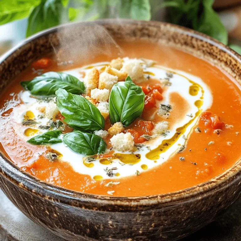- 2 tablespoons olive oil - 1 medium onion, diced - 3 cloves garlic, minced - 1 can (28 ounces) crushed tomatoes - 2 cups vegetable broth - 1 teaspoon sugar (optional) - Salt and pepper to taste - 1 cup heavy cream (or coconut cream for a vegan option) - 1/2 cup fresh basil leaves, torn - Croutons and additional basil for garnish If you want a vegan version, use coconut cream instead of heavy cream. You can also swap vegetable broth with water or any other broth you prefer. Choose ripe tomatoes for the best taste. Look for bright red skin and a slight give when you press them. For basil, check for vibrant green leaves. Avoid any wilting or browning to ensure a fresh flavor. Start by preparing the base. Heat 2 tablespoons of olive oil in a large pot over medium heat. Add 1 medium onion, diced. Sauté the onion until it turns clear, about 5 minutes. Next, stir in 3 cloves of minced garlic. Cook for 1 to 2 more minutes until it smells good. Now, it’s time to add the main ingredients. Pour in 28 ounces of crushed tomatoes and 2 cups of vegetable broth. If you like, sprinkle in 1 teaspoon of sugar to cut the acidity. Stir everything well and bring it to a simmer. Lower the heat and let it simmer for 15 minutes. This helps the flavors mix. After simmering, you need to blend the soup. You can use an immersion blender right in the pot. This is quick and easy. If you prefer, you can use a regular blender. Just be careful! Work in batches and let the soup cool a little before blending. This step makes your soup super creamy and smooth. Once your soup is blended, return it to the pot. Now, add 1 cup of heavy cream. If you want a vegan option, use coconut cream instead. Cook for another 5 minutes while stirring often. Finally, add salt and pepper to taste. Right before serving, toss in 1/2 cup of torn fresh basil leaves. This adds a nice touch of flavor. Serve hot, and don’t forget the croutons and extra basil on top. Enjoy your delicious creamy tomato basil soup! For the full recipe, see the earlier section. To balance acidity in your creamy tomato basil soup, add a touch of sugar. This small amount helps offset the natural tang of tomatoes. Start with one teaspoon. Taste and adjust as needed. Each tomato can vary in acidity, so trust your palate. Achieving the right consistency is key. For a smooth soup, use an immersion blender. This tool blends the soup directly in the pot. If you prefer a chunkier texture, blend only half of the soup. This gives you a mix of creamy and textured bites. You can also adjust the thickness by adding more broth or cream. This soup shines with the right sides. Pair it with crusty bread for dipping. A fresh green salad adds a nice crunch. If you want protein, grilled chicken or beans work well. For a fun twist, top with croutons and extra basil from the Full Recipe. These add flavor and texture, making each bowl a delight. {{image_2}} You can make your creamy tomato basil soup even better. Adding veggies like spinach or zucchini boosts nutrition. Simply chop the vegetables and stir them in during cooking. They will soften and blend well with the soup. You can also try carrots or bell peppers for more color and taste. Spices and herbs can change the flavor of your soup. For a kick, add red pepper flakes or smoked paprika. Fresh herbs like thyme or oregano can add a nice twist. Experiment with different combinations to find your favorite flavor. Just remember to add spices slowly and taste as you go. Want to make this soup heartier? Add protein like chicken or beans. Cooked, shredded chicken works well and adds a nice texture. You can also use canned beans like white beans or chickpeas. They add protein and fiber without changing the flavor much. Just stir them in before serving to warm them up. For the complete recipe, check out the Full Recipe section. Creamy tomato basil soup lasts about 4 to 5 days in the fridge. Store it in a tightly sealed container. Let the soup cool before putting it in the fridge. This helps it stay fresh longer. If you see any mold or off-smells, toss it out. To freeze the soup, use an airtight container or freezer bag. Leave some space at the top, as the soup expands when frozen. It can last up to 3 months in the freezer. When ready to eat, thaw it overnight in the fridge for best results. Reheat the soup on the stove over low heat. Stir it often to keep it smooth. You can also microwave it in short intervals, stirring in between. Avoid high heat, as it can change the texture. Add a splash of cream if it thickens too much. For the full recipe, check out the [Full Recipe]. Yes, you can make creamy tomato basil soup ahead of time. It tastes great after resting. Cool the soup completely, then store it in the fridge. It will stay fresh for about three days. Reheat it on the stove before serving. This makes meal prep easy and fun. You can easily adjust this recipe to fit many diets. For a vegan option, use coconut cream instead of heavy cream. Swap vegetable broth for chicken broth if you prefer. If you are gluten-free, make sure your croutons are gluten-free. These swaps let everyone enjoy your soup. Absolutely! Fresh tomatoes can replace canned ones. Use about 2 pounds of fresh tomatoes. Blanch them to remove the skins for a smoother soup. This method gives a fresh taste, especially in summer when tomatoes are in season. Just be sure to adjust your cooking time since fresh tomatoes have more water. The best containers for soup are airtight and freezer-safe. Glass containers work well and do not retain odors. You can also use BPA-free plastic containers. If you plan to freeze the soup, leave some space at the top. This allows for expansion as it freezes. We explored how to make creamy tomato basil soup. You learned about the key ingredients, including olive oil, garlic, and fresh basil. I shared steps for better flavor and texture. You also saw how to customize the recipe with add-ins. Remember, fresh ingredients make a big difference. Whether you're cooking for yourself or others, this soup is simple and rewarding. Enjoy making it your own with the tips provided. Happy cooking!