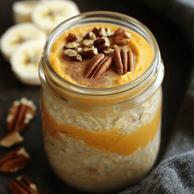 To make delicious pumpkin spice overnight oats, gather these ingredients: - 1 cup rolled oats - 1 cup unsweetened almond milk (or any milk of choice) - ½ cup pumpkin puree - 2 tablespoons chia seeds - 2 tablespoons maple syrup (or honey) - 1 teaspoon vanilla extract - 1 teaspoon pumpkin pie spice - ¼ teaspoon salt - Optional toppings: chopped pecans, sliced banana, or a dollop of yogurt This mix of flavors gives a warm and cozy taste that I love. Each bite feels like a hug, especially during fall. If you want to make more servings, here’s how to scale up: - For 4 servings, use 2 cups of oats and 2 cups of milk. - For 6 servings, use 3 cups of oats and 3 cups of milk. - For 8 servings, use 4 cups of oats and 4 cups of milk. Just keep the other ingredients in the same ratio. This way, you can enjoy more of this tasty treat! You can easily switch ingredients to fit your needs: - For dairy-free, stick with almond milk or use oat milk. - For gluten-free, make sure to use certified gluten-free oats. - If you want to cut sugar, use less maple syrup or honey. These changes let you enjoy this recipe no matter your diet. So don’t worry; you can still savor these pumpkin spice overnight oats! For the complete recipe, check out the Full Recipe section. To make pumpkin spice overnight oats, start by gathering your ingredients. You will need rolled oats, almond milk, pumpkin puree, chia seeds, maple syrup, vanilla extract, pumpkin pie spice, and salt. 1. In a medium bowl, combine the rolled oats and almond milk. 2. Add the pumpkin puree, chia seeds, and maple syrup. 3. Stir in the vanilla extract, pumpkin pie spice, and salt. 4. Mix until everything is smooth and well combined. 5. Divide the mixture into two jars or containers. 6. Seal the jars and place them in the fridge for at least four hours or overnight. This soaking allows the oats to soften and absorb the flavors. To get the best texture, use rolled oats. They are chewy and hold up well. If your oats seem too thick in the morning, just add a little more almond milk. Stir well to mix it in. If you like a creamier texture, blend the mixture before refrigerating. Feel free to experiment with the amount of chia seeds. They help thicken the oats, but you can reduce them for a looser feel. Store your pumpkin spice overnight oats in the fridge. They will stay fresh for about three to five days. If you want to make a larger batch, just double the recipe. To reheat, you can use the microwave. Heat the oats in short bursts, stirring after each interval. This helps avoid hot spots. Enjoy your oats cold or warm, based on what you like. For the full recipe, check the details above. To make your pumpkin spice overnight oats shine, use fresh pumpkin puree. It adds a rich taste. You can also try adding a pinch of nutmeg for warmth. A drizzle of maple syrup gives a sweet touch. Make sure to mix well for even flavors. Another great tip is to let them sit overnight. This helps the oats soak up all the goodness. One common mistake is using too little liquid. Oats absorb liquid, so always use enough. If your oats are too thick, add more milk in the morning. Another mistake is skipping the chia seeds. They help thicken the oats and add nutrients. Lastly, don't forget to taste before serving. Adjust sweetness or spice as needed. You can make your oats unique by adding different toppings. Try chopped pecans for crunch. Sliced banana adds sweetness and creaminess. If you like yogurt, a dollop on top is perfect. You can also swap in different spices, like cinnamon or ginger. For a fun twist, mix in cocoa powder for a chocolate version. Check out the Full Recipe for more ideas. {{image_2}} You can change your pumpkin spice overnight oats with the seasons. In the fall, stick to pumpkin flavors. Add maple syrup for sweetness. During winter, try mixing in some cinnamon and nutmeg. These spices warm you up. In spring, swap pumpkin for fresh strawberries. In summer, use peaches or blueberries. Seasonal fruits make each bowl exciting. Want to make your oats even better? Add chia seeds for fiber. You can also toss in some flaxseeds for omega-3s. Nuts like almonds or walnuts give a nice crunch. Try adding a scoop of protein powder if you're active. You can mix in some grated carrots for extra vitamins. These add-ins boost nutrition without losing flavor. Bored with pumpkin? No problem! You can make banana bread oats by adding mashed bananas and cinnamon. For a tropical twist, use coconut milk and shredded coconut with pineapple chunks. If you like chocolate, mix cocoa powder into your base. Each flavor brings a new vibe to your breakfast. Explore these options to keep things fun and tasty! For the full recipe, check out the Pumpkin Spice Overnight Oats. To keep your pumpkin spice overnight oats fresh, store them in airtight containers. This helps prevent any unwanted odors and keeps the oats creamy. Make sure to seal the jars well. You can prepare these oats on Sunday for a quick breakfast all week. If you want to save some for later, freezing is a great option. Portion the oats into freezer-safe containers. Leave a little space at the top, as the oats will expand when frozen. They can last up to three months in the freezer. When ready to eat, simply thaw them overnight in the fridge. You can safely store pumpkin spice overnight oats in the fridge for about 4 to 5 days. They may thicken over time, so you might want to add a splash of milk before serving. This keeps them nice and creamy. Enjoy the taste of fall any day of the week with these easy-to-store oats! For the full recipe, check out the full recipe. Overnight oats are a no-cook way to prepare oatmeal. You mix oats with liquid and let them sit overnight. This allows the oats to soak up the liquid. They become soft and ready to eat by morning. You can use milk or yogurt. The oats are full of fiber and keep you full. Yes, you can easily make this recipe vegan. Just use almond milk or any plant-based milk. You can also swap honey for maple syrup. This keeps your oats delicious and plant-friendly. To make one serving, just halve the amounts in the recipe. Use ½ cup of rolled oats and ½ cup of almond milk. Adjust all the other ingredients as well. This way, you get just the right amount for yourself. Yes, eating overnight oats every day is fine. They are healthy and fill you up. You can also change the flavors and toppings. This keeps your meals fun and interesting. For the full recipe, check out my Pumpkin Spice Overnight Oats recipe. Pumpkin spice overnight oats are simple, yet delicious. We covered ingredients, preparation, and storage tips. You can customize these oats to suit your tastes and dietary needs. Avoid common mistakes to get the best flavor and texture. In the end, these oats offer an easy, healthy breakfast option. Try different flavors and add-ins to keep it fun. Enjoy this tasty start to your day!