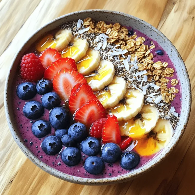 To make a tasty berry smoothie bowl, you need fresh and simple ingredients. Here’s what you will need: - 1 frozen banana - 1 cup mixed berries (blueberries, strawberries, raspberries) - 1/2 cup Greek yogurt (or dairy-free alternative) - 1/2 cup almond milk (or preferred milk) - 1 tablespoon chia seeds - 1 tablespoon honey or maple syrup (optional) - Toppings: sliced fresh fruits, granola, shredded coconut, hemp seeds Using these ingredients, you can create a fun and colorful smoothie bowl. The frozen banana gives it a creamy texture, while the berries add flavor and color. Greek yogurt packs in protein, making this bowl filling and nutritious. You can switch the berries based on what you like. For example, you can use blackberries or cherries instead. The yogurt can also be swapped for a plant-based version if you prefer. Enjoy mixing and matching until you find your favorite combo! If you want to know how to prepare this bowl, check the Full Recipe for steps. This recipe is quick and perfect for breakfast or a snack. Plus, it looks great! - Step 1: Combine ingredients in a blender Start by adding the frozen banana, mixed berries, Greek yogurt, almond milk, and chia seeds into your blender. Make sure to measure each item carefully for the best taste. - Step 2: Blend until smooth and creamy Blend the mixture on high speed. Stop to scrape down the sides if needed. You want a smooth and creamy texture, so blend until it’s just right. - Step 3: Adjust sweetness as necessary After blending, taste your smoothie. If you want it sweeter, add honey or maple syrup. Blend briefly to mix in the sweetness. - Step 4: Pour smoothie into a bowl Once your smoothie is ready, pour it into a shallow bowl. This helps with presentation and makes it easy to add toppings. - Step 5: Add toppings creatively Get creative with your toppings! Start with sliced fresh fruits. Then, add a handful of granola, a sprinkle of shredded coconut, and some hemp seeds for good nutrition. - Step 6: Drizzle with honey and garnish For extra flavor, drizzle some honey on top. You can also add whole berries or a mint leaf as a garnish. This makes your bowl look inviting and delicious. For the full recipe, you can refer back to the main list of ingredients and instructions! To get the right texture for your berry smoothie bowl, blend it just enough. Start with 30 to 45 seconds on high speed. If it seems too thick, add a bit more almond milk. If it's too thin, add a bit more frozen fruit or yogurt. - Optimal blending times: Blend until smooth, but do not overdo it. - Avoiding a too-thick or too-thin smoothie: Adjust your liquid and frozen ingredients. A beautiful bowl makes your smoothie even better! Use a shallow bowl for serving. It allows for easy topping arrangements. - Arranging toppings for visual appeal: Group fruits, granola, and coconut in sections. This creates a colorful and fun look. - Best bowls for serving: Use bowls that are wide and shallow. They show off your toppings nicely. Once you have your smoothie bowl ready, don’t forget to check the Full Recipe for more details! {{image_2}} You can change the berries in your smoothie bowl based on what is fresh or in season. Here are some great options: - Strawberries: Sweet and juicy, they add a lovely flavor. - Blueberries: These tiny gems are packed with antioxidants. - Blackberries: They give a nice tartness to the bowl. - Raspberries: Their bright color and tangy taste pop out. If you want to mix it up, try using other fruits. Here are some ideas: - Mango: This tropical fruit can add a creamy texture. - Peaches: They bring a sweet and fragrant flavor. - Pineapple: For a zesty twist, pineapples work well too. Choosing the right milk can change the taste of your smoothie bowl. Here are some great non-dairy options: - Almond Milk: This is light and adds a subtle nutty flavor. - Coconut Milk: Rich and creamy, it gives a tropical vibe. - Oat Milk: This option is thick and hearty. - Soy Milk: It has a mild taste and adds protein. Each type of milk can change the flavor and texture. For example, coconut milk makes it rich and creamy, while almond milk keeps it light. Choose what you like best! How do you store leftover smoothie? Pour the leftover smoothie in an airtight container. Seal it well to keep out air. Store it in the fridge for up to 24 hours. When you are ready to drink it, just shake or stir well. What are freezing tips for fruit and pre-made smoothies? To freeze fruit, wash and chop it first. Spread the pieces on a tray and freeze until solid. Then, place the fruit in a bag. For pre-made smoothies, pour them into ice cube trays. Once frozen, transfer the cubes to a bag. This way, you can blend small amounts later. What is the difference between fresh and frozen berries? Fresh berries last about three to seven days in the fridge. Frozen berries can last six to twelve months in the freezer. Frozen berries keep their nutrients well and are great for smoothies. What should I know about Greek yogurt shelf life? Unopened Greek yogurt can last two to three weeks past the date on the container. Once opened, try to eat it within a week. Always check for any off smell or mold before using it. How can I make my smoothie bowl healthier? To boost the health of your smoothie bowl, use these tips: - Add more leafy greens like spinach or kale. - Swap out yogurt for a low-fat or plant-based option. - Use less sweetener or skip it altogether. - Top with nuts or seeds for healthy fats. These changes keep flavors rich while adding nutrients. Can I make a smoothie bowl ahead of time? Yes, you can prepare your smoothie bowl in advance! - Blend the ingredients and store in an airtight container. - Keep it in the fridge for up to 24 hours. - When ready to eat, just stir, add toppings, and enjoy. This way, you save time during busy mornings. What are the health benefits of berries in smoothies? Berries pack a big health punch! They are: - High in fiber, which aids digestion. - Loaded with antioxidants, helping fight free radicals. - Rich in vitamins, like vitamin C, for immune support. - Low in calories, making them perfect for weight management. Including berries in your smoothie bowl is a smart choice! Why did my smoothie bowl turn out runny? A runny smoothie bowl can happen for a few reasons: - Too much liquid was added during blending. - Not enough frozen fruit was used. To fix this, try adding more frozen fruit or reducing liquid. Blend until you reach your desired thickness. How can I make a smoothie bowl thicker? To thicken your smoothie bowl, consider these options: - Use more frozen fruits, like bananas or berries. - Add ice cubes for a chilly texture. - Blend in some oats or chia seeds. These tips help create a creamy, satisfying bowl. You now have all the tools to create a delicious berry smoothie bowl. We covered key ingredients, step-by-step instructions, and tips for perfecting your bowl. Remember to get creative with your toppings and flavors. Whether you prefer fresh berries or other fruits, the options are endless. Proper storage extends your smoothie’s life and keeps it tasty. I hope you’ll enjoy making and sharing your smoothie bowls. They are both fun to make and healthy to eat!