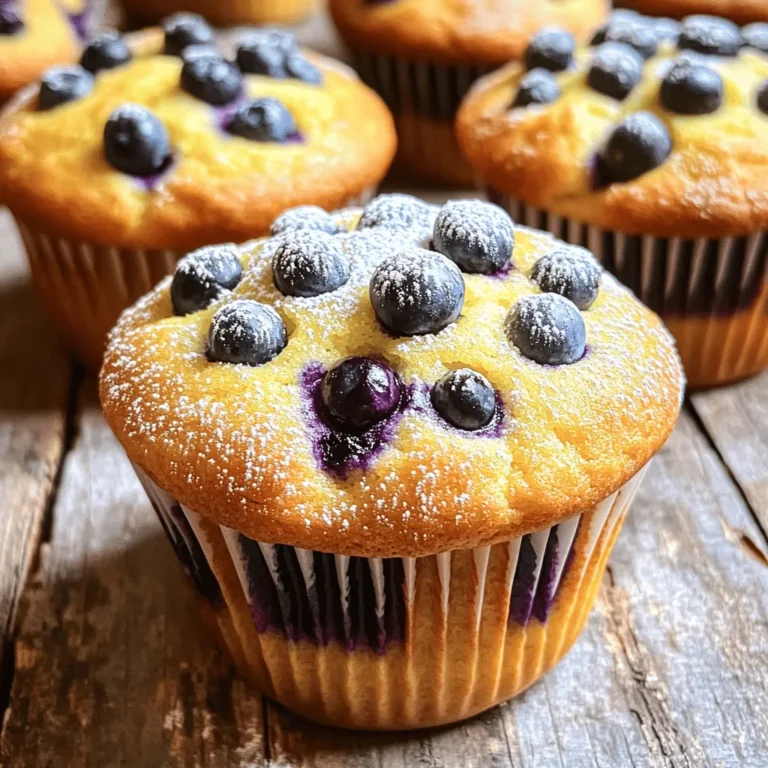 Here are the ingredients you need to make lemon blueberry muffins. Each one plays a key role in creating a fluffy and flavorful treat. - 1 ½ cups all-purpose flour - ½ cup granulated sugar - 2 teaspoons baking powder - ½ teaspoon baking soda - ½ teaspoon salt - 1 large lemon, zested and juiced - 1/3 cup vegetable oil - 1 large egg - ½ cup buttermilk (or substitute with milk and a splash of lemon juice) - 1 cup fresh blueberries (or frozen, if unavailable) - 1 teaspoon vanilla extract - Optional: Powdered sugar for dusting The flour forms the base, giving structure to the muffins. Sugar adds sweetness and helps with browning. Baking powder and baking soda create lift, making the muffins rise. Salt balances the flavors and enhances the sweetness. Lemon zest and juice add a bright, tangy flavor that pairs well with blueberries. Vegetable oil keeps the muffins moist and tender. The egg binds the ingredients together. Buttermilk adds richness and acidity, making them fluffy. Fresh blueberries burst with juice in every bite. If fresh ones are hard to find, frozen will work just fine. Lastly, a dusting of powdered sugar gives a nice finish, but it’s entirely optional. These simple ingredients come together to create a delightful treat. For the full recipe, check the section above! First, set your oven to 375°F (190°C). This is the perfect temperature for baking. Next, prepare your muffin tin. You can use paper liners or lightly grease it with cooking spray. This step helps your muffins release easily after baking. In a large bowl, whisk together the dry ingredients. Combine 1 ½ cups of flour, ½ cup of sugar, 2 teaspoons of baking powder, ½ teaspoon of baking soda, and ½ teaspoon of salt. Make sure these ingredients mix well. This blend will help your muffins rise and create a nice texture. In another bowl, mix the wet ingredients. Whisk together the zest and juice of one large lemon, ⅓ cup of vegetable oil, one large egg, and ½ cup of buttermilk. If you don’t have buttermilk, you can use regular milk with a splash of lemon juice. Keep whisking until the mix is smooth. Pour the wet ingredients into the dry ingredients. Gently fold them together. It is key to not overmix the batter; it should stay slightly lumpy. Overmixing can make your muffins tough. After that, fold in 1 cup of fresh blueberries. This step adds delicious bursts of flavor. Now, divide the batter among the muffin cups. Fill each cup about ⅔ full. This gives them room to rise. Bake in your preheated oven for 18-20 minutes. To check for doneness, insert a toothpick into the center. If it comes out clean, your muffins are ready. Once baked, let the muffins cool in the tin for about 5 minutes. This makes them easier to handle. Then, transfer them to a wire rack to cool completely. If you want, dust the tops with powdered sugar for a sweet finish. Enjoy your lemon blueberry muffins fresh from the oven! For the full recipe, check the section above. To make your lemon blueberry muffins fluffy, start with room temperature ingredients. Room temperature eggs and buttermilk mix better and trap air. This helps the muffins rise. Make sure to not overmix the batter. Mix until just combined. Lumps are okay. Overmixing makes the muffins tough. Use a gentle hand when folding in the blueberries. This way, they stay whole and juicy. For even baking, place the muffin tin in the center of the oven. This lets hot air circulate around the muffins. Rotate the tin halfway through baking to ensure even heat. When choosing blueberries, fresh is best. Look for plump, firm berries with a deep blue color. Avoid mushy or shriveled ones. If fresh blueberries are not available, frozen works too. Just add them still frozen to avoid them bleeding into the batter. For lemons, choose ones that feel heavy for their size. This means they have more juice. Look for bright yellow skin with no blemishes. Zest the lemon before juicing for maximum flavor. You can prepare the muffin batter in advance. Mix it the night before and store it in the fridge. This saves time in the morning. Just remember, let the batter sit at room temperature for a few minutes before baking. If you want to store uncooked muffins, fill the muffin cups with batter. Cover them tightly with plastic wrap. Place them in the fridge for up to 24 hours. Bake them when you're ready for fresh muffins. For the full recipe, check out the detailed instructions provided. {{image_2}} You can switch blueberries for other fruits. Raspberries and strawberries work great. Both add their unique taste. You can also mix fruits. For example, use half blueberries and half strawberries. This combo gives a new twist to the flavor. To make these muffins vegan, replace the egg. Use a flaxseed meal instead. Mix one tablespoon of flaxseed with three tablespoons of water. Let it sit for five minutes until it thickens. For buttermilk, use plant-based milk mixed with lemon juice. Almond or soy milk is a good choice. This keeps the muffins moist while being dairy-free. Want more flavor? Add lemon extract or lemon zest. This boosts the lemon taste and makes the muffins pop. You can also use spices like cinnamon. A pinch can add warmth and depth to your muffins, making them even tastier. For the full recipe, check out the [Full Recipe]. To keep your leftover lemon blueberry muffins fresh, store them in an airtight container. Place a paper towel at the bottom of the container. This helps absorb moisture and keeps muffins from getting soggy. You can store them at room temperature for up to three days. If you want to keep them longer, refrigerate them. However, refrigeration can dry out the muffins. Freezing muffins is simple and effective. First, let the muffins cool completely. Wrap each muffin in plastic wrap. Then, place them in a freezer bag. Make sure to remove as much air as possible. This helps prevent freezer burn. You can freeze muffins for up to three months. When you're ready to eat, take out a muffin and let it thaw at room temperature. For a quick warm-up, you can microwave it for about 20-30 seconds. This makes the muffin soft and tasty again. Lemon blueberry muffins last about three days at room temperature. After that, they may start to lose flavor and texture. If you notice a change in smell or appearance, it’s best to throw them away. Signs of spoilage include a dry texture, mold, or an off smell. Enjoy your muffins while they’re fresh! For the full recipe, check out the earlier section in this article. Yes, you can use regular milk. To make a buttermilk substitute, add one tablespoon of lemon juice to a cup of milk. Stir and let it sit for five minutes. This will give your muffins a nice tang and keep them moist. Absolutely! You can use gluten-free flour blends. Look for one that has xanthan gum, which helps improve the texture. Almond flour or oat flour can also work but may change the taste and texture slightly. You can reduce the sugar by a third for a less sweet muffin. Consider using natural sweeteners like honey or maple syrup. These options can add flavor while lowering the sugar content. Just remember to adjust the liquid in your batter if you use these sweeteners. In this blog post, we explored how to make delicious lemon blueberry muffins. We covered every step, from mixing dry and wet ingredients to baking and cooling. You learned common tips and variations to customize your muffins. Whether you choose fresh or frozen blueberries, these muffins will be a hit. Now, you can confidently try this easy recipe at home. Enjoy your baking and the tasty results!