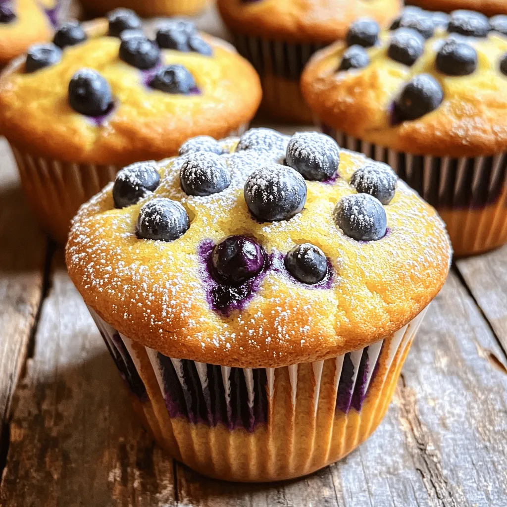 Here are the ingredients you need to make lemon blueberry muffins. Each one plays a key role in creating a fluffy and flavorful treat. - 1 ½ cups all-purpose flour - ½ cup granulated sugar - 2 teaspoons baking powder - ½ teaspoon baking soda - ½ teaspoon salt - 1 large lemon, zested and juiced - 1/3 cup vegetable oil - 1 large egg - ½ cup buttermilk (or substitute with milk and a splash of lemon juice) - 1 cup fresh blueberries (or frozen, if unavailable) - 1 teaspoon vanilla extract - Optional: Powdered sugar for dusting The flour forms the base, giving structure to the muffins. Sugar adds sweetness and helps with browning. Baking powder and baking soda create lift, making the muffins rise. Salt balances the flavors and enhances the sweetness. Lemon zest and juice add a bright, tangy flavor that pairs well with blueberries. Vegetable oil keeps the muffins moist and tender. The egg binds the ingredients together. Buttermilk adds richness and acidity, making them fluffy. Fresh blueberries burst with juice in every bite. If fresh ones are hard to find, frozen will work just fine. Lastly, a dusting of powdered sugar gives a nice finish, but it’s entirely optional. These simple ingredients come together to create a delightful treat. For the full recipe, check the section above! First, set your oven to 375°F (190°C). This is the perfect temperature for baking. Next, prepare your muffin tin. You can use paper liners or lightly grease it with cooking spray. This step helps your muffins release easily after baking. In a large bowl, whisk together the dry ingredients. Combine 1 ½ cups of flour, ½ cup of sugar, 2 teaspoons of baking powder, ½ teaspoon of baking soda, and ½ teaspoon of salt. Make sure these ingredients mix well. This blend will help your muffins rise and create a nice texture. In another bowl, mix the wet ingredients. Whisk together the zest and juice of one large lemon, ⅓ cup of vegetable oil, one large egg, and ½ cup of buttermilk. If you don’t have buttermilk, you can use regular milk with a splash of lemon juice. Keep whisking until the mix is smooth. Pour the wet ingredients into the dry ingredients. Gently fold them together. It is key to not overmix the batter; it should stay slightly lumpy. Overmixing can make your muffins tough. After that, fold in 1 cup of fresh blueberries. This step adds delicious bursts of flavor. Now, divide the batter among the muffin cups. Fill each cup about ⅔ full. This gives them room to rise. Bake in your preheated oven for 18-20 minutes. To check for doneness, insert a toothpick into the center. If it comes out clean, your muffins are ready. Once baked, let the muffins cool in the tin for about 5 minutes. This makes them easier to handle. Then, transfer them to a wire rack to cool completely. If you want, dust the tops with powdered sugar for a sweet finish. Enjoy your lemon blueberry muffins fresh from the oven! For the full recipe, check the section above. To make your lemon blueberry muffins fluffy, start with room temperature ingredients. Room temperature eggs and buttermilk mix better and trap air. This helps the muffins rise. Make sure to not overmix the batter. Mix until just combined. Lumps are okay. Overmixing makes the muffins tough. Use a gentle hand when folding in the blueberries. This way, they stay whole and juicy. For even baking, place the muffin tin in the center of the oven. This lets hot air circulate around the muffins. Rotate the tin halfway through baking to ensure even heat. When choosing blueberries, fresh is best. Look for plump, firm berries with a deep blue color. Avoid mushy or shriveled ones. If fresh blueberries are not available, frozen works too. Just add them still frozen to avoid them bleeding into the batter. For lemons, choose ones that feel heavy for their size. This means they have more juice. Look for bright yellow skin with no blemishes. Zest the lemon before juicing for maximum flavor. You can prepare the muffin batter in advance. Mix it the night before and store it in the fridge. This saves time in the morning. Just remember, let the batter sit at room temperature for a few minutes before baking. If you want to store uncooked muffins, fill the muffin cups with batter. Cover them tightly with plastic wrap. Place them in the fridge for up to 24 hours. Bake them when you're ready for fresh muffins. For the full recipe, check out the detailed instructions provided. {{image_2}} You can switch blueberries for other fruits. Raspberries and strawberries work great. Both add their unique taste. You can also mix fruits. For example, use half blueberries and half strawberries. This combo gives a new twist to the flavor. To make these muffins vegan, replace the egg. Use a flaxseed meal instead. Mix one tablespoon of flaxseed with three tablespoons of water. Let it sit for five minutes until it thickens. For buttermilk, use plant-based milk mixed with lemon juice. Almond or soy milk is a good choice. This keeps the muffins moist while being dairy-free. Want more flavor? Add lemon extract or lemon zest. This boosts the lemon taste and makes the muffins pop. You can also use spices like cinnamon. A pinch can add warmth and depth to your muffins, making them even tastier. For the full recipe, check out the [Full Recipe]. To keep your leftover lemon blueberry muffins fresh, store them in an airtight container. Place a paper towel at the bottom of the container. This helps absorb moisture and keeps muffins from getting soggy. You can store them at room temperature for up to three days. If you want to keep them longer, refrigerate them. However, refrigeration can dry out the muffins. Freezing muffins is simple and effective. First, let the muffins cool completely. Wrap each muffin in plastic wrap. Then, place them in a freezer bag. Make sure to remove as much air as possible. This helps prevent freezer burn. You can freeze muffins for up to three months. When you're ready to eat, take out a muffin and let it thaw at room temperature. For a quick warm-up, you can microwave it for about 20-30 seconds. This makes the muffin soft and tasty again. Lemon blueberry muffins last about three days at room temperature. After that, they may start to lose flavor and texture. If you notice a change in smell or appearance, it’s best to throw them away. Signs of spoilage include a dry texture, mold, or an off smell. Enjoy your muffins while they’re fresh! For the full recipe, check out the earlier section in this article. Yes, you can use regular milk. To make a buttermilk substitute, add one tablespoon of lemon juice to a cup of milk. Stir and let it sit for five minutes. This will give your muffins a nice tang and keep them moist. Absolutely! You can use gluten-free flour blends. Look for one that has xanthan gum, which helps improve the texture. Almond flour or oat flour can also work but may change the taste and texture slightly. You can reduce the sugar by a third for a less sweet muffin. Consider using natural sweeteners like honey or maple syrup. These options can add flavor while lowering the sugar content. Just remember to adjust the liquid in your batter if you use these sweeteners. In this blog post, we explored how to make delicious lemon blueberry muffins. We covered every step, from mixing dry and wet ingredients to baking and cooling. You learned common tips and variations to customize your muffins. Whether you choose fresh or frozen blueberries, these muffins will be a hit. Now, you can confidently try this easy recipe at home. Enjoy your baking and the tasty results!