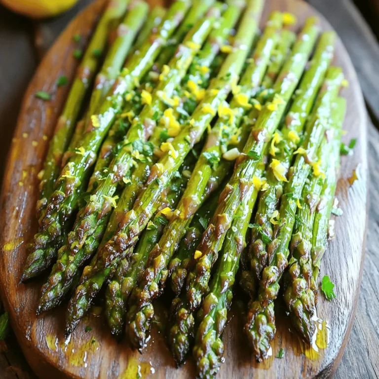 - 1 lb fresh asparagus, trimmed - 3 tablespoons olive oil - 3 cloves garlic, minced - Zest of 1 lemon - Juice of 1 lemon - 1 teaspoon salt - ½ teaspoon black pepper - ¼ teaspoon red pepper flakes (optional) - Fresh parsley for garnish Using fresh ingredients is key for great flavor. Fresh asparagus tastes crisp and bright. It adds a nice texture to your dish. The garlic should be fresh, too. It brings out the lemon's zest. Fresh ingredients make your meal not just tasty but also healthy. They keep more nutrients. You can tell the difference when you bite into each piece. Don't worry if you can't find something! You can swap some ingredients. Instead of asparagus, try green beans or broccoli. If you're out of olive oil, use melted butter for a rich taste. For garlic, garlic powder can work in a pinch. You can use lemon juice from a bottle if you don't have a fresh lemon. Just remember, fresh is best! Each swap may change the taste a little, but you can still enjoy this dish. Check out the Full Recipe for more ideas! First, turn your oven to 425°F (220°C). This high heat helps the asparagus roast well. Next, take 1 pound of fresh asparagus. Trim the ends to remove any tough parts. This step is key for great texture. Place the asparagus in a large bowl, ready for the marinade. In another bowl, mix together 3 tablespoons of olive oil, 3 minced garlic cloves, the zest of 1 lemon, and the juice of that lemon. Add 1 teaspoon of salt, ½ teaspoon of black pepper, and ¼ teaspoon of red pepper flakes if you want some heat. Whisk this mixture until everything blends well. This marinade gives the asparagus a bright flavor. Now, add the asparagus to your marinade. Toss it gently, so every piece gets coated. Spread the asparagus on a baking sheet lined with parchment paper. This helps with cleanup later. Roast in the oven for 12 to 15 minutes. When done, the asparagus should be tender and have some brown spots. Let it cool for a minute on the sheet. Then, transfer it to a serving platter. Garnish with chopped parsley for color and taste. For the full recipe, check back on the ingredients section. To get the best flavor from your asparagus, choose fresh stalks. Look for bright green color and firm texture. Trim the ends to get rid of the tough parts. Make sure to spread the asparagus in a single layer on your baking sheet. This helps them roast evenly. Don't overcrowd the pan; give each stalk some space. The lemon garlic mixture makes the asparagus shine. Use fresh ingredients like garlic and lemon for bright taste. Feel free to add more spice with red pepper flakes. For a twist, try adding some Parmesan cheese before serving. A sprinkle of balsamic glaze can also add depth. These simple changes can take your dish to the next level. To impress your guests, focus on how you serve the dish. Arrange the roasted asparagus in a fanned-out pattern on a nice platter. Drizzle any leftover juices from the baking sheet over the top. This adds a glossy look and extra flavor. Garnish with fresh parsley for a pop of color. You can also add lemon wedges on the side for a refreshing touch. These small details make your dish stand out when you share it at the table. By using these tips, you can elevate your Lemon Garlic Roasted Asparagus to a delightful dish. For the complete cooking steps, check the Full Recipe. {{image_2}} You can add more veggies to your Lemon Garlic Roasted Asparagus. Bell peppers, zucchini, or cherry tomatoes work great. Just cut them into similar sizes. Toss them with the asparagus and the lemon garlic mix. This will boost the flavor and add color to your dish. If you want to switch things up, try different seasonings. Herbs like thyme or rosemary pair well with lemon. You can also use a sprinkle of parmesan cheese for a cheesy twist. This adds a nice depth of flavor. Mixing in some lemon pepper seasoning can give an extra zing. You can cook asparagus in other ways too. Grilling gives it a smoky taste. Simply toss it on a hot grill for a few minutes. Sautéing is another quick method. Heat some oil in a pan and cook the asparagus for about five minutes. Each method brings out different flavors. Enjoy exploring these options to find your favorite. To keep your Lemon Garlic Roasted Asparagus fresh, store it in an airtight container. Place it in the fridge. It will stay good for about 3 to 5 days. If you want to keep it longer, consider freezing it. When you're ready to enjoy your leftovers, heat them in the oven or microwave. For the oven, preheat it to 350°F (175°C). Spread the asparagus on a baking sheet. Heat for about 10 minutes or until warm. In the microwave, place the asparagus on a plate and cover it. Heat in 30-second bursts until warm. If you freeze your asparagus, wash and trim it first. Blanch it in boiling water for 2 to 3 minutes. Then, place it in ice water to stop the cooking. Drain and dry it before putting it in a freezer bag. When you want to use it, thaw it overnight in the fridge. You can then roast it again or add it to your favorite dishes. For the full recipe, check out the instructions above. You will know asparagus is done when it is bright green and tender. The tips may brown slightly, but they should not burn. A fork should easily pierce the stalks. I like to set a timer for about 12 minutes and check. If it needs more time, give it a few extra minutes. This way, you get the best texture and flavor. Yes, you can use frozen asparagus, but fresh is best. Frozen asparagus tends to be softer after cooking. If you use frozen, thaw it first and pat it dry. This helps avoid excess moisture. You may need to adjust the roasting time since frozen asparagus cooks faster than fresh. This dish goes well with many meals. It pairs nicely with grilled chicken or fish. You can serve it alongside pasta or quinoa for a complete meal. It also works great as a side for steak or pork. The bright flavors of lemon and garlic complement many main dishes, making it a versatile choice. For more ideas, check the Full Recipe for serving suggestions. Lemon Garlic Roasted Asparagus is simple and tasty. Fresh ingredients make a big difference. You learned about key ingredients and their substitutions. I shared easy steps for prep and cooking. Tips for roasting and serving help elevate your dish. Consider variations to keep things interesting, too. Store leftovers properly to enjoy later. Explore your questions in the FAQ section. I hope you feel ready to try this recipe. Enjoy your cooking and the great flavors of asparagus!