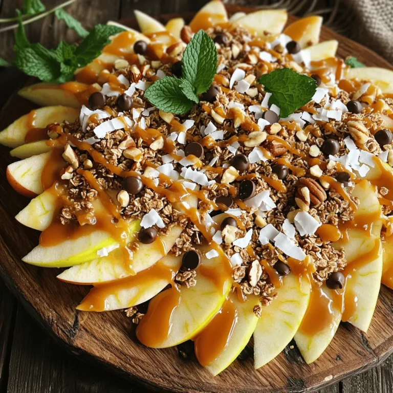 - 3 medium apples (Honeycrisp or Granny Smith), thinly sliced - 1 cup granola (your favorite blend) - 1 cup shredded coconut (optional) - 1/2 cup mini chocolate chips - 1/2 cup caramel sauce (store-bought or homemade) - 1/4 cup chopped nuts (walnuts or pecans) - 1 teaspoon cinnamon (for dusting) - Whipped cream (for drizzling, optional) - Fresh mint leaves (for garnish) To make tasty caramel apple nachos, you need fresh, crisp apples. Honeycrisp and Granny Smith are my favorites. They add a nice sweet and tart flavor. You’ll also want granola for crunch. Choose the blend you love best. Coconut adds a fun twist, so consider using it. Mini chocolate chips bring a touch of sweetness that kids adore. Caramel sauce is key for that gooey goodness. You can buy it or make it at home. Chopped nuts like walnuts or pecans give a nice crunch and added flavor. A dash of cinnamon makes everything warm and cozy. If you like it rich, drizzle some whipped cream on top. Fresh mint leaves add a pop of color and freshness to the dish. - Large serving platter or parchment paper - Knife and cutting board - Measuring cups and spoons To prepare your caramel apple nachos, gather a few simple tools. A large serving platter helps arrange the nachos beautifully. Parchment paper makes cleanup easy. Use a sharp knife and a sturdy cutting board to slice your apples. Measuring cups and spoons ensure you get the right amounts of each ingredient. With everything ready, you can create this fun and delicious snack in no time! Check the Full Recipe for more details. - Wash and slice apples into thin wedges. - Arrange apple slices onto a serving platter. Start by washing the apples well. I prefer Honeycrisp or Granny Smith for their crunch. Slice them into thin wedges. This helps them hold up under the toppings. Next, spread the apple slices on a big platter. You can also use parchment paper for easy cleanup. - Sprinkle granola evenly over the apples. - Add optional shredded coconut. Now, sprinkle your favorite granola over the apple slices. This adds a nice crunch. If you like coconut, sprinkle some shredded coconut on top. It gives a sweet twist and extra texture. - Distribute mini chocolate chips and drizzle caramel sauce. - Top with chopped nuts and cinnamon. Next, spread mini chocolate chips all over the platter. They melt slightly and taste great with the apples. Drizzle caramel sauce generously over everything. This makes the nachos sweet and sticky. Finally, sprinkle chopped nuts and a dash of cinnamon on top. This adds a warm flavor. If you want more fun, add whipped cream and fresh mint leaves as a garnish. Enjoy your treat right away! You can find the full recipe above. When making caramel apple nachos, choose the right apples. I recommend using Honeycrisp or Granny Smith apples. These apples are crisp and juicy. Crisp apples hold up well under the weight of toppings. They also offer a nice balance of sweet and tart flavors. Using a mix of sweet and tart apples can enhance the taste. Make your nachos visually appealing. Arrange the apple slices in a fun pattern on a large platter. You can also use parchment paper for easy cleanup. Drizzle caramel sauce in a zigzag for a fun look. Add colorful garnishes like fresh mint leaves. These small touches make a big difference. To balance sweetness and crunch, think about your toppings. Use a mix of granola and nuts. The crunch adds texture and depth. You can also experiment with different toppings. Try adding dried fruits or mini marshmallows for a twist. These variations keep the dish exciting and fun. For an extra kick, sprinkle cinnamon over the top. It adds warmth and flavor. {{image_2}} You can play with flavors in your caramel apple nachos. Adding different fruits makes them even more fun. Think of pears or bananas for a sweet twist. You could also try flavored yogurt instead of whipped cream. This change gives a creamy touch and adds unique flavors. If you need gluten-free options, choose gluten-free granola. It keeps the crunch and taste. For those who prefer vegan treats, look for vegan caramel sauce. It tastes just as good and fits many diets. Seasonal spices can make your nachos shine. Use nutmeg or pumpkin spice for a fall vibe. They add warmth and depth to each bite. You can also add holiday-themed toppings. Think about crushed candy canes for winter or colorful sprinkles for celebrations. Each option brings its own festive spirit to the dish. To keep your caramel apple nachos fresh, store them in an airtight container. This helps keep the apples crisp and reduces moisture loss. Make sure to layer the nachos gently. Use parchment paper between layers to avoid sticking. Keep the container in the fridge for up to two days. If you have leftover caramel sauce, store it separately. This will prevent sogginess. Reheating caramel apple nachos can be tricky. To maintain their crunch, avoid using the microwave. Instead, place them in an oven set to low heat. Warm them for about 5-10 minutes. Check frequently to ensure they do not overheat. Serve them warm with extra caramel sauce drizzled on top. This adds a nice touch and enhances flavor. Enjoy these nachos as a sweet snack or dessert! To make caramel apple nachos healthier, you can reduce sugar. Choose a sugar-free caramel sauce. You can also replace some apples with pears or berries. These fruits add sweetness without extra sugar. Use less granola or choose a nut-based blend. This helps cut carbs and adds protein. You can even sprinkle cinnamon for flavor without sugar. Yes! You can prep the apples ahead of time. Slice them and soak them in lemon juice. This keeps them fresh and bright. You can also mix granola and nuts in a separate bowl. Store them in airtight containers. Just layer everything together before serving. This way, you save time and enjoy fresh nachos. You can add many fun toppings to your nachos. Here are some popular ideas: - Chopped nuts (like almonds or pecans) - Mini marshmallows for a sweet touch - Drizzle of peanut butter for extra creaminess - Crushed graham crackers for a s'mores vibe - Fresh berries like blueberries or raspberries - Shredded coconut for a tropical twist These toppings can really elevate your caramel apple nachos! For the full recipe, check the details above. Caramel apple nachos are fun to make and share. We used fresh apples, granola, and chocolate to create a tasty treat. You can switch up ingredients or add toppings to fit your taste. Remember to keep your nachos fresh by storing them right. This snack is perfect for parties or a cozy night in. Get creative with flavors and enjoy every bite you take!