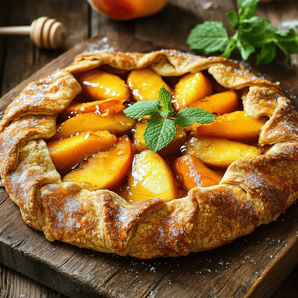 To make the Peach Galette with Almond Crust, gather these key ingredients: - 1 ½ cups almond flour - ½ cup all-purpose flour - ¼ cup cold unsalted butter, cubed - 1 tablespoon sugar - 1/4 teaspoon salt - 1/4 cup ice water - 4 ripe peaches, sliced - 2 tablespoons honey or maple syrup - 1 tablespoon lemon juice - 1 teaspoon vanilla extract - 1 tablespoon cornstarch - 1 egg (for egg wash) - Turbinado sugar (for sprinkling on crust) You can adjust the measurements based on your taste or dietary needs. For example: - Almond flour gives a nutty flavor but can be swapped with oat flour for a different taste. - If you want a dairy-free option, use coconut oil instead of butter. - Maple syrup can replace honey for a vegan version. - Feel free to use more or less sugar based on your peach's sweetness. The essential ingredients are the almond flour, peaches, and butter. These create the main structure and flavor. The optional items include: - Honey or maple syrup for sweetness - Lemon juice for brightening the flavor - Vanilla extract for added depth - Cornstarch to thicken the peach filling Using all the optional ingredients can enhance the dish, but the galette will still shine with just the essentials. For the full recipe, check out the complete instructions for making this delightful dessert. To make the almond crust, start by mixing the dry ingredients. In a large bowl, combine 1 ½ cups of almond flour, ½ cup of all-purpose flour, 1 tablespoon of sugar, and ¼ teaspoon of salt. This blend gives the crust a lovely nutty flavor. Next, add in ¼ cup of cubed cold unsalted butter. Use your fingers or a pastry cutter to mix until it looks like coarse crumbs. This step is key for a flaky crust. Now, it's time to add the ice water. Gradually mix in ¼ cup, adding one tablespoon at a time. Stop when the dough starts to come together. Wrap the dough in plastic wrap and chill it in the fridge for at least 30 minutes. This rest time helps the crust hold its shape while baking. While the crust chills, let’s make the peach filling. Take 4 ripe peaches and slice them. In a medium bowl, combine the sliced peaches with 2 tablespoons of honey or maple syrup, 1 tablespoon of lemon juice, 1 teaspoon of vanilla extract, and 1 tablespoon of cornstarch. Toss everything gently. The cornstarch helps thicken the filling, so it won’t make the crust soggy. Let the mixture sit for a bit to allow the flavors to blend. After the dough has chilled, preheat your oven to 375°F (190°C). On a lightly floured surface, roll out your dough into a rough circle about 12 inches in diameter. Don’t worry about making it perfect; a rustic look is charming. Carefully transfer the dough to a lined baking sheet. Spoon the peach mixture into the center, leaving a 2-inch border. Gently fold the edges of the dough over the peach filling, making little pleats as you go. This creates a beautiful edge. For a nice golden color, beat 1 egg and brush it over the crust. Then, sprinkle some turbinado sugar on top for a delightful crunch. Now, bake your galette for 30-35 minutes. You want the crust to be golden brown, and the peaches should be bubbly. Let it cool for a few minutes before serving. This galette is perfect warm or at room temperature. Enjoy it with a scoop of vanilla ice cream for a special treat. For the complete process, refer to the Full Recipe. To get that perfect crust, use cold butter. It helps keep the crust flaky. You can also chill your mixing bowl. This keeps everything cool. When mixing, aim for a crumbly texture. Don't overmix! A little warmth from your hands can melt the butter. This can make the crust tough. You can add spices to boost flavor. A pinch of cinnamon or nutmeg works well. Try adding fresh herbs like thyme or basil for a twist. You can also swap peaches for other fruits. Berries or apples can make great substitutes. Drizzling a little honey or maple syrup enhances sweetness too. One mistake is not chilling the dough. If the dough is warm, it won’t hold its shape. Another issue is overfilling the galette. Too much filling can make it hard to fold. Watch the baking time; every oven is different. Pull it out when the crust is golden brown. For the best taste, serve it warm. Check out the Full Recipe for all the steps! {{image_2}} You can swap peaches for other fruits. Try nectarines, plums, or berries. Each fruit brings its unique flavor. For example, berries add a nice tartness. Adjust the sugar based on the fruit's sweetness. Keep the same filling steps, and enjoy a new twist each time. If you need a gluten-free option, use only almond flour. You can mix in a bit of coconut flour for texture. This keeps the crust light and tasty. Make sure your other ingredients, like sugar and butter, are gluten-free too. Your galette will still taste amazing! To make this galette vegan, replace butter with coconut oil. Use a flax egg instead of a regular egg. Mix one tablespoon of flaxseed meal with three tablespoons of water. Let it sit for a few minutes to thicken. This will help bind your crust. Use maple syrup in place of honey for sweetness. These simple changes keep your galette delicious and plant-based. For the full recipe, follow the instructions provided, and enjoy your cooking! You can keep your peach galette in the fridge. Wrap it in plastic wrap or foil. It will stay fresh for up to three days. The crust may lose some crunch, but the flavor stays great. To serve, let it sit at room temperature for a bit. If you want to store it for longer, freezing is the way to go. First, let the galette cool completely. Wrap it tightly in plastic wrap, then place it in an airtight container. It will last up to three months in the freezer. When you’re ready to eat, thaw it in the fridge overnight. To reheat your galette, preheat your oven to 350°F (175°C). Place the galette on a baking sheet. Heat it for about 10-15 minutes. This way, the crust gets crispy again, and the peaches warm up nicely. Enjoy it warm, maybe with a scoop of ice cream! A galette is a free-form pie. It has a rustic look and is easy to make. You can fill it with fruits, veggies, or even meats. The crust is often flaky and buttery. It does not need a pie dish, which makes it fun to prepare. You simply roll out the dough and fold the edges over the filling. This creates a lovely, casual presentation. Galettes are great for any occasion, from family dinners to gatherings with friends. Yes, you can use frozen peaches. They are a good option when fresh peaches are out of season. Thaw the peaches first and drain any excess liquid. This helps keep the filling from being too watery. The flavor will still be sweet and delicious. Just slice them and mix them with your other filling ingredients as you would with fresh peaches. To keep the crust crisp, follow these tips: - Use cold ingredients: Start with cold butter and ice water for the dough. - Pre-bake the crust: If you want, you can pre-bake the crust for a few minutes before adding the filling. - Add a layer: Sprinkle almond flour or cornstarch on the crust before adding the peaches. This absorbs excess moisture. - Don’t overfill: Avoid adding too much filling. Leave enough space for the juices to bubble without spilling over. These steps will help create a crust that is golden and flaky. Enjoy your Peach Galette with Almond Crust! For the full recipe, refer to the section above. We covered everything you need to know to make a delicious peach galette. You learned about the right ingredients, how to prepare the crust, and how to bake the filling. I shared tips to enhance flavor and avoid common mistakes. You also discovered variations and storage tips for your galette. Now, you can enjoy making this tasty treat at home. Embrace creativity and have fun in the kitchen!