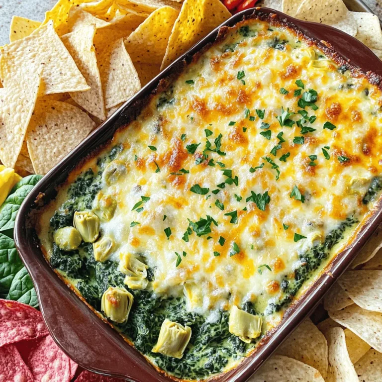 To make a tasty spinach artichoke dip, gather these simple ingredients: - 1 cup fresh spinach, chopped - 1 cup canned artichoke hearts, drained and chopped - 1 cup cream cheese, softened - 1/2 cup sour cream - 1/2 cup mayonnaise - 1 cup shredded mozzarella cheese - 1/4 cup grated Parmesan cheese - 2 cloves garlic, minced - 1 teaspoon onion powder - 1/2 teaspoon salt - 1/4 teaspoon black pepper - 1/4 teaspoon crushed red pepper flakes (optional, for a kick) Each serving of this dip has about: - Calories: 250 - Protein: 8g - Total Fat: 20g - Saturated Fat: 10g - Carbohydrates: 10g - Fiber: 1g - Sugars: 1g This dip packs flavor but also provides some nutrients. Spinach adds vitamins, and artichokes bring fiber. You can swap some ingredients if needed: - Use Greek yogurt instead of sour cream for a tangy taste. - Replace cream cheese with cottage cheese for a lighter option. - Try different cheeses, like cheddar or gouda, for a unique flavor. - If you don't have fresh spinach, frozen spinach works well too. Just make sure to drain it first. For the full recipe, check out the Charming Spinach Artichoke Dip section. First, gather all your ingredients. You will need fresh spinach, artichoke hearts, cream cheese, sour cream, mayonnaise, mozzarella, Parmesan, garlic, onion powder, salt, black pepper, and red pepper flakes. Chop the spinach and artichokes finely. This helps blend the flavors well. Make sure your cream cheese is soft. It mixes easier when it’s at room temperature. 1. Preheat your oven to 350°F (175°C). This step is key for even cooking. 2. In a mixing bowl, combine the softened cream cheese, sour cream, and mayonnaise. Stir until smooth and creamy. 3. Add the chopped spinach, artichokes, mozzarella, Parmesan, garlic, onion powder, salt, black pepper, and red pepper flakes if you like heat. Mix until everything is well combined. 4. Transfer the mixture into a baking dish. Spread it out evenly. 5. Bake in the preheated oven for 25-30 minutes. Look for the dip to be bubbly and lightly golden on top. 6. Remove the dip from the oven. Let it cool slightly before serving. You want the dip to bubble around the edges. The top should have a nice golden color. If it's not golden yet, let it bake a few more minutes. Keep an eye on it to avoid burning. Once it looks good, take it out. Serve it warm for the best taste. Check out the Full Recipe for more details! To make the best spinach artichoke dip, use fresh ingredients. Fresh spinach gives a nice taste. Always use room temperature cream cheese. This helps it blend smoothly. Mix the cream cheese, sour cream, and mayonnaise well. This creates a creamy base. Be sure to chop the artichoke hearts and spinach finely. Chunky pieces can affect the dip's texture. If you want a spicy kick, add more crushed red pepper flakes. Bake until it bubbles and turns golden. This gives the dip a nice crust. One common mistake is overcooking the dip. Keep an eye on it in the oven. Remove it as soon as it is bubbly. Another mistake is not seasoning enough. Taste the mix before baking. Adjust salt and pepper if needed. Using low-fat cream cheese can change the flavor. Stick to regular cream cheese for the best taste. Lastly, don’t forget to let it cool a bit before serving. It’s easier to eat when it’s not too hot. Serve the dip warm for the best flavor. I love pairing it with tortilla chips. They add a nice crunch. You can also use toasted baguette slices. Fresh vegetable sticks work great too. Carrots and celery add a fresh twist. For a touch of color, sprinkle extra Parmesan on top. A bit of chopped parsley makes it look pretty. This dip is perfect for parties, game nights, or family gatherings. Check the full recipe for more details! {{image_2}} You can make your spinach artichoke dip even better with fun add-ins. Try adding cooked bacon for a smoky flavor. If you love heat, mix in jalapeños or diced green chilies. Want to switch up the cheese? Use a blend of cheddar and pepper jack for a tasty twist. You can also add chopped sun-dried tomatoes for a touch of sweetness. These changes can make your dip unique and exciting. This dip fits any event! For a game day snack, serve it with crispy tortilla chips. If it’s a fancy party, use toasted baguette slices. For a fresh option, pair it with crisp vegetable sticks. You can also put the dip in small ramekins for individual servings. This makes it easy for guests to grab their own. Dress it up with fresh herbs or a drizzle of olive oil to impress everyone. To lighten up this dish, you can swap some ingredients. Use Greek yogurt instead of sour cream and mayonnaise. This change cuts calories while adding protein. You can also use low-fat cream cheese for a healthier base. If you want, add more spinach to boost the nutrients. This way, you enjoy a tasty dip that feels good to eat. Check out the Full Recipe for more ideas on making it your own. After enjoying your dip, let it cool. Place the leftovers in an airtight container. Make sure to seal it well to keep out air. Store it in your fridge for up to three days. This helps keep the dip fresh and tasty. When you're ready to enjoy the dip again, it's time to reheat it. Preheat your oven to 350°F (175°C). Scoop the dip into an oven-safe dish. Heat it for 15-20 minutes, or until it's warm and bubbly. You can also use a microwave. Heat in short bursts, about 30 seconds at a time, stirring in between. This keeps it nice and creamy. You can freeze this dip for later. First, let it cool completely. Then, place it in a freezer-safe container. Make sure to leave some space at the top, as it will expand. It can stay frozen for up to three months. To thaw, move it to the fridge overnight. Then, reheat it as mentioned above. This way, you can enjoy your spinach artichoke dip anytime! For the full recipe, check out the Charming Spinach Artichoke Dip section. Yes, you can make spinach artichoke dip ahead of time. Prepare the dip and place it in a baking dish. Cover it with plastic wrap or foil. Store it in the fridge for up to two days. When ready to eat, just bake it as per the instructions. This helps the flavors blend well. You can enjoy a tasty dip without the rush. Spinach artichoke dip pairs well with many items. Here are some great options: - Tortilla chips - Sliced baguette - Fresh vegetable sticks (carrots, celery, bell peppers) - Pita chips - Crackers Each option adds a nice crunch. You can even mix and match for fun. This makes your snack time more exciting! Homemade spinach artichoke dip lasts about three to four days in the fridge. Keep it in an airtight container. If you want to keep it longer, freezing is a good option. Just thaw it in the fridge before reheating. Enjoy your dip at your own pace! For the full recipe, check out the details above. In this post, we covered how to make a delicious spinach artichoke dip. We examined ingredients, cooking steps, and tips for success. You learned about substitutions, serving ideas, and variations to impress your guests. Proper storage and reheating tips help keep leftovers fresh. Remember, the key to great dip is using fresh ingredients and avoiding common mistakes. Enjoy your cooking journey, and your dip will always be a hit!