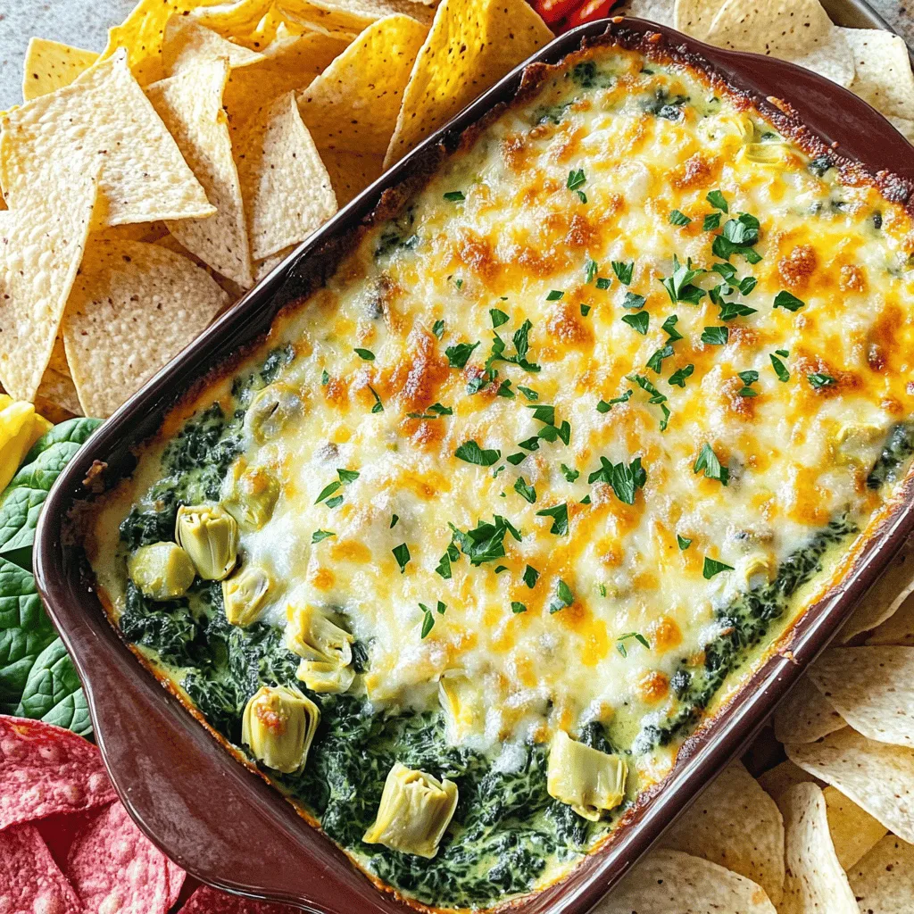 To make a tasty spinach artichoke dip, gather these simple ingredients: - 1 cup fresh spinach, chopped - 1 cup canned artichoke hearts, drained and chopped - 1 cup cream cheese, softened - 1/2 cup sour cream - 1/2 cup mayonnaise - 1 cup shredded mozzarella cheese - 1/4 cup grated Parmesan cheese - 2 cloves garlic, minced - 1 teaspoon onion powder - 1/2 teaspoon salt - 1/4 teaspoon black pepper - 1/4 teaspoon crushed red pepper flakes (optional, for a kick) Each serving of this dip has about: - Calories: 250 - Protein: 8g - Total Fat: 20g - Saturated Fat: 10g - Carbohydrates: 10g - Fiber: 1g - Sugars: 1g This dip packs flavor but also provides some nutrients. Spinach adds vitamins, and artichokes bring fiber. You can swap some ingredients if needed: - Use Greek yogurt instead of sour cream for a tangy taste. - Replace cream cheese with cottage cheese for a lighter option. - Try different cheeses, like cheddar or gouda, for a unique flavor. - If you don't have fresh spinach, frozen spinach works well too. Just make sure to drain it first. For the full recipe, check out the Charming Spinach Artichoke Dip section. First, gather all your ingredients. You will need fresh spinach, artichoke hearts, cream cheese, sour cream, mayonnaise, mozzarella, Parmesan, garlic, onion powder, salt, black pepper, and red pepper flakes. Chop the spinach and artichokes finely. This helps blend the flavors well. Make sure your cream cheese is soft. It mixes easier when it’s at room temperature. 1. Preheat your oven to 350°F (175°C). This step is key for even cooking. 2. In a mixing bowl, combine the softened cream cheese, sour cream, and mayonnaise. Stir until smooth and creamy. 3. Add the chopped spinach, artichokes, mozzarella, Parmesan, garlic, onion powder, salt, black pepper, and red pepper flakes if you like heat. Mix until everything is well combined. 4. Transfer the mixture into a baking dish. Spread it out evenly. 5. Bake in the preheated oven for 25-30 minutes. Look for the dip to be bubbly and lightly golden on top. 6. Remove the dip from the oven. Let it cool slightly before serving. You want the dip to bubble around the edges. The top should have a nice golden color. If it's not golden yet, let it bake a few more minutes. Keep an eye on it to avoid burning. Once it looks good, take it out. Serve it warm for the best taste. Check out the Full Recipe for more details! To make the best spinach artichoke dip, use fresh ingredients. Fresh spinach gives a nice taste. Always use room temperature cream cheese. This helps it blend smoothly. Mix the cream cheese, sour cream, and mayonnaise well. This creates a creamy base. Be sure to chop the artichoke hearts and spinach finely. Chunky pieces can affect the dip's texture. If you want a spicy kick, add more crushed red pepper flakes. Bake until it bubbles and turns golden. This gives the dip a nice crust. One common mistake is overcooking the dip. Keep an eye on it in the oven. Remove it as soon as it is bubbly. Another mistake is not seasoning enough. Taste the mix before baking. Adjust salt and pepper if needed. Using low-fat cream cheese can change the flavor. Stick to regular cream cheese for the best taste. Lastly, don’t forget to let it cool a bit before serving. It’s easier to eat when it’s not too hot. Serve the dip warm for the best flavor. I love pairing it with tortilla chips. They add a nice crunch. You can also use toasted baguette slices. Fresh vegetable sticks work great too. Carrots and celery add a fresh twist. For a touch of color, sprinkle extra Parmesan on top. A bit of chopped parsley makes it look pretty. This dip is perfect for parties, game nights, or family gatherings. Check the full recipe for more details! {{image_2}} You can make your spinach artichoke dip even better with fun add-ins. Try adding cooked bacon for a smoky flavor. If you love heat, mix in jalapeños or diced green chilies. Want to switch up the cheese? Use a blend of cheddar and pepper jack for a tasty twist. You can also add chopped sun-dried tomatoes for a touch of sweetness. These changes can make your dip unique and exciting. This dip fits any event! For a game day snack, serve it with crispy tortilla chips. If it’s a fancy party, use toasted baguette slices. For a fresh option, pair it with crisp vegetable sticks. You can also put the dip in small ramekins for individual servings. This makes it easy for guests to grab their own. Dress it up with fresh herbs or a drizzle of olive oil to impress everyone. To lighten up this dish, you can swap some ingredients. Use Greek yogurt instead of sour cream and mayonnaise. This change cuts calories while adding protein. You can also use low-fat cream cheese for a healthier base. If you want, add more spinach to boost the nutrients. This way, you enjoy a tasty dip that feels good to eat. Check out the Full Recipe for more ideas on making it your own. After enjoying your dip, let it cool. Place the leftovers in an airtight container. Make sure to seal it well to keep out air. Store it in your fridge for up to three days. This helps keep the dip fresh and tasty. When you're ready to enjoy the dip again, it's time to reheat it. Preheat your oven to 350°F (175°C). Scoop the dip into an oven-safe dish. Heat it for 15-20 minutes, or until it's warm and bubbly. You can also use a microwave. Heat in short bursts, about 30 seconds at a time, stirring in between. This keeps it nice and creamy. You can freeze this dip for later. First, let it cool completely. Then, place it in a freezer-safe container. Make sure to leave some space at the top, as it will expand. It can stay frozen for up to three months. To thaw, move it to the fridge overnight. Then, reheat it as mentioned above. This way, you can enjoy your spinach artichoke dip anytime! For the full recipe, check out the Charming Spinach Artichoke Dip section. Yes, you can make spinach artichoke dip ahead of time. Prepare the dip and place it in a baking dish. Cover it with plastic wrap or foil. Store it in the fridge for up to two days. When ready to eat, just bake it as per the instructions. This helps the flavors blend well. You can enjoy a tasty dip without the rush. Spinach artichoke dip pairs well with many items. Here are some great options: - Tortilla chips - Sliced baguette - Fresh vegetable sticks (carrots, celery, bell peppers) - Pita chips - Crackers Each option adds a nice crunch. You can even mix and match for fun. This makes your snack time more exciting! Homemade spinach artichoke dip lasts about three to four days in the fridge. Keep it in an airtight container. If you want to keep it longer, freezing is a good option. Just thaw it in the fridge before reheating. Enjoy your dip at your own pace! For the full recipe, check out the details above. In this post, we covered how to make a delicious spinach artichoke dip. We examined ingredients, cooking steps, and tips for success. You learned about substitutions, serving ideas, and variations to impress your guests. Proper storage and reheating tips help keep leftovers fresh. Remember, the key to great dip is using fresh ingredients and avoiding common mistakes. Enjoy your cooking journey, and your dip will always be a hit!