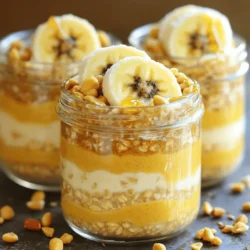 - 1 cup rolled oats - 1 cup almond milk (or your choice of milk) - 1 ripe banana, mashed - 2 tablespoons natural peanut butter - 1 tablespoon honey or maple syrup (optional for sweetness) - 1/2 teaspoon vanilla extract - 1/4 teaspoon cinnamon - A pinch of salt - Sliced banana and chopped peanuts for topping The main ingredients for peanut butter banana overnight oats are simple. I love using rolled oats because they absorb liquid well. Almond milk creates a creamy texture, but any milk works. A ripe banana adds natural sweetness and flavor. Natural peanut butter is my go-to for richness. Honey or maple syrup can sweeten it up if you like. Vanilla extract adds warmth, while cinnamon gives a nice spice. Finally, a pinch of salt brightens all the flavors. - Alternatives for almond milk: You can use oat milk, soy milk, or regular cow's milk. Each option brings a different flavor and creaminess. - Options for sweeteners: If you don’t have honey or maple syrup, try agave syrup or stevia. You can even skip sweeteners if you prefer less sugar. - Variations in nut butter choices: While peanut butter is classic, almond or cashew butter also works. Sunflower seed butter is great for nut-free options. These substitutions keep the dish flexible for your taste and diet. Feel free to mix and match based on what you have at home! For the full recipe, check the section above. - Step 1: Combine oats and milk In a medium bowl or jar, add 1 cup of rolled oats and 1 cup of almond milk. Mix well. Make sure the oats soak in the milk. - Step 2: Mix in banana and peanut butter Next, add 1 ripe banana, mashed, and 2 tablespoons of natural peanut butter. Stir until smooth. The banana gives sweetness, while the peanut butter adds creaminess. - Step 3: Incorporate additional ingredients For extra flavor, mix in 1 tablespoon of honey (if you want it sweeter), 1/2 teaspoon of vanilla extract, 1/4 teaspoon of cinnamon, and a pinch of salt. This step makes the oats taste amazing. - Transfer to jars for individual servings Pour the mixture into jars or containers with lids. This makes for easy grab-and-go breakfasts. - Seal containers properly Make sure to seal each container tightly. This keeps the oats fresh and prevents spills. - Recommended refrigeration time Place the jars in the refrigerator overnight. If you’re in a hurry, let them sit for at least 4 hours. This allows the oats to soak up all the flavors. - Stirring before serving When ready to eat, stir the oats well. This ensures an even mix of flavors. - Adjusting consistency with milk If the oats are too thick, add a splash of milk. This helps you reach your preferred texture. - Topping ideas Top your oats with sliced banana and chopped peanuts. You can also drizzle a little extra honey or peanut butter on top for added flavor. Enjoy! For the complete recipe, visit the [Full Recipe]. To enhance the peanut butter flavor, use natural peanut butter. It has a richer taste than processed kinds. You can also add a bit more peanut butter if you want a stronger taste. For perfectly ripe bananas, look for bananas with yellow skin and a few brown spots. They should be soft but not mushy. This ripeness adds sweetness and creaminess to your oats. Adjust spices to your liking. A pinch of salt can bring out the flavors. You might also try adding a bit more cinnamon or even a dash of nutmeg for a warm touch. Making these oats ahead is a smart choice for busy mornings. You can mix them up the night before. Just place the jars in the fridge, and they are ready when you wake up. Layering works well for meal prep. Start with oats and milk. Then, add the banana and peanut butter. Finish with your spices. This helps keep flavors separate until you are ready to eat. For optimal freshness, store your oats in airtight containers. This keeps them from drying out. They stay good for up to five days in the fridge. If you want to add protein, try adding Greek yogurt or protein powder. This makes your breakfast even more filling. You can swap out bananas for other fruits. Try berries, apples, or even peaches. Each one gives a different taste and nutrition. Adjust portion sizes based on your needs. If you want a smaller snack, use half the ingredients. For a bigger meal, double the recipe. This makes it easy to fit your hunger. {{image_2}} You can play with flavors to keep your peanut butter banana overnight oats exciting. Here are a few tasty ideas: - Chocolate peanut butter banana overnight oats: Just add 2 tablespoons of cocoa powder to the mix. This option gives your oats a rich, chocolatey twist. - Berry-infused overnight oats: Mix in 1/2 cup of fresh or frozen berries. Blueberries, strawberries, or raspberries work well. They add natural sweetness and color. - Tropical coconut and pineapple option: Swap almond milk for coconut milk. Add 1/2 cup of diced pineapple. This variation brings a sunny flavor to your breakfast. You can adapt this recipe to fit different diets. Here are some suggestions: - Gluten-free alternatives: Use certified gluten-free rolled oats. This way, everyone can enjoy your oats without worry. - Nut-free variations using seeds: Replace peanut butter with sunflower seed butter. This option keeps the creaminess without nuts. - Vegan substitutions: Use maple syrup instead of honey. Also, make sure to choose a plant-based milk. This keeps your oats fully vegan. Add seasonal ingredients for a fun twist. Here are some ideas: - Adding pumpkin or apple in fall: Mix in 1/2 cup of pumpkin puree or chopped apple. This adds warmth and seasonal flavor. - Incorporating berries in summer: Fresh berries add a bright touch. Try adding them right before serving for a burst of freshness. - Using dried fruits in winter: Dried apricots or raisins can bring sweetness during colder months. Just chop them small and mix in with the oats. These variations make your peanut butter banana overnight oats fun and unique every time! For the full recipe, check out the detailed instructions above. - Use glass jars or BPA-free plastic containers for overnight oats. - Seal them tightly to keep the oats fresh. - In the fridge, they last up to 5 days. - Check for signs of spoilage like off smell or mold. - You can freeze overnight oats for longer storage. - Divide them into portions and place in freezer-safe containers. - To thaw, move them to the fridge overnight for best results. - Frozen oats can last up to 3 months. - You can eat them cold or warm them up in the microwave. - If reheating, add a splash of milk for moisture. - Stir well to mix and keep the flavor and texture intact. How to make overnight oats without dairy? You can use almond milk, coconut milk, or oat milk instead of dairy. These options add creaminess. Just measure one cup of your chosen milk. Mix it with the oats and other ingredients. Can I use quick oats instead of rolled oats? Yes, you can use quick oats. They will soften faster, but the texture will be different. Your oats may turn mushy, so adjust soaking time to your taste. How long can I keep peanut butter banana overnight oats? You can store them in the fridge for up to five days. Keep them sealed in jars or containers. This makes breakfast easy all week long. What to do if oats are too thick? If your oats are too thick, just add a splash of milk. Stir well to mix. This will help achieve your preferred consistency. How to fix bland overnight oats? To fix bland oats, add a pinch of salt or more peanut butter. You can also mix in some honey or maple syrup for sweetness. Spices like cinnamon can boost flavor too. Can I heat overnight oats before eating? Yes, you can heat them in the microwave. Just pour them into a bowl and warm for about one minute. Add a little milk to keep them creamy. Breakdown of calories per serving Each serving has about 400 calories. This includes oats, peanut butter, and banana. The exact amount may change based on your choices. Health benefits of oats and bananas Oats are high in fiber, which helps digestion. Bananas provide potassium and natural sweetness. Together, they make a great start to your day. Allergen information regarding peanut butter Peanut butter may cause allergies in some people. Always check labels for cross-contamination. Choose other nut butters or sunflower seed butter if you have allergies. You now know how to make tasty overnight oats using simple ingredients. We explored ingredient options, step-by-step prep, and ways to customize your dish. You learned about storage methods and how to modify recipes for your taste and diet. Remember, overnight oats are versatile and easy to prepare. Enjoy experimenting with flavors and toppings. This way, you can create a breakfast that suits your needs and keeps you full. Now, grab your ingredients and start making your perfect bowl!