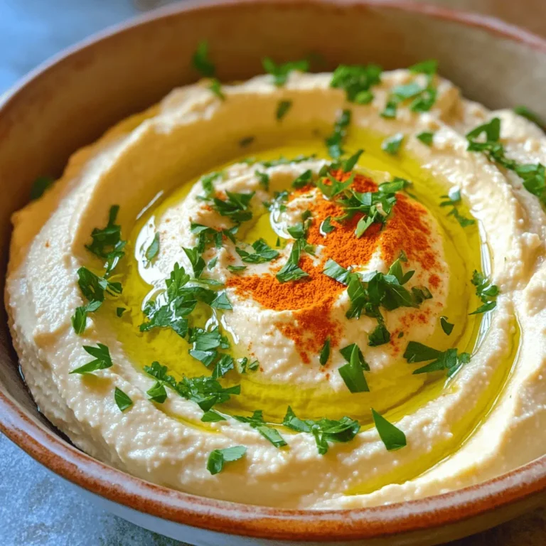 To make classic hummus, you will need: - 1 can (15 oz) chickpeas, drained and rinsed - 1/4 cup tahini - 2 tablespoons olive oil - 2 cloves garlic, minced - Juice of 1 lemon - 1/2 teaspoon ground cumin - Salt, to taste - Water, as needed - Paprika, for garnish - Fresh parsley, chopped, for garnish Using high-quality tahini makes a big difference. Look for brands that use pure sesame seeds. Fresh garlic adds zest, so choose firm cloves. For the best flavor, use freshly squeezed lemon juice. If you can, opt for organic chickpeas. They taste better and are healthier! Adding garnishes makes your hummus look pretty. Use a drizzle of olive oil on top. Sprinkle paprika for a hint of spice. Chopped parsley adds a nice color. You can also add toasted pine nuts for a crunchy touch. To start, open the can of chickpeas. Drain the chickpeas in a colander. Rinse them under cold water. This step helps remove the salty brine. You can also use dried chickpeas. If you choose this, soak them overnight. Cook them until soft, about one hour. Then, let them cool before using. Now, take your food processor. Add the chickpeas, tahini, minced garlic, and lemon juice. Pour in the olive oil, and sprinkle in the ground cumin and salt. Blend these ingredients together. Stop to scrape the sides as needed. This ensures a smooth mixture. Next, check the mixture's creaminess. If it seems thick, add water. Add one tablespoon at a time. Blend again until it feels right. You want a creamy texture, not too runny. Taste it, and adjust the flavors if needed. Add more salt or lemon juice. Once you get it perfect, serve it up! Enjoy your creamy hummus with some fresh veggies or pita bread. For the full recipe, refer to the earlier section. To get smooth hummus, use canned chickpeas. They save time and blend well. Make sure you rinse them well to remove excess salt. When you blend, add water slowly. A tablespoon at a time helps control the thickness. If you want it creamier, add more olive oil. Scrape the bowl often to mix everything evenly. For a kick, add extra garlic or a pinch of cayenne. You can also mix in roasted red peppers for a sweet twist. A dash of smoked paprika gives a nice depth. Fresh herbs like cilantro or basil add a fresh touch. Don’t forget to taste as you go. Adjust salt and lemon juice to suit your palate. One big mistake is not blending long enough. Take time to achieve that creamy finish. Another error is using too much lemon juice at once. Start with less, and add more if needed. Also, avoid adding too much water. You want a thick dip, not soup. Lastly, don’t skip the garnishes. They make your hummus look and taste better. For the complete recipe, check the full recipe section. {{image_2}} You can give your classic hummus a twist. Try adding roasted red peppers. Blend them in for a sweet, smoky taste. Another great option is spicy hummus. Just add some cayenne pepper or chili flakes. You can also mix in fresh herbs, like basil or cilantro. Each change brings new flavors to your dip. Hummus is very flexible. You can make it nut-free by skipping tahini. Instead, try sunflower seed butter or just use more olive oil. For a vegan version, this recipe is already perfect. All the ingredients are plant-based. You can enjoy it with no worries about animal products. You can serve hummus at many events. For a casual gathering, pair it with pita chips and veggies. If you have a dinner party, serve it as a starter with fancy bread. For a healthy snack, enjoy it with carrot and cucumber sticks. You can even use hummus as a spread on sandwiches or wraps. It adds flavor and moisture to your meal. For the full recipe, check out our detailed guide. To store your homemade hummus, place it in an airtight container. Cover it tightly to keep out air. You can keep it in the fridge for up to a week. Just make sure to use a clean spoon each time you scoop some out. This helps it stay fresh longer. If you want to keep hummus longer, freezing is a great option. Pour your hummus into a freezer-safe container. Leave some space at the top for expansion. You can also use ice cube trays for smaller portions. Once frozen, transfer cubes to a zip-top bag. Hummus can last up to three months in the freezer. When stored properly, homemade hummus lasts about a week in the fridge. If you freeze it, you can enjoy it for three months. Always check for any off smells or changes in color before eating. If it looks or smells strange, it's best to throw it away. Enjoy your creamy garlic lemon hummus in its prime! For the complete recipe, refer to the Full Recipe section. Yes, you can make hummus without tahini. Just skip it and focus on chickpeas. You can add more olive oil or even a splash of nut butter. This will help keep the flavor rich and smooth. The key is to blend well so it stays creamy. To make hummus creamier, use more water while blending. Start with one tablespoon at a time. If you want extra smoothness, peel the chickpeas before blending. This makes a big difference. You can also add a bit more olive oil for richness. Classic hummus pairs well with many foods. You can serve it with fresh veggies like carrots and cucumbers. Pita bread or chips are also great choices. For a twist, try it with crackers or even on a sandwich. You can find more ideas in the full recipe. In this article, we covered how to make classic hummus, focusing on ingredients, preparation, and storage. You learned about the essential items needed for the best flavor, as well as tips to enhance texture. I shared possible variations to match your taste and dietary needs. Homemade hummus is easy and fun. With practice, you’ll impress friends and family with your skills. Enjoy experimenting with new flavors and sharing delicious meals!