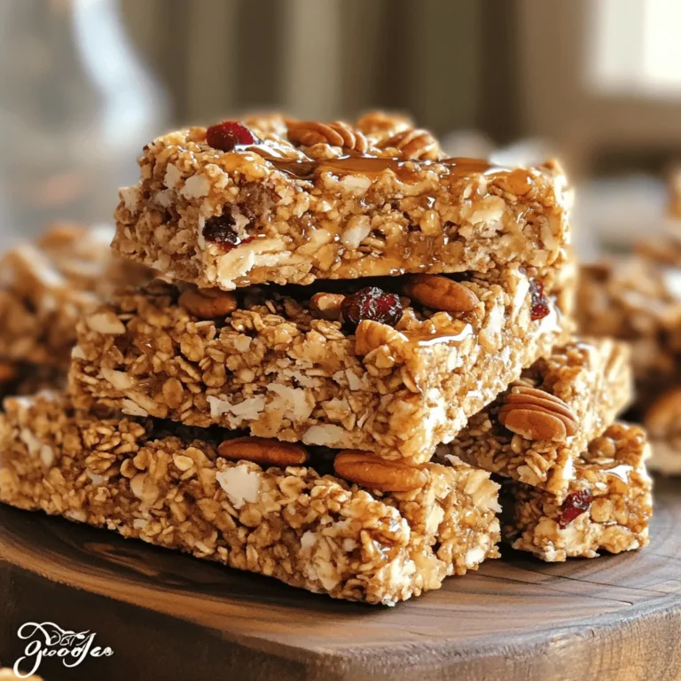 To make these tasty maple pecan granola bars, you need a few key items. Here’s what you’ll gather: - 2 cups rolled oats - 1 cup pecans, chopped - 1/2 cup unsweetened shredded coconut - 1/2 cup honey or maple syrup - 1/4 cup coconut oil, melted - 1/2 cup almond butter - 1/4 cup brown sugar (optional for added sweetness) - 1/2 teaspoon vanilla extract - 1/4 teaspoon salt - 1/2 cup mixed dried fruits (like cranberries or raisins) These ingredients bring together sweet flavors and crunchy textures. The oats form the base, while the pecans add a rich, nutty taste. Coconut gives a hint of tropical flavor. Honey or maple syrup binds it all together. You can customize your granola bars with fun add-ins. Here are some great options: - Chia seeds or flaxseeds for extra fiber - Dark chocolate chips for a sweet touch - Pumpkin seeds for a crunchy bite - Cinnamon or nutmeg for warm spice These add-ins not only boost taste but also improve nutrition. Feel free to mix and match based on your taste! Understanding the nutrition in your snack is key. Each bar holds important benefits. Here’s a quick look at what you get from one serving: - Calories: Approximately 200 - Protein: About 5g - Fiber: Roughly 3g - Healthy fats: Includes omega-3s from nuts and seeds - Natural sugars: From honey or maple syrup These bars offer energy and nutrients. They are a perfect choice for breakfast or a midday snack. You can feel good about enjoying them! For the complete recipe, check the [Full Recipe]. Start by getting your oven ready. Set it to 350°F (175°C). Next, grab an 8x8-inch baking pan. Line it with parchment paper. Make sure the paper hangs over the sides a bit. This helps when you take the bars out later. In a big bowl, add the rolled oats, chopped pecans, and shredded coconut. Stir these ingredients well. In another bowl, mix the honey or maple syrup, melted coconut oil, almond butter, vanilla extract, and salt. If you want it sweeter, add brown sugar. Whisk this mixture until it is smooth and well combined. Now, pour this wet mix over the dry mix. Stir until every piece is coated. Check for any dry spots. Finally, fold in the dried fruits gently. Transfer the mixture into the prepared pan. Press it down with a spatula so it is even and compact. Bake in the preheated oven for 20-25 minutes. Look for a nice golden brown color on the edges. After baking, let the pan cool for at least 15 minutes. Use the parchment paper to lift it out. Place it on a wire rack until it cools completely. Once cool, cut it into bars with a sharp knife. Check the [Full Recipe] for more details! To get the best texture, use rolled oats. They give a chewy base. Chopping pecans helps them mix well, adding crunch. For a touch of sweetness, consider adding brown sugar. This step is optional but can enhance the flavor. If you like a hint of coconut, use unsweetened shredded coconut. It adds a nice chewiness without too much sugar. One common mistake is not pressing the mixture firmly. If you do not press it down, the bars may crumble. Make sure to mix the wet and dry ingredients well. This ensures even flavor and texture. Also, avoid overbaking. Keep an eye on the edges. They should be golden brown, not dark. Dark edges mean burnt bars, which you want to avoid. To help the bars stay together, use enough binding agents. Almond butter and honey (or maple syrup) are key. They act like glue for the ingredients. Press the mixture firmly into the pan. The tighter you pack it, the better it will hold. Allow the bars to cool completely before cutting them. This step is crucial for maintaining shape. For a personal touch, drizzle a bit of maple syrup on top for extra flavor. {{image_2}} You can switch up the nuts in your bars. Use walnuts, almonds, or cashews. Each nut adds its own flavor. You can also add seeds like pumpkin or sunflower. They add crunch and nutrients. Mix and match to find your favorite blend! Adding fruit can change the taste of your bars. In summer, try dried mango or apricots. In fall, use dried apples or figs. These fruits add sweetness and make your bars special. Feel free to adjust the amount based on your taste. To make your granola bars gluten-free, choose certified gluten-free oats. This ensures no cross-contamination. You can also use nut flours instead of regular flour. Almond flour or coconut flour work well. This keeps the bars soft and tasty. For the complete recipe, check out the Full Recipe section! To keep your maple pecan granola bars fresh, store them in an airtight container. This helps keep moisture out and maintains their crispness. Place parchment paper between layers if you stack them. This prevents sticking. Keep the container in a cool, dry place. Avoid direct sunlight, as heat can make the bars soft. If you want to save some for later, freezing is a great option. Wrap each bar tightly in plastic wrap. Then, place them in a freezer-safe bag. Remove as much air as possible from the bag. When you’re ready to eat them, thaw at room temperature for a few hours. You can also microwave them for about 15 seconds if you want them warm. When stored properly, your granola bars will last about a week at room temperature. In the fridge, they can last up to two weeks. If frozen, they can stay good for up to three months. Always check for any signs of spoilage before eating. Enjoy your homemade snack, knowing it’s fresh and tasty! To make maple pecan granola bars vegan, simply replace honey with maple syrup. Use almond butter instead of any dairy-based spreads. Make sure your ingredients are free from animal products. This way, you can enjoy a tasty snack that fits your diet. Yes, you can substitute maple syrup for honey in this recipe. Maple syrup adds a rich sweetness and works well with pecans. Use the same amount, so it’s a one-to-one swap. This change also makes the bars vegan-friendly. You can find ready-made maple pecan granola bars at most grocery stores. Look in the snack or health food aisle. Many brands offer tasty options. Just check the ingredient list for quality and nutrition. Granola bars can be a healthy snack choice. They are often high in fiber, which helps digestion. Nuts like pecans provide healthy fats and protein. Dried fruits add vitamins and minerals. When made at home, you control the ingredients, making them even healthier. You’ve learned how to make delightful maple pecan granola bars. We covered key ingredients, step-by-step instructions, and tips for the best results. You discovered ways to personalize your bars with different nuts or fruits. Also, we discussed storage tips to keep your bars fresh and tasty. Making these bars is fun and easy. Keep experimenting with flavors and textures. Enjoy your healthy snacks!