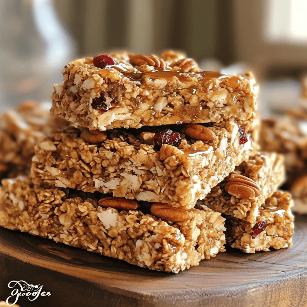 To make these tasty maple pecan granola bars, you need a few key items. Here’s what you’ll gather: - 2 cups rolled oats - 1 cup pecans, chopped - 1/2 cup unsweetened shredded coconut - 1/2 cup honey or maple syrup - 1/4 cup coconut oil, melted - 1/2 cup almond butter - 1/4 cup brown sugar (optional for added sweetness) - 1/2 teaspoon vanilla extract - 1/4 teaspoon salt - 1/2 cup mixed dried fruits (like cranberries or raisins) These ingredients bring together sweet flavors and crunchy textures. The oats form the base, while the pecans add a rich, nutty taste. Coconut gives a hint of tropical flavor. Honey or maple syrup binds it all together. You can customize your granola bars with fun add-ins. Here are some great options: - Chia seeds or flaxseeds for extra fiber - Dark chocolate chips for a sweet touch - Pumpkin seeds for a crunchy bite - Cinnamon or nutmeg for warm spice These add-ins not only boost taste but also improve nutrition. Feel free to mix and match based on your taste! Understanding the nutrition in your snack is key. Each bar holds important benefits. Here’s a quick look at what you get from one serving: - Calories: Approximately 200 - Protein: About 5g - Fiber: Roughly 3g - Healthy fats: Includes omega-3s from nuts and seeds - Natural sugars: From honey or maple syrup These bars offer energy and nutrients. They are a perfect choice for breakfast or a midday snack. You can feel good about enjoying them! For the complete recipe, check the [Full Recipe]. Start by getting your oven ready. Set it to 350°F (175°C). Next, grab an 8x8-inch baking pan. Line it with parchment paper. Make sure the paper hangs over the sides a bit. This helps when you take the bars out later. In a big bowl, add the rolled oats, chopped pecans, and shredded coconut. Stir these ingredients well. In another bowl, mix the honey or maple syrup, melted coconut oil, almond butter, vanilla extract, and salt. If you want it sweeter, add brown sugar. Whisk this mixture until it is smooth and well combined. Now, pour this wet mix over the dry mix. Stir until every piece is coated. Check for any dry spots. Finally, fold in the dried fruits gently. Transfer the mixture into the prepared pan. Press it down with a spatula so it is even and compact. Bake in the preheated oven for 20-25 minutes. Look for a nice golden brown color on the edges. After baking, let the pan cool for at least 15 minutes. Use the parchment paper to lift it out. Place it on a wire rack until it cools completely. Once cool, cut it into bars with a sharp knife. Check the [Full Recipe] for more details! To get the best texture, use rolled oats. They give a chewy base. Chopping pecans helps them mix well, adding crunch. For a touch of sweetness, consider adding brown sugar. This step is optional but can enhance the flavor. If you like a hint of coconut, use unsweetened shredded coconut. It adds a nice chewiness without too much sugar. One common mistake is not pressing the mixture firmly. If you do not press it down, the bars may crumble. Make sure to mix the wet and dry ingredients well. This ensures even flavor and texture. Also, avoid overbaking. Keep an eye on the edges. They should be golden brown, not dark. Dark edges mean burnt bars, which you want to avoid. To help the bars stay together, use enough binding agents. Almond butter and honey (or maple syrup) are key. They act like glue for the ingredients. Press the mixture firmly into the pan. The tighter you pack it, the better it will hold. Allow the bars to cool completely before cutting them. This step is crucial for maintaining shape. For a personal touch, drizzle a bit of maple syrup on top for extra flavor. {{image_2}} You can switch up the nuts in your bars. Use walnuts, almonds, or cashews. Each nut adds its own flavor. You can also add seeds like pumpkin or sunflower. They add crunch and nutrients. Mix and match to find your favorite blend! Adding fruit can change the taste of your bars. In summer, try dried mango or apricots. In fall, use dried apples or figs. These fruits add sweetness and make your bars special. Feel free to adjust the amount based on your taste. To make your granola bars gluten-free, choose certified gluten-free oats. This ensures no cross-contamination. You can also use nut flours instead of regular flour. Almond flour or coconut flour work well. This keeps the bars soft and tasty. For the complete recipe, check out the Full Recipe section! To keep your maple pecan granola bars fresh, store them in an airtight container. This helps keep moisture out and maintains their crispness. Place parchment paper between layers if you stack them. This prevents sticking. Keep the container in a cool, dry place. Avoid direct sunlight, as heat can make the bars soft. If you want to save some for later, freezing is a great option. Wrap each bar tightly in plastic wrap. Then, place them in a freezer-safe bag. Remove as much air as possible from the bag. When you’re ready to eat them, thaw at room temperature for a few hours. You can also microwave them for about 15 seconds if you want them warm. When stored properly, your granola bars will last about a week at room temperature. In the fridge, they can last up to two weeks. If frozen, they can stay good for up to three months. Always check for any signs of spoilage before eating. Enjoy your homemade snack, knowing it’s fresh and tasty! To make maple pecan granola bars vegan, simply replace honey with maple syrup. Use almond butter instead of any dairy-based spreads. Make sure your ingredients are free from animal products. This way, you can enjoy a tasty snack that fits your diet. Yes, you can substitute maple syrup for honey in this recipe. Maple syrup adds a rich sweetness and works well with pecans. Use the same amount, so it’s a one-to-one swap. This change also makes the bars vegan-friendly. You can find ready-made maple pecan granola bars at most grocery stores. Look in the snack or health food aisle. Many brands offer tasty options. Just check the ingredient list for quality and nutrition. Granola bars can be a healthy snack choice. They are often high in fiber, which helps digestion. Nuts like pecans provide healthy fats and protein. Dried fruits add vitamins and minerals. When made at home, you control the ingredients, making them even healthier. You’ve learned how to make delightful maple pecan granola bars. We covered key ingredients, step-by-step instructions, and tips for the best results. You discovered ways to personalize your bars with different nuts or fruits. Also, we discussed storage tips to keep your bars fresh and tasty. Making these bars is fun and easy. Keep experimenting with flavors and textures. Enjoy your healthy snacks!