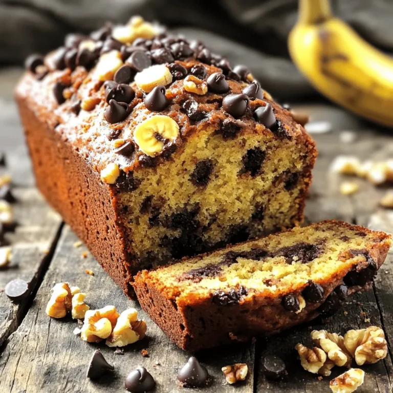 To make a great chocolate chip banana bread, you need a few key items. These ingredients create the perfect balance of flavor and texture. Here’s what you will need: - 3 ripe bananas, mashed - 1/3 cup melted coconut oil or unsalted butter - 1/2 cup brown sugar - 1/4 cup honey or maple syrup - 1 large egg - 1 teaspoon vanilla extract - 1 teaspoon baking soda - A pinch of salt - 1 1/2 cups all-purpose flour - 1/2 cup chocolate chips, either dark or semi-sweet - Optional: 1/4 cup chopped walnuts or pecans - Optional: 1 teaspoon ground cinnamon You can customize your banana bread in fun ways. Here are some ideas: - Swap chocolate chips for white chocolate or butterscotch chips. - Use almond or peanut butter instead of coconut oil for a nutty flavor. - Add dried fruit like raisins or cranberries for extra sweetness. - Replace the egg with a flax egg for a vegan option. - Try adding spices like nutmeg or ginger for a warm twist. These options give you room to play and create a banana bread that suits your taste. Check out the Full Recipe for more details! Start by preheating your oven to 350°F (175°C). This helps your bread bake evenly. Next, take a 9x5-inch loaf pan. You can grease it with oil or butter. Alternatively, line it with parchment paper. This makes it easy to take the bread out later. In a large mixing bowl, mash three ripe bananas. Use a fork for this task. Then, add 1/3 cup of melted coconut oil or unsalted butter. Mix these two until they blend well. Next, pour in 1/2 cup of brown sugar and 1/4 cup of honey or maple syrup. Add one large egg and 1 teaspoon of vanilla extract. Whisk this mixture until it’s smooth and creamy. Now, sprinkle 1 teaspoon of baking soda and a pinch of salt over your wet mix. Stir it gently to combine. Gradually add 1 1/2 cups of all-purpose flour. Be careful not to overmix the batter. Finally, fold in 1/2 cup of chocolate chips and, if you like, 1/4 cup of chopped walnuts or pecans. You can even add 1 teaspoon of ground cinnamon for a fun twist! Pour the batter into your prepared loaf pan. Spread it evenly across the pan. Place it in your preheated oven and bake for 60-65 minutes. Check if it’s done by inserting a tester in the center. If it comes out clean, your bread is ready! Let it cool in the pan for about 10 minutes. After that, move it to a wire rack to cool completely. Use ripe bananas for the best flavor. Look for bananas with brown spots. The more spots, the sweeter they are. They should feel soft when you squeeze them gently. Avoid green bananas. They won't mash well and lack sweetness. If you want to ripen bananas quickly, place them in a paper bag. This traps the ethylene gas and speeds up ripening. Temperature matters. Preheat your oven to 350°F (175°C) before you start. Grease your pan well to prevent sticking. You can also use parchment paper for easy removal. Mix your wet ingredients first, then add the dry ones. This keeps your batter smooth. Don’t overmix when adding flour. This makes your bread dense. Fold in the chocolate chips gently. This keeps them from sinking to the bottom. One big mistake is using unripe bananas. They make the bread taste bland. Another mistake is overbaking. Keep an eye on the bread. Check it around 60 minutes. If a toothpick comes out clean, it’s done. Avoid opening the oven too often. This lets out heat and can affect baking. Lastly, don’t skip the cooling time. Letting it cool in the pan helps it set. For the full recipe, refer to the details provided earlier. {{image_2}} You can switch up the flavor by using different types of chocolate. Dark, semi-sweet, or even white chocolate all work well. I love using dark chocolate chips for a richer taste. You can also chop up your favorite chocolate bar and fold it in. This adds a fun texture and flavor. You can even mix and match. Try a blend of dark and milk chocolate for a sweet twist. Want to make your banana bread even more special? Add spices like cinnamon or nutmeg. I often use a teaspoon of ground cinnamon for warmth. You can also try a splash of almond or coconut extract for extra flavor. These small changes can make a big difference. Each bite will feel like a new experience. Need to make changes for dietary needs? You can easily swap ingredients. Use applesauce instead of oil for a lighter version. If you're dairy-free, plant-based butter works great. For a gluten-free option, use almond or oat flour. You can also replace the egg with a flax egg. Just mix one tablespoon of ground flaxseed with three tablespoons of water. Let it sit for a few minutes before adding. These swaps help everyone enjoy this tasty treat. For a full recipe, check out the delightful Chocolate Chip Banana Bread! To keep your chocolate chip banana bread fresh, wrap it tightly. Use plastic wrap or aluminum foil. Store it at room temperature if you plan to eat it within a few days. For longer storage, move it to the fridge. This helps prevent spoilage. Always let the bread cool completely before wrapping. This keeps moisture inside and keeps your bread soft. Freezing is a great option if you have extra banana bread. Slice the bread first for easy servings. Wrap each slice in plastic wrap. Then, place the wrapped slices in a freezer bag. Press out as much air as you can. Label the bag with the date and type of bread. This way, you can enjoy your delightful treat for up to three months. When you want to enjoy your banana bread again, reheating is simple. For individual slices, use a microwave. Heat for about 10-15 seconds. Check to make sure it’s warm but not too hot. If you prefer, you can use an oven. Preheat it to 350°F (175°C). Place the slices on a baking sheet and warm them for about 5-10 minutes. This keeps the bread moist and brings back its fresh flavor from the oven. The key to moist banana bread is ripe bananas. They add natural sweetness and moisture. Using coconut oil also helps keep the bread soft. Plus, don’t overmix the batter. This keeps the bread light and fluffy. Yes, you can use frozen bananas! Just thaw them first and drain any extra liquid. Frozen bananas often taste sweeter, which can enhance your bread. They will mash easily, so it’s a great option. You can store this banana bread at room temperature for about 2-3 days. Wrap it in plastic wrap to keep it fresh. If you want it to last longer, store it in the fridge for up to a week. Yes, you can make this recipe without eggs. Use a flax egg or applesauce instead. For a flax egg, mix 1 tablespoon of ground flaxseed with 2.5 tablespoons of water. Let it sit for a few minutes until it thickens. Applesauce works well too, using 1/4 cup as a substitute. Try these options for a delicious result! For the full recipe, check out the delightful Chocolate Chip Banana Bread. In this post, we covered how to make delicious chocolate chip banana bread. We discussed essential ingredients, measurements, and possible add-ins. You learned step-by-step instructions for baking, along with tips for choosing bananas and avoiding common mistakes. We explored variations for adding flavor and storage methods for leftovers. Remember, each ingredient plays a key role, and small changes can make a big difference. Now, you're ready to bake banana bread that tastes great and fits your needs. Enjoy your tasty creation!