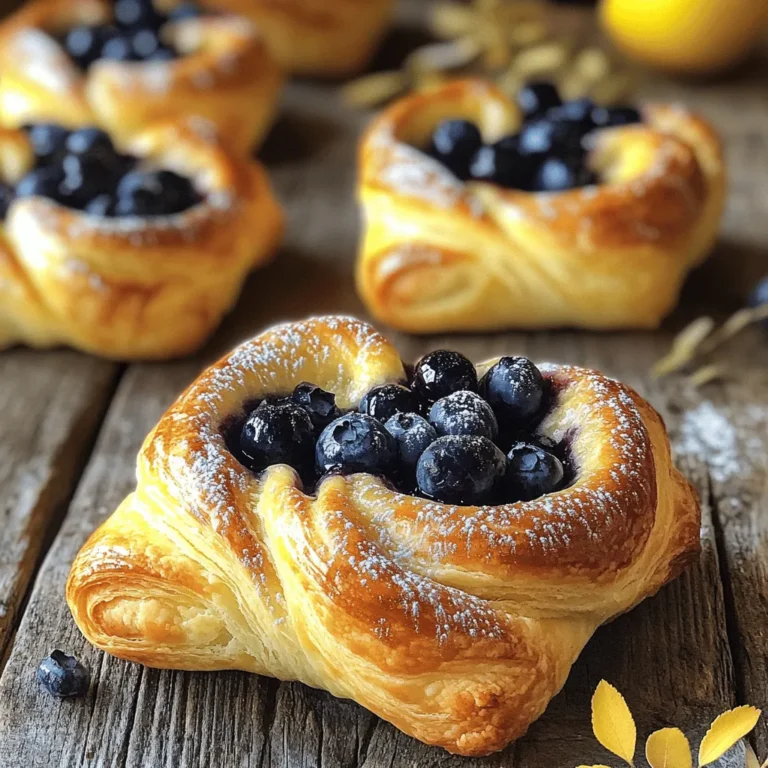 - 2 cups all-purpose flour - 1/2 cup granulated sugar - 1 tablespoon baking powder - 1/2 teaspoon salt - 1/2 cup unsalted butter, cold and cubed - 1/2 cup buttermilk - 1 large egg - 1 teaspoon vanilla extract - 1 cup wild blueberries (fresh or frozen) - 1 teaspoon lemon zest - 1 egg wash (1 egg beaten with 1 tablespoon water) - Confectioners' sugar for dusting - Mixing bowls - Whisk - Pastry cutter - Baking sheet - Parchment paper I love making Wild Blueberry Coffee Cake Danishes. The ingredients are simple yet they create a perfect treat. You start with the base of all-purpose flour, sugar, and baking powder. These are the building blocks. Next, you add cold, cubed butter. This makes the pastry flaky. The buttermilk gives it a tender crumb. An egg and vanilla extract add richness and flavor. You can’t forget the wild blueberries; they burst with flavor in every bite. Lemon zest adds a bright touch to the filling. For the best results, gather your kitchen tools. A mixing bowl, whisk, and pastry cutter are key. You’ll need a baking sheet lined with parchment paper for easy cleanup. This list helps you create a delightful treat that everyone will love. For the complete recipe, check out the Full Recipe section. 1. Preheat the oven to 375°F (190°C). 2. Line the baking sheet with parchment paper. 3. In a large bowl, mix the dry ingredients: flour, sugar, baking powder, and salt. 4. Cut in the cold butter until it looks like coarse crumbs. 5. In a separate bowl, whisk together the buttermilk, egg, and vanilla. Then, combine this with the dry mix. 6. Gently fold in the wild blueberries and lemon zest. 7. Turn out the dough onto a floured surface. Shape it, and create wells for filling. 8. Brush the edges with the egg wash and bake for 15-20 minutes. This simple method makes delightful Wild Blueberry Coffee Cake Danishes. For the full recipe, check out the details above. Enjoy every bite! - Use cold butter for a flakier pastry. Cold butter helps create layers. - Avoid over-mixing to keep the pastry tender. Gentle mixing leads to soft dough. - Add lemon juice for a tangy twist. This brightens the taste of blueberries. - Substitute different berries as desired. Try raspberries or blackberries for variety. - Dust with confectioners' sugar before serving. This adds a lovely touch to your danishes. - Serve warm for the best experience. Warm pastries taste better and feel fresh. These tips will help you make the best Wild Blueberry Coffee Cake Danishes. For a full recipe, check out the [Full Recipe]. Enjoy your baking! {{image_2}} You can switch up the blueberries with other fruits. Raspberries and strawberries work great. They add a sweet and tart flavor. Mixed berry danishes are also fun. Just combine your favorite berries for a colorful twist. Need a gluten-free option? Use a 1:1 gluten-free flour blend. Make sure to check for the right mix. You may need to adjust the wet ingredients a bit. Start with less buttermilk and add more as needed. This keeps your dough moist and tasty. Want to make your danishes extra special? Try a cream cheese filling. Just blend cream cheese, sugar, and vanilla. Spread it in the middle before baking. For a crunchy texture, add a crumble topping. Mix oats, flour, and butter for a delightful crunch. You can find the full recipe for these tasty treats to explore these ideas. To keep your Wild Blueberry Coffee Cake Danishes fresh, store them in an airtight container at room temperature. This will help keep them soft and tasty. If you want them to last longer, refrigerate them. This will help avoid spoilage and keep the flavors intact. For the best texture, reheat your danishes in the oven. Set it to 350°F (175°C) and warm them for about 5-10 minutes. This method keeps them flaky. If you need a quick fix, you can use the microwave. Heat one danish for about 15-20 seconds. Remember, it may get a bit soft. You can freeze these danishes before or after baking. If you freeze before baking, wrap them tightly in plastic wrap and then in foil. When you are ready to bake, no need to thaw, just bake them a few minutes longer. If you freeze after baking, let them cool first. Wrap them well and store in a freezer bag. For thawing, take them out and let them sit at room temperature for a few hours. This keeps them fresh and ready to eat. Enjoy making these danishes, and remember to check the Full Recipe for more details! Yes, you can use any type of berry. Just adjust the amount as needed. Raspberries, strawberries, or blackberries all work well in this recipe. Each berry will add its unique flavor to your danishes. Leftovers usually last about 2-3 days at room temperature. To keep them fresh, store them in an airtight container. If you want them to last longer, consider refrigerating them. Yes, you can prepare the dough ahead of time and freeze it. Just wrap the dough tightly in plastic wrap and place it in a freezer bag. When you are ready, thaw it in the fridge overnight before baking. If you don’t have buttermilk, you can substitute it easily. Just mix regular milk with a bit of vinegar or lemon juice. This creates a similar tangy flavor that buttermilk adds to the recipe. This blog post provided a clear path to making delicious blueberry pastries. You learned about the key ingredients, step-by-step instructions, and helpful tips. Remember, using cold butter and avoiding over-mixing will give you the best texture. Feel free to experiment with different fruits and toppings to make it your own. With proper storage and reheating, these pastries can bring joy even days later. Enjoy the process and happy baking!