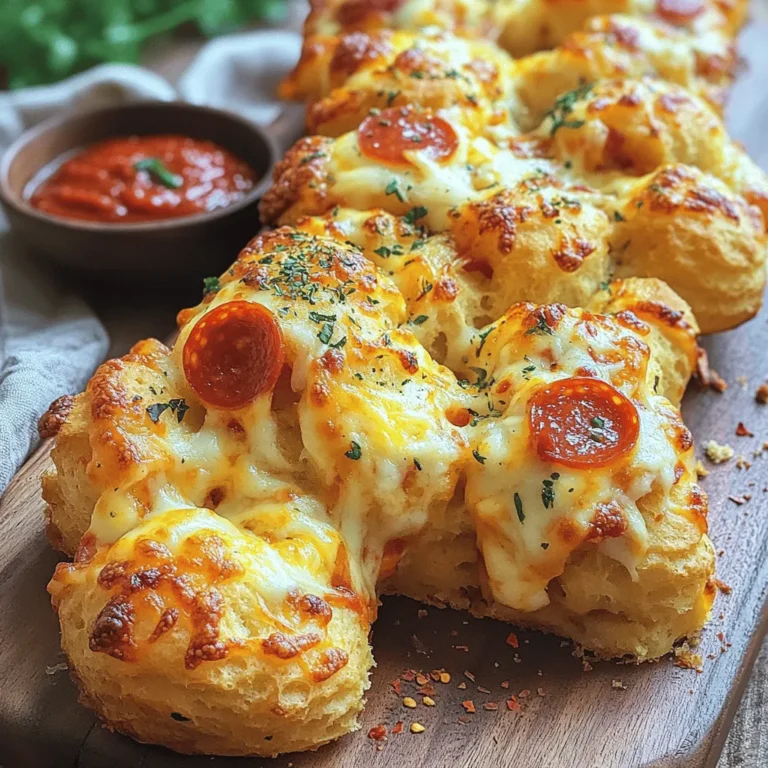 - 2 cans of refrigerated biscuit dough - 2 cups shredded mozzarella cheese - 1 cup diced pepperoni - 1 teaspoon Italian seasoning - 1 cup pizza sauce (for dipping) - 1/4 cup grated Parmesan cheese - 1/4 cup olive oil - 1 teaspoon garlic powder - 1/2 teaspoon crushed red pepper flakes (optional) Gather these ingredients for your Cheese Pizza Monkey Bread. First, the biscuit dough forms the base. I love using refrigerated dough. It’s easy and fast. Next, mozzarella cheese adds that melty goodness. You can never go wrong with cheese! Diced pepperoni brings in a savory punch. For seasoning, Italian seasoning adds a classic pizza flavor. Don't forget the pizza sauce for dipping. It makes every bite even tastier! Grated Parmesan cheese adds a nice finish on top. The olive oil helps everything come together. Garlic powder gives a subtle, rich taste. If you like a kick, add crushed red pepper flakes. These ingredients combine to make a fun, shareable dish. You can find the Full Recipe in the instructions section. Enjoy cooking! - Preheat oven to 350°F (175°C). - Grease bundt pan with cooking spray or olive oil. Before you start, set your oven. Preheating is key to a good bake. Greasing your bundt pan stops the monkey bread from sticking. Use either cooking spray or olive oil for this step. - Cut biscuit dough into quarters. - Mix biscuit pieces with cheese and toppings. Open your biscuit dough cans. Cut each biscuit into four small pieces. This makes it easy for the dough to cook through. In a big bowl, mix the quartered biscuit pieces with shredded mozzarella, diced pepperoni, Italian seasoning, and garlic powder. If you like heat, toss in crushed red pepper flakes. Drizzle olive oil over the mix and toss gently. You want every piece coated with oil. - Layer ingredients in the bundt pan. - Bake and cool before serving. Start layering in your bundt pan. First, sprinkle half of the grated Parmesan cheese on the bottom. Then, add half of your biscuit mixture. Spread it out evenly. Next, add the rest of the Parmesan cheese. Finally, add the remaining biscuit mixture, pressing down gently to pack it in. Bake for 30-35 minutes. Look for a golden brown top to know it’s done. Let it cool for about 10 minutes. Invert it onto a plate, and it’s ready to serve! Enjoy with pizza sauce on the side. For the full recipe, check out [Full Recipe]. - Make sure to coat your dough in olive oil. This helps it bake evenly. - When you layer the dough in the pan, press it down lightly. This packs it in well. - Try using different cheeses like cheddar or gouda. Each cheese adds its own twist. - Fresh herbs like basil or oregano can boost the taste. Just chop them up and mix them in. - Serve the monkey bread warm with pizza sauce for dipping. The sauce adds great flavor. - You can also pair it with a fresh salad or some garlic bread. This adds a nice balance to your meal. {{image_2}} If you want a meat-free version, swap the pepperoni for your favorite vegetables. Think bell peppers, mushrooms, or spinach. These veggies add color and flavor. You can even use artichokes or olives for a unique twist. Just chop them small so they mix well with the dough. Cheese is key to making this dish tasty. While mozzarella is classic, why not try cheddar or feta? Cheddar gives a sharp bite. Feta adds a rich creaminess and tang. You can mix different cheeses for a fun flavor. Experiment to find your favorite blend. For those who love heat, add spicy sausage or jalapeños. This twist kicks up the flavor. You can use fresh or pickled jalapeños, depending on how spicy you want it. If you’re feeling bold, mix in some crushed red pepper flakes. It’s a great way to make your Cheese Pizza Monkey Bread stand out. Check out the Full Recipe for more ideas! To keep your Cheese Pizza Monkey Bread fresh, store it in an airtight container. This method helps prevent it from drying out. You can keep it in the fridge for up to three days. When you're ready to enjoy it again, you'll have tasty leftovers waiting for you. The best way to reheat your Cheese Pizza Monkey Bread is in the oven. Preheat your oven to 350°F (175°C). Place the monkey bread on a baking sheet. Heat it for about 10-15 minutes. This way, it stays crispy on the outside and warm inside. You can also use the microwave for a quick option, but it may not be as crispy. If you want to save some for later, you can freeze it. Cut the monkey bread into slices. Wrap each slice in plastic wrap and then place them in a freezer bag. Make sure to remove as much air as possible. To thaw, leave it in the fridge overnight. Reheat in the oven for the best results. Enjoy your Cheese Pizza Monkey Bread any time with these simple storage tips! You can tell when it's done by looking at its color. The top should be golden brown. You can also check the biscuits inside. They should feel firm and not doughy. A quick way to check is to use a food thermometer. The inside should reach 190°F (88°C) to be safe to eat. Let it cool for ten minutes before serving. This helps the bread firm up. Yes, you can prepare it ahead of time! You can cut the biscuit dough and mix it with cheese and toppings. Place this mixture in the bundt pan but don’t bake it yet. Cover it and store it in the fridge for up to 24 hours. When you are ready to bake, just pop it in the oven. This saves time and makes it easy for parties or family dinners. If you don't have biscuit dough, don't worry! You can use pizza dough or bread dough instead. Just roll it out and cut it into small pieces. You can also try using crescent roll dough for a flakier texture. If you want a gluten-free option, look for gluten-free biscuit dough at your local store. This recipe is flexible and allows for many tasty options. For the full recipe, check out the earlier section! This blog post covered all you need to make Cheese Pizza Monkey Bread. You learned about the key ingredients, how to prepare, and bake it step by step. I included tips to perfect your dish, variations to try, and how to store leftovers. Each method adds unique flavor and charm. You can create a special treat that everyone will enjoy. So grab your ingredients and start baking this fun, cheesy dish today!