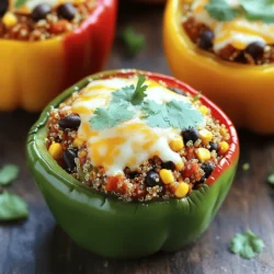 Here’s everything you need to make savory stuffed bell peppers with quinoa: - 4 large bell peppers (any color) - 1 cup quinoa, rinsed - 2 cups vegetable broth - 1 cup black beans, drained and rinsed - 1 cup corn (fresh or frozen) - 1 medium onion, finely chopped - 2 cloves garlic, minced - 1 teaspoon cumin - 1 teaspoon smoked paprika - 1 teaspoon chili powder - Salt and pepper to taste - 1 cup diced tomatoes (canned or fresh) - 1 cup shredded cheese (cheddar or a dairy-free alternative) - Fresh cilantro, chopped (for garnish) These ingredients come together to create a dish that is not just colorful but also full of flavor. Using fresh ingredients, like colorful bell peppers, makes the dish even more appealing. Quinoa is a fantastic base here; it is healthy and packed with protein. The black beans and corn add texture and sweetness, while spices like cumin and smoked paprika bring warmth and depth. Don't forget the cheese on top for that perfect melt! For the complete cooking steps, check out the Full Recipe. - Preheat your oven to 375°F (190°C). - Slice the tops off the bell peppers and remove the seeds and membranes. This helps the peppers cook evenly. - In a medium saucepan, combine rinsed quinoa and vegetable broth. Bring it to a boil. - Once boiling, reduce to a simmer and cover the pot. Cook for about 15 minutes until fluffy. This gives you great texture and flavor. - Heat a splash of olive oil in a skillet over medium heat. - Add the chopped onion and minced garlic. Sauté until they become translucent, which takes about 3-4 minutes. This step builds a nice base for your filling. - Stir in black beans, corn, cumin, smoked paprika, chili powder, salt, and pepper. Cook this mixture through for 3-5 minutes. - Once the quinoa is fluffy, fluff it with a fork and add it to the skillet. Mix in diced tomatoes and half of the shredded cheese. This creates a colorful and tasty filling. - Pack the quinoa mixture into the prepared peppers. Press down gently to fill them well. - Place the stuffed peppers upright in a baking dish. Sprinkle the remaining cheese on top. - Cover the dish with foil and bake for 30 minutes. After that, remove the foil and bake for an additional 10-15 minutes. This gives you bubbly cheese and tender peppers. These steps help you create delicious stuffed bell peppers with quinoa. Enjoy the process and the tasty results! For the specific amounts, see the Full Recipe. Look for bell peppers that are firm and vibrant. The colors can be green, red, yellow, or orange. Avoid peppers with blemishes or soft spots. Fresh peppers will have a shiny skin. You want them to feel heavy for their size. This means they are juicy and full of flavor. After cooking quinoa, let it sit covered for about five minutes. This helps the grains absorb any remaining moisture. Use a fork to fluff the quinoa gently. This makes it light and airy. Fluffed quinoa mixes well and adds texture to your stuffed peppers. To boost the taste, try adding spices. Cumin, smoked paprika, and chili powder work great here. You can also use homemade vegetable broth instead of water for cooking quinoa. This adds depth to the flavor. Taste your filling as you cook. Adjust the spices based on your preference. Enjoy the process of making it your own! {{image_2}} You can easily make this dish vegan. Just swap regular cheese for a dairy-free alternative. Many brands offer great cheese substitutes that melt well. This way, you keep the creamy texture without dairy. Want more protein? Add cooked ground turkey, chicken, or even mushrooms. Ground turkey has a mild taste and works well with the spices. Chicken adds a nice flavor, while mushrooms give a hearty feel. All these options boost your meal’s nutrient value. If you prefer something different, switch quinoa for other grains. Couscous, brown rice, and farro are excellent choices. Couscous cooks fast and has a fluffy texture. Brown rice is nutritious and filling. Farro has a nutty flavor that pairs well with vegetables. Each grain gives a unique twist to the dish. You can store your leftover stuffed bell peppers in an airtight container. They last in the fridge for up to 5 days. Make sure to let them cool first. This way, you keep the taste fresh. To freeze the stuffed bell peppers, wrap each one tightly in plastic wrap. Then, place them in a freezer-safe bag. Label the bag with the date. They can stay frozen for up to 3 months. When you're ready to eat, just thaw them in the fridge overnight. To reheat, the best way is to use the oven. Preheat it to 350°F (175°C). Place the peppers in a baking dish. Cover them with foil to keep moisture in. Heat for about 20 minutes. This keeps the peppers soft and the filling tasty. You can also microwave them, but the oven gives better texture. For the microwave, heat one pepper at a time for about 2-3 minutes. Yes, you can prep stuffed bell peppers ahead of time. Here’s how: - Prepare the filling: Cook the quinoa and mix it with your veggies and spices. - Stuff the peppers: Fill the bell peppers with the quinoa mixture. - Store: Place them in an airtight container in the fridge. - Bake later: When ready to eat, bake them as directed. This method saves time and makes meal prep easy. You can tell when stuffed bell peppers are done by looking for these signs: - Tenderness: The peppers should be soft but still hold their shape. - Cheese: The cheese on top should be melted and bubbly. - Color: The peppers should be a bit darker, indicating they are cooked through. Absolutely! Here are some tasty alternatives to quinoa: - Rice: Use brown rice or white rice for a different texture. - Meats: Ground turkey, beef, or chicken work well. - Legumes: Lentils or chickpeas can add great protein. - Veggies: Mix in more vegetables like spinach, zucchini, or mushrooms for added nutrition. Stuffed bell peppers with quinoa are healthy and packed with nutrients: - Protein: Quinoa offers a complete source of protein. - Fiber: The beans and peppers provide plenty of fiber for digestion. - Vitamins: Bell peppers are rich in vitamins A and C. - Low calories: This dish is low in calories, making it a good option for weight control. For detailed steps, check out the [Full Recipe](#) to make these delicious stuffed peppers. Stuffed bell peppers are a tasty and healthy dish. You start by preparing bell peppers and cooking quinoa. Next, you mix in beans, corn, and spices. After stuffing the peppers, you bake them to perfection. You can also switch ingredients to suit your taste. Don’t forget to store leftovers properly for later meals. This dish is not only fun to make but also offers great nutrition. Explore different flavors and enjoy your cooking journey!