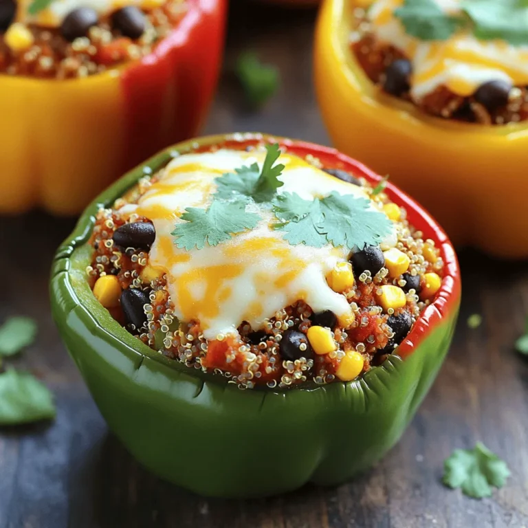 Here’s everything you need to make savory stuffed bell peppers with quinoa: - 4 large bell peppers (any color) - 1 cup quinoa, rinsed - 2 cups vegetable broth - 1 cup black beans, drained and rinsed - 1 cup corn (fresh or frozen) - 1 medium onion, finely chopped - 2 cloves garlic, minced - 1 teaspoon cumin - 1 teaspoon smoked paprika - 1 teaspoon chili powder - Salt and pepper to taste - 1 cup diced tomatoes (canned or fresh) - 1 cup shredded cheese (cheddar or a dairy-free alternative) - Fresh cilantro, chopped (for garnish) These ingredients come together to create a dish that is not just colorful but also full of flavor. Using fresh ingredients, like colorful bell peppers, makes the dish even more appealing. Quinoa is a fantastic base here; it is healthy and packed with protein. The black beans and corn add texture and sweetness, while spices like cumin and smoked paprika bring warmth and depth. Don't forget the cheese on top for that perfect melt! For the complete cooking steps, check out the Full Recipe. - Preheat your oven to 375°F (190°C). - Slice the tops off the bell peppers and remove the seeds and membranes. This helps the peppers cook evenly. - In a medium saucepan, combine rinsed quinoa and vegetable broth. Bring it to a boil. - Once boiling, reduce to a simmer and cover the pot. Cook for about 15 minutes until fluffy. This gives you great texture and flavor. - Heat a splash of olive oil in a skillet over medium heat. - Add the chopped onion and minced garlic. Sauté until they become translucent, which takes about 3-4 minutes. This step builds a nice base for your filling. - Stir in black beans, corn, cumin, smoked paprika, chili powder, salt, and pepper. Cook this mixture through for 3-5 minutes. - Once the quinoa is fluffy, fluff it with a fork and add it to the skillet. Mix in diced tomatoes and half of the shredded cheese. This creates a colorful and tasty filling. - Pack the quinoa mixture into the prepared peppers. Press down gently to fill them well. - Place the stuffed peppers upright in a baking dish. Sprinkle the remaining cheese on top. - Cover the dish with foil and bake for 30 minutes. After that, remove the foil and bake for an additional 10-15 minutes. This gives you bubbly cheese and tender peppers. These steps help you create delicious stuffed bell peppers with quinoa. Enjoy the process and the tasty results! For the specific amounts, see the Full Recipe. Look for bell peppers that are firm and vibrant. The colors can be green, red, yellow, or orange. Avoid peppers with blemishes or soft spots. Fresh peppers will have a shiny skin. You want them to feel heavy for their size. This means they are juicy and full of flavor. After cooking quinoa, let it sit covered for about five minutes. This helps the grains absorb any remaining moisture. Use a fork to fluff the quinoa gently. This makes it light and airy. Fluffed quinoa mixes well and adds texture to your stuffed peppers. To boost the taste, try adding spices. Cumin, smoked paprika, and chili powder work great here. You can also use homemade vegetable broth instead of water for cooking quinoa. This adds depth to the flavor. Taste your filling as you cook. Adjust the spices based on your preference. Enjoy the process of making it your own! {{image_2}} You can easily make this dish vegan. Just swap regular cheese for a dairy-free alternative. Many brands offer great cheese substitutes that melt well. This way, you keep the creamy texture without dairy. Want more protein? Add cooked ground turkey, chicken, or even mushrooms. Ground turkey has a mild taste and works well with the spices. Chicken adds a nice flavor, while mushrooms give a hearty feel. All these options boost your meal’s nutrient value. If you prefer something different, switch quinoa for other grains. Couscous, brown rice, and farro are excellent choices. Couscous cooks fast and has a fluffy texture. Brown rice is nutritious and filling. Farro has a nutty flavor that pairs well with vegetables. Each grain gives a unique twist to the dish. You can store your leftover stuffed bell peppers in an airtight container. They last in the fridge for up to 5 days. Make sure to let them cool first. This way, you keep the taste fresh. To freeze the stuffed bell peppers, wrap each one tightly in plastic wrap. Then, place them in a freezer-safe bag. Label the bag with the date. They can stay frozen for up to 3 months. When you're ready to eat, just thaw them in the fridge overnight. To reheat, the best way is to use the oven. Preheat it to 350°F (175°C). Place the peppers in a baking dish. Cover them with foil to keep moisture in. Heat for about 20 minutes. This keeps the peppers soft and the filling tasty. You can also microwave them, but the oven gives better texture. For the microwave, heat one pepper at a time for about 2-3 minutes. Yes, you can prep stuffed bell peppers ahead of time. Here’s how: - Prepare the filling: Cook the quinoa and mix it with your veggies and spices. - Stuff the peppers: Fill the bell peppers with the quinoa mixture. - Store: Place them in an airtight container in the fridge. - Bake later: When ready to eat, bake them as directed. This method saves time and makes meal prep easy. You can tell when stuffed bell peppers are done by looking for these signs: - Tenderness: The peppers should be soft but still hold their shape. - Cheese: The cheese on top should be melted and bubbly. - Color: The peppers should be a bit darker, indicating they are cooked through. Absolutely! Here are some tasty alternatives to quinoa: - Rice: Use brown rice or white rice for a different texture. - Meats: Ground turkey, beef, or chicken work well. - Legumes: Lentils or chickpeas can add great protein. - Veggies: Mix in more vegetables like spinach, zucchini, or mushrooms for added nutrition. Stuffed bell peppers with quinoa are healthy and packed with nutrients: - Protein: Quinoa offers a complete source of protein. - Fiber: The beans and peppers provide plenty of fiber for digestion. - Vitamins: Bell peppers are rich in vitamins A and C. - Low calories: This dish is low in calories, making it a good option for weight control. For detailed steps, check out the [Full Recipe](#) to make these delicious stuffed peppers. Stuffed bell peppers are a tasty and healthy dish. You start by preparing bell peppers and cooking quinoa. Next, you mix in beans, corn, and spices. After stuffing the peppers, you bake them to perfection. You can also switch ingredients to suit your taste. Don’t forget to store leftovers properly for later meals. This dish is not only fun to make but also offers great nutrition. Explore different flavors and enjoy your cooking journey!