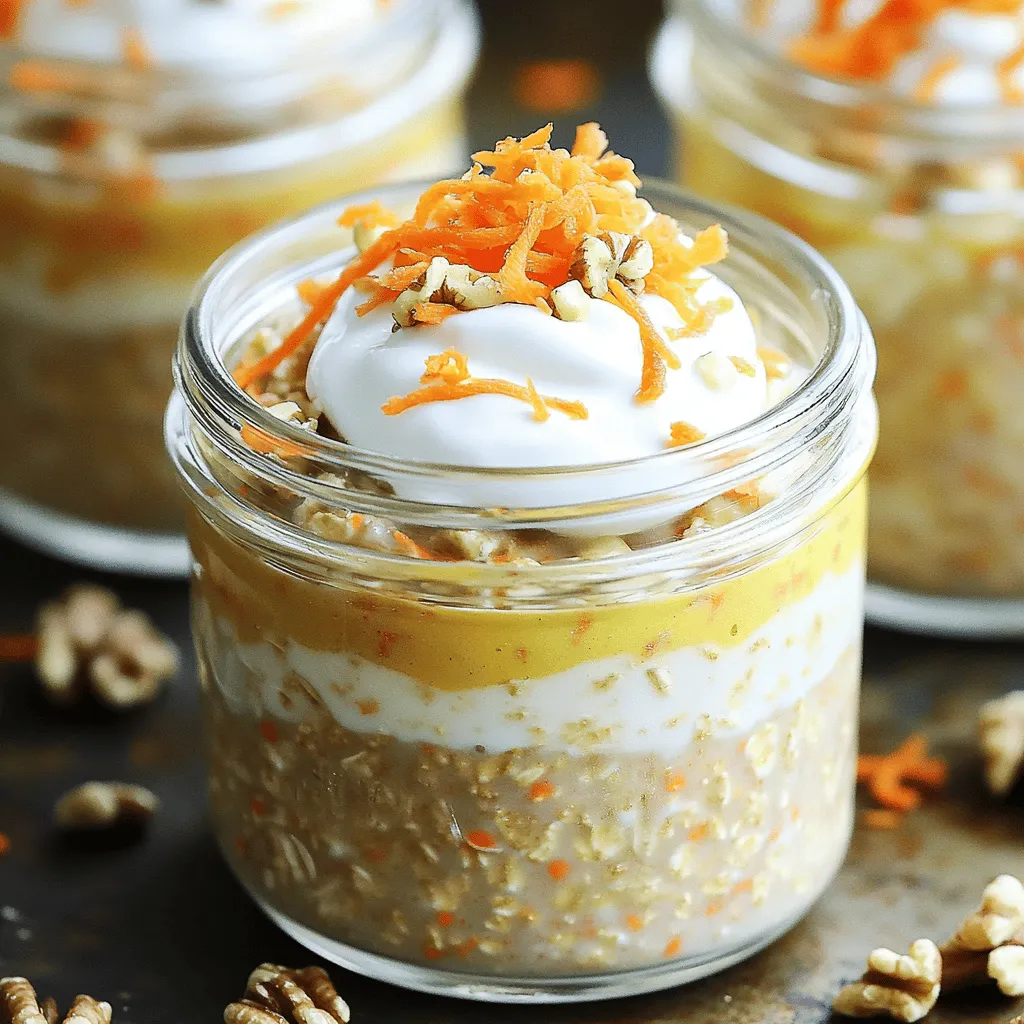 To make carrot cake overnight oats, you need a few key items. Here is what you will need: - 1 cup rolled oats - 1 ½ cups almond milk (or any milk of your choice) - 1 large carrot, finely grated - 1 tablespoon maple syrup (or honey) - 1 teaspoon vanilla extract - ½ teaspoon ground cinnamon - ¼ teaspoon nutmeg - Pinch of salt These ingredients create a creamy and flavorful base for your oats. The rolled oats soak up the milk, making them soft and delicious. The grated carrot gives a nice texture and natural sweetness. You can personalize your oats with some fun extras. Here are a few ideas: - 2 tablespoons chopped walnuts (optional) - 2 tablespoons raisins (optional) - Greek yogurt (for topping) - Extra walnuts and carrot shavings (for garnish) Adding walnuts gives a nice crunch. Raisins add a sweet burst. Top your oats with Greek yogurt for creaminess and more nutrients. If you have dietary needs, there are easy swaps you can make. Try these substitutes: - Use any plant-based milk for almond milk if you want a nut-free option. - Maple syrup can be swapped for agave or stevia for lower sugar. - If you’re gluten-free, choose certified gluten-free oats. These swaps keep the recipe delicious while meeting your needs. You can enjoy this treat no matter your diet! For the complete recipe, check out the Full Recipe. Start by gathering your ingredients. You will need rolled oats, grated carrot, almond milk, maple syrup, vanilla extract, ground cinnamon, nutmeg, and a pinch of salt. In a medium bowl, mix the rolled oats with the grated carrot. Then, pour in the almond milk. Add the maple syrup and vanilla extract next. Sprinkle in the ground cinnamon and nutmeg. Finally, add a pinch of salt to enhance the flavor. Stir all the ingredients until they blend well. Next, if you like, fold in the chopped walnuts and raisins. This step adds a nice crunch and sweetness. Once mixed, divide the oat mixture into two jars. Make sure to use jars with lids for easy storage. Seal the jars tightly and place them in the fridge. Let them chill overnight or for at least four hours. This waiting time allows the oats to soak up the milk and soften. In the morning, take the jars out of the fridge. Give the oats a good stir before serving. If you want a creamier texture, add a splash of milk. For a tasty finish, top each serving with a dollop of Greek yogurt. You can also sprinkle extra chopped walnuts and some carrot shavings on top. This adds a lovely look and extra flavor. For the full recipe, check the details above. Enjoy your delightful carrot cake overnight oats! To get the best texture, use rolled oats. They soak up the milk well. You want the oats soft but not mushy. Grating the carrot finely helps it mix in better. Don't skip the spices! Cinnamon and nutmeg add warmth to each bite. If you like a bit of crunch, add walnuts or raisins. They bring texture and taste. A common mistake is not letting the oats soak long enough. They need time to absorb the liquid. If you use quick oats, they might turn too mushy. Also, using too much milk can make your oats runny. Stick to the recipe for a creamy, thick mix. Lastly, don't forget the salt! It enhances the sweet flavor of the oats. You can easily change this recipe to fit your taste. Want it sweeter? Add more maple syrup or honey. For a tropical twist, include some coconut flakes. Try swapping walnuts for pecans or almonds. You can also add fresh fruit, like pineapple or banana, for a new flavor. Experiment to find your perfect mix! For the complete recipe, check the Full Recipe section. {{image_2}} You can easily make this recipe vegan. Just swap almond milk for coconut milk or oat milk. Use maple syrup instead of honey. This keeps the taste rich and sweet. You still get all the yummy flavors of carrot cake. To boost protein, add a scoop of your favorite protein powder. You can mix it right in with the oats. Greek yogurt on top also adds protein. Or, try adding nut butter for creaminess and extra protein. Peanut or almond butter works well. Feel free to change up the spices. Try adding cardamom for a unique taste. You can also leave out the nutmeg if you prefer. If you're in the mood for something fruity, add pineapple instead of carrots. This gives a fun twist to the classic flavor. I recommend storing your carrot cake overnight oats in a sealed jar. Glass jars work great for this. They keep your oats fresh and tasty. Make sure to fill the jar to the top. This reduces air exposure. You can prepare these oats in advance. Just keep them in the fridge until you're ready to eat! Carrot cake overnight oats will last for about 3 to 5 days in the fridge. This makes them perfect for meal prep. Just check for any changes in smell or texture before eating. If they look or smell off, it's best to toss them. You can enjoy your oats cold or warm. If you prefer warm oats, just microwave them. Heat in 30-second bursts, stirring in between. This helps evenly warm the oats without drying them out. If the oats seem too thick, add a splash of milk or water to loosen them. Enjoy your delicious breakfast! Yes, you can make carrot cake overnight oats ahead of time. It’s best to prepare them the night before. This way, they soak up the flavors overnight. The oats will be soft and creamy in the morning. You can store them in the fridge for up to three days. Just remember to keep the oats in a sealed container. This keeps them fresh and tasty. You can add many fruits and nuts to this recipe. Some great options include: - Apples - Pineapple - Bananas - Pecans - Almonds These fruits add sweetness and texture. Nuts give a nice crunch. You can mix and match to find your favorite combo. To make carrot cake overnight oats gluten-free, simply swap regular oats for gluten-free oats. Look for oats labeled gluten-free in stores. This ensures they do not come into contact with gluten. The rest of the recipe stays the same. You can still enjoy the same great taste without gluten. Carrot cake overnight oats offer a fun twist on breakfast. We explored essential ingredients and shared tasty add-ins. I provided step-by-step instructions to help you create this dish. You learned tips for great texture and flavor. We also looked at easy swaps to fit your needs. Now, you can enjoy a healthy breakfast that tastes like dessert. Have fun making it your own!