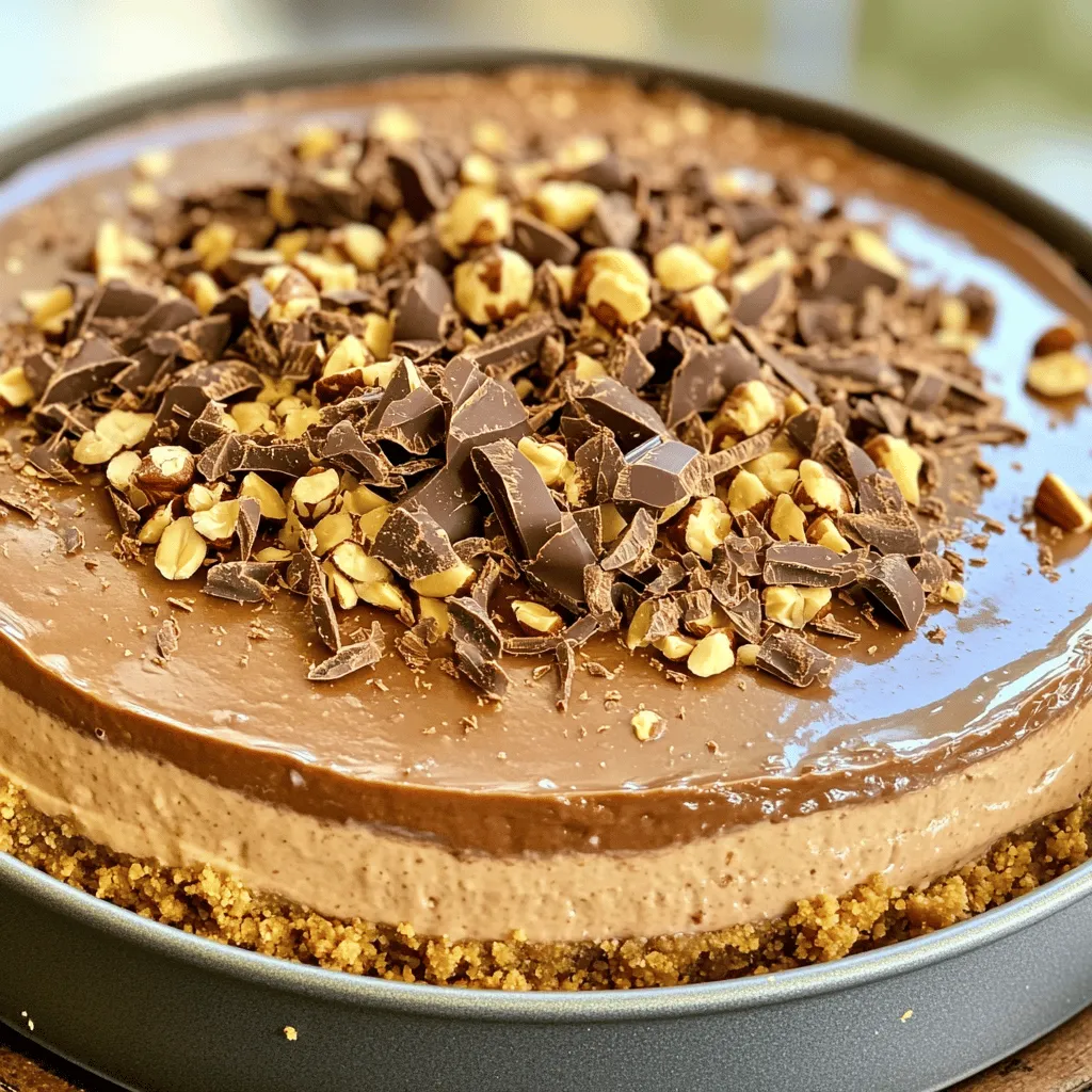 To make this no-bake Nutella cheesecake, gather the following ingredients: - 1 ½ cups graham cracker crumbs - ⅓ cup unsalted butter, melted - 1 cup cream cheese, softened - 1 cup Nutella - ½ cup powdered sugar - 1 teaspoon vanilla extract - 1 cup heavy whipping cream - 1 cup chocolate shavings (for garnish) - Chopped hazelnuts (for garnish) You can swap out some ingredients if needed. For example, use digestive biscuits instead of graham crackers for the crust. If you want a nut-free option, you can skip the hazelnuts. You can also use dairy-free cream cheese for a vegan version. To make this dessert, you will need some basic tools: - A 9-inch springform pan - Mixing bowls - An electric mixer - A rubber spatula - A whisk or hand mixer for whipping cream - Plastic wrap for chilling Having these tools ready will help you prepare the cheesecake smoothly. This dessert is simple yet so satisfying. You will enjoy every step of the process! For the full recipe, check out the provided details. To start, I mix graham cracker crumbs and melted butter in a bowl. You want a crumbly texture that holds together. Use a fork or your hands to combine them well. Once mixed, I press this mixture evenly into the bottom of a 9-inch springform pan. Make sure it is tight and flat. I like to use the bottom of a measuring cup to help pack it down. After that, I place the pan in the refrigerator to chill for at least 30 minutes. This helps the crust firm up nicely. Next, I take a large bowl and beat the softened cream cheese with an electric mixer. I mix it until it’s completely smooth. Then, I add Nutella, powdered sugar, and vanilla extract. I blend these together until creamy and well combined. For extra lightness, I whip the heavy cream in a separate bowl until stiff peaks form. Gently folding the whipped cream into the Nutella mixture is key here. This step adds air and makes the filling fluffy. Now it's time to assemble! I pour the Nutella filling over the chilled crust in the springform pan. I use a spatula to spread it evenly. After that, I cover the cheesecake with plastic wrap. I place it in the refrigerator for at least 4 hours, but overnight is best. This chilling time is important. It helps the cheesecake set properly, giving you that perfect slice later on. To ensure your cheesecake sets properly, chill it for at least four hours. I often let mine sit overnight. This helps it firm up, making it easy to slice. If you want it sweeter, add more powdered sugar. For a richer flavor, increase the Nutella. Watch out for common pitfalls. Overmixing the filling can make it runny. When folding in whipped cream, be gentle. This keeps the cheesecake light and airy. For a beautiful presentation, slice the cheesecake into wedges. Top each slice with chocolate shavings and chopped hazelnuts. You can also drizzle chocolate sauce over the slices for added flair. Serve your cheesecake with fresh berries or whipped cream. These pair well with the rich Nutella flavor. For drinks, try coffee or a glass of cold milk. They balance the sweetness perfectly. For the full recipe, check out the complete guide. {{image_2}} You can get creative with your no-bake Nutella cheesecake. Try swapping Nutella for almond butter or sunflower seed spread. Both options bring a unique taste. Toppings can change the game too. Fresh strawberries, raspberries, or bananas add a fruity zing. You can also drizzle raspberry jam or chocolate sauce on top. Each choice will add a new twist. The crust is another area to switch things up. Instead of graham crackers, use chocolate cookies for a richer base. Or, crush up nuts for a crunchier texture. Your cheesecake will be a fun surprise! For those needing gluten-free options, use gluten-free graham crackers. This simple switch keeps the same delicious flavor without the gluten. Vegans can enjoy this cheesecake too! Substitute cream cheese with a vegan version made from nuts. Use coconut cream instead of heavy cream for a rich texture. If you want a lower sugar treat, try using less powdered sugar. You can also use a sugar substitute that fits your taste. Your cheesecake will still taste amazing! Feel free to check the Full Recipe for more details on making this dessert. After you enjoy your No-Bake Nutella Cheesecake, store any leftovers in the fridge. Wrap it tightly in plastic wrap. This will help keep it fresh and prevent it from drying out. You can also use an airtight container. If you want to freeze it, slice the cheesecake first. Wrap each slice in plastic wrap, then place them in a freezer-safe bag. This way, you can enjoy a piece anytime! Your cheesecake will stay fresh in the fridge for about 4 to 5 days. Look for any signs of spoilage, like a sour smell or mold. If you see these, it's best to toss it. If you freeze the cheesecake, it can last up to 3 months. When you're ready to eat, move it to the fridge to thaw overnight. Do not refreeze once thawed. Enjoy your creamy dream dessert at its best! How long does it take for the cheesecake to set? The cheesecake needs at least 4 hours to set. Chilling it overnight helps the flavors meld. This wait makes the texture creamy and smooth. Can I make this cheesecake a day in advance? Absolutely! Making it a day ahead is a smart move. It allows the flavors to develop fully. Plus, it saves you time on the day you plan to serve it. What can I use instead of Nutella? You can swap Nutella for almond butter or peanut butter. Try other spreads like chocolate hazelnut or any favorite nut spread. Each option brings its own flavor. What to do if the cheesecake doesn't set properly? If it doesn't set, it might need more chill time. Ensure you use enough heavy cream and whip it well. If it's still soft, try chilling it longer. How to fix a cracking surface? To fix cracks, add a layer of whipped cream on top. This hides imperfections and adds creaminess. You can also consider a chocolate ganache for extra flair. Best ways to salvage an overly runny filling? If the filling is too runny, whip more heavy cream. Fold it into the mixture. This will add volume and help it hold shape better. Best practices for slicing the cheesecake? Use a hot knife to slice the cheesecake. Dip it in hot water, then wipe it dry. This helps you get clean, smooth cuts without mess. How to store leftovers after serving? Cover any leftovers with plastic wrap. Keep them in the fridge for up to 5 days. Make sure it's sealed well to prevent drying out. Tips for enjoying the cheesecake at its best? Serve it chilled. Let it sit for about 10 minutes at room temperature before serving. This enhances the flavors and texture, making it even more delightful. For the full recipe, refer to the earlier sections. This blog post covered all you need for a perfect no-bake Nutella cheesecake. We discussed ingredients, preparation steps, and tips for success. Remember to chill your cheesecake well for the best results. Explore variations to make it your own. With proper storage, you can enjoy leftovers too. Follow these steps, and your cheesecake will impress everyone. Now, grab your tools and get ready to create a delicious dessert that delights!