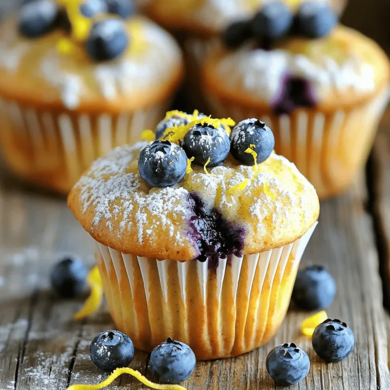 Here are the items you need to make these zesty Lemon Blueberry Muffins. Gather them before you start: - All-purpose flour: 2 cups - Baking powder: 1 tablespoon - Baking soda: 1/2 teaspoon - Salt: 1/2 teaspoon - Unsalted butter: 1/4 cup, softened - Granulated sugar: 1 cup - Eggs: 2 large - Vanilla extract: 1 teaspoon - Buttermilk: 1/2 cup - Lemon zest: Zest of 1 lemon - Blueberries: 1 1/2 cups - Lemon juice: 1 tablespoon - Prep time: 15 minutes - Cook time: 25 minutes - Servings: 12 muffins Each ingredient plays a vital role in creating that fluffy texture and vibrant flavor. The all-purpose flour gives structure, while the baking powder and baking soda help muffins rise. The butter adds richness, and the sugar balances the tartness of the lemon and blueberries. Using fresh blueberries will give you the best taste. If you can’t find fresh ones, frozen blueberries will work, too. Just toss them in flour to prevent sinking during baking. Lemon zest and juice bring a bright flavor, making every bite refreshing. You can even add a bit more lemon juice if you love that tangy taste. Gather all these ingredients for your delightful muffin adventure! Check out the Full Recipe for detailed steps and tips on baking these tasty treats. - Step 1: Preheat your oven to 375°F (190°C). - Step 2: Line a muffin tin with paper liners or grease it. - Step 3: Whisk together flour, baking powder, baking soda, and salt in a medium bowl. - Step 4: Set aside the dry mixture. - Step 5: In a large bowl, cream butter and sugar until fluffy. This takes about 3-5 minutes. - Step 6: Add eggs one at a time, then stir in vanilla extract and lemon zest. - Step 7: Mix in buttermilk and lemon juice until well blended. - Step 8: Gradually add the dry ingredients to the wet ones. Stir gently to avoid overmixing. - Step 9: Fold in blueberries carefully to keep them whole. - Step 10: Spoon the batter into the muffin tin, filling each cup about two-thirds full. - Step 11: Bake for 18-22 minutes. Check with a toothpick for doneness. - Step 12: Let the muffins cool for a few minutes before serving. For the full recipe, you can refer to the detailed instructions provided earlier. Enjoy your baking! - Keep ingredients at room temperature for better mixing. - Use a light hand when folding in blueberries. This helps them stay whole and keeps the muffins fluffy. - Avoid overmixing to keep muffins tender. Overmixing makes them tough and dry. - Use an ice cream scoop for even batter distribution. This ensures all muffins bake evenly. - Serve warm with a dusting of powdered sugar. It adds a nice touch and sweetness. - Garnish with lemon zest or extra blueberries for a fresh look. This makes your muffins eye-catching and tasty. For the full recipe, check out the Zesty Lemon Blueberry Bliss Muffins. {{image_2}} You can easily make these muffins a bit healthier. Try these swaps: - Substitute whole wheat flour for all-purpose flour. This adds fiber and nutrients. - Use Greek yogurt instead of buttermilk. It makes muffins moist and adds protein. Want to change the taste? Here are some fun ideas: - Add a teaspoon of poppy seeds for extra texture and crunch. - Incorporate different berries like raspberries or blackberries for a new twist. If you need a gluten-free version, you can still enjoy these muffins. - Substitute all-purpose flour with a gluten-free flour blend. This works well and keeps the muffins fluffy. For the full recipe, check the earlier sections. Enjoy experimenting with these variations! Keep your lemon blueberry muffins in an airtight container at room temperature. This helps them stay fresh. You can enjoy them for up to three days. If you need to keep them longer, freezing is a great option. To freeze muffins, wrap each one in plastic wrap or place them in a freezer bag. This helps prevent freezer burn and keeps them tasty. When you want to eat one, simply thaw it at room temperature. You can also warm them in the microwave for a cozy treat. Reheat your muffins by microwaving them for a few seconds. This brings back their delightful warmth and taste. Enjoy your muffins just like fresh out of the oven! Don't forget to check the [Full Recipe] for detailed steps. To make your muffins extra moist, add more buttermilk or yogurt to the batter. Buttermilk works well because it adds richness and softness. You can add an extra tablespoon or two for a creamier texture. Yogurt can also help. Just replace part of the buttermilk with plain yogurt for a delightful twist. Yes, you can use frozen blueberries! Do not thaw them before adding to the batter. Frozen blueberries help keep your muffins moist and add a nice burst of flavor. Just fold them in gently so they don’t break apart too much. If you don't have buttermilk, you can easily make a substitute. Mix one cup of regular milk with one tablespoon of lemon juice or vinegar. Let it sit for about five minutes. This will mimic the tangy taste of buttermilk and keep your muffins fluffy. To check if your muffins are done, insert a toothpick into the center. If it comes out clean, your muffins are ready. Look for a golden top as well. This means they have baked perfectly and will taste amazing! You now have a clear plan for making delicious Lemon Blueberry Muffins. We covered the key ingredients, step-by-step instructions, and helpful tips. Remember to be gentle when mixing and folding in the blueberries to keep your muffins tender. Feel free to experiment with variations or storage tips to suit your taste. Enjoy sharing these treats with friends and family, and savor every delightful bite. Happy baking!