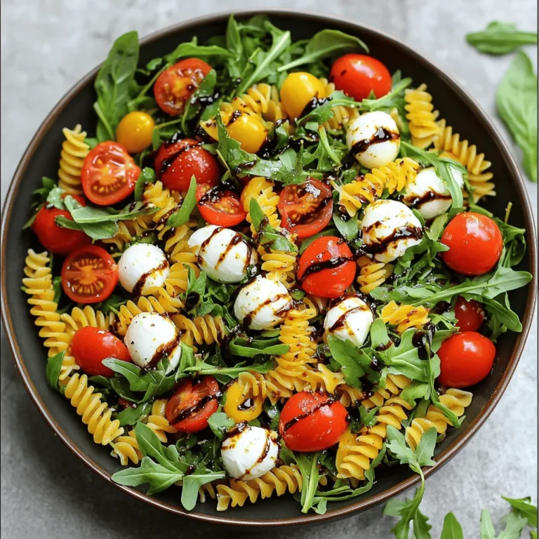 - 8 ounces of fusilli or rotini pasta - 1 cup cherry tomatoes, halved - 1 cup fresh mozzarella balls (bocconcini), halved - 1 cup fresh basil leaves, roughly chopped - 1 clove garlic, minced - 3 tablespoons balsamic glaze - 4 tablespoons extra virgin olive oil - Salt and freshly cracked black pepper to taste - 1/4 teaspoon red pepper flakes (optional) - 1/2 cup arugula (for added freshness) I love using fresh ingredients in Caprese Pasta Salad. The pasta gives you a nice base. Fusilli or rotini works well because it holds the dressing. Cherry tomatoes add a burst of flavor. They are sweet and juicy. Fresh mozzarella provides a creamy texture. It pairs perfectly with the tomatoes. Basil brings a lovely aroma and taste. You can chop it roughly, which adds a rustic feel. For the dressing, I prefer making it myself. Minced garlic gives a nice kick. Balsamic glaze adds a sweet tang. Olive oil keeps it smooth. Salt and pepper enhance all the flavors. If you like some heat, add red pepper flakes. They give a nice touch without being too spicy. If you want extra freshness, try adding arugula. It adds a peppery note that complements the other ingredients well. You can find all the details in the Full Recipe. - Bring a large pot of salted water to a boil. - Add 8 ounces of fusilli or rotini pasta. - Cook the pasta until al dente and then drain. Cooking pasta right is key for a great salad. Al dente means it has a slight bite. This texture helps the pasta hold up with the dressing and other ingredients. Rinsing the pasta under cool water stops it from cooking further. This step keeps your pasta fresh and ready to mix. - In a small bowl, whisk together: - 1 clove garlic, minced - 3 tablespoons balsamic glaze - 4 tablespoons extra virgin olive oil - Salt and freshly cracked black pepper to taste - 1/4 teaspoon red pepper flakes (optional) The dressing brings everything together. Use fresh garlic for the best taste. Balsamic glaze adds sweetness and depth. Olive oil gives a rich flavor. Adjust salt and pepper to your liking. If you want heat, add the red pepper flakes. This mix adds a bright kick to your salad. - In a large mixing bowl, mix the cooked pasta with: - 1 cup cherry tomatoes, halved - 1 cup fresh mozzarella balls (bocconcini), halved Gently toss the pasta with the tomatoes and mozzarella. The tomatoes burst with flavor, and the mozzarella adds creaminess. - Fold in 1 cup of fresh basil leaves, roughly chopped, and 1/2 cup arugula. - Drizzle the prepared dressing over the pasta salad. Toss gently until everything is well-coated. Basil and arugula give a fresh, peppery taste. Tossing gently helps keep the pasta intact. Let the salad sit for about 10 minutes. This resting time lets the flavors blend nicely. Serve the salad at room temperature or chilled. It looks great in a large bowl. To impress, garnish with whole basil leaves. You can also drizzle extra balsamic glaze on top for a beautiful finish. For the full recipe, check out the Caprese Pasta Salad Delight. - Use plenty of salted water for cooking. This helps the pasta absorb flavor. - Rinse pasta under cool water to halt cooking. It prevents the pasta from getting mushy. - Allow dressing to sit briefly to enhance flavor. This helps the ingredients blend well. - Adjust ratios based on taste preference. You may want more garlic or balsamic glaze. - Serve at room temperature or chilled. Both options bring out the salad's fresh taste. - Garnish with whole basil leaves and balsamic glaze. This adds beauty and extra flavor. You can find the full recipe to create this delicious Caprese Pasta Salad. Enjoy making it! {{image_2}} You can give your Caprese pasta salad a classic Italian twist. Adding olives or sun-dried tomatoes boosts the flavor. The briny taste of olives or the sweet tang of sun-dried tomatoes brightens the dish. These additions add depth and make each bite exciting. If you want a heartier meal, consider adding protein. Grilled chicken or shrimp works well with the salad. Chicken adds a nice texture, while shrimp brings a sweet flavor. This makes the salad filling and great for lunch or dinner. For a lighter option, swap out the mozzarella. You can use vegan cheese or leave it out entirely. This change keeps the salad fresh and vibrant. It also makes it suitable for those who avoid dairy. Store your Caprese pasta salad in an airtight container in the refrigerator. This keeps the salad fresh and tasty. Make sure to seal it well to avoid any odors from other foods. When stored properly, your salad stays good for up to 3 days. After that, the ingredients may lose their crunch and flavor. It’s best to enjoy it within that time to savor every bite. I do not recommend reheating this salad. Caprese pasta salad shines when served cold. The flavors mix well when chilled, giving you that refreshing taste. Enjoy it straight from the fridge for the best experience. Prep time is 15 minutes, total time is about 30 minutes. This quick dish comes together fast, making it perfect for busy days. Yes, it's best when allowed to sit for flavors to meld. Letting it rest for a bit brings all the tastes together. Consider adding herbs like oregano or a squeeze of lemon juice. These simple additions can elevate the taste and give it a fresh twist. Yes, use gluten-free pasta if desired for a gluten-free option. Many brands offer tasty alternatives that work well. Experiment with seasonal vegetables or different dressings to enhance flavors. Adding roasted peppers or a splash of pesto can make it unique. You can check the Full Recipe for more ideas! This Caprese Pasta Salad is simple and fun to make. We covered the key ingredients, like pasta, tomatoes, and mozzarella. The easy steps take about 30 minutes, making this dish quick for any meal. You learned tips for cooking pasta and serving options to keep it fresh. Consider adding your favorite proteins or veggies for a twist. This recipe stores well and tastes great cold. Enjoy making this meal your own and share it with friends!