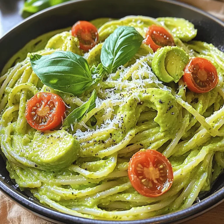- 12 ounces of spaghetti or your preferred pasta - 2 ripe avocados, pitted and scooped - 3 cloves of garlic, minced - 1 small lemon, juiced - 1/4 cup olive oil - 1/4 cup freshly grated Parmesan cheese (optional) - Salt and pepper to taste - 1/4 teaspoon red pepper flakes (optional, for heat) - Fresh basil leaves, for garnish - Cherry tomatoes, halved, for added freshness (optional) You need 12 ounces of pasta. This is about three-quarters of a standard box. Use any pasta you like, but spaghetti works great! For the sauce, you need two ripe avocados. The avocados should feel soft but not mushy. You also need three cloves of garlic and the juice from one lemon for flavor. Add 1/4 cup of olive oil to help blend everything together. If you want a cheesy taste, add 1/4 cup of Parmesan cheese. Finally, season with salt, pepper, and red pepper flakes to fit your taste. When choosing avocados, look for ones that feel soft when you press gently. If they are hard, they are not ripe yet. You can also check the color. Dark green or black skin usually means they are ripe. If you find one that is too soft or has dark spots, it may be overripe. Buy a few so you can pick the best ones for your creamy avocado pasta. First, boil water in a large pot. Add salt to the water. This step helps flavor the pasta. Cook 12 ounces of your choice of pasta according to the package. You want it al dente, which means it should be firm but not hard. Once cooked, drain the pasta. Remember to save about 1 cup of pasta water. This water will help mix the sauce later. While the pasta cooks, it's time to make the sauce. In a blender or food processor, add the following ingredients: - 2 ripe avocados, pitted and scooped - 3 cloves of garlic, minced - Juice of 1 small lemon - 1/4 cup olive oil - 1/4 cup Parmesan cheese (optional) - Salt and pepper to taste - 1/4 teaspoon red pepper flakes (optional) Blend these until smooth and creamy. The sauce should be thick yet pourable. Taste it and adjust the salt and pepper if needed. This creamy avocado sauce is rich and full of flavor. Now, take the drained pasta and place it in a large mixing bowl or back in the pot. Pour the creamy avocado sauce over the pasta. Mix everything well. If the sauce is too thick, add some reserved pasta water little by little. Keep mixing until you get the right consistency. Finally, give it a taste and adjust the seasoning again if necessary. Your creamy avocado pasta is now ready to serve! For detailed measurements and tips, check out the Full Recipe. When making creamy avocado pasta, avoid using overripe avocados. They can make your dish mushy. Also, don’t skip the pasta water. It helps the sauce stick better. Be careful not to overblend your sauce. You want it creamy, not a smooth puree. Lastly, taste as you go. Adjust salt and pepper to suit your taste. You can boost the flavor of your avocado pasta easily. Add-ins like fresh herbs can make a big difference. Try using parsley, cilantro, or even mint. You might also add a splash of balsamic vinegar for depth. If you like spice, toss in red pepper flakes or chopped jalapeños. Cherry tomatoes add a nice pop of color and freshness. This recipe is flexible for many diets. If you want a vegan option, skip the cheese. Use nutritional yeast instead for a cheesy flavor. For gluten-free pasta lovers, choose a gluten-free pasta option. You can also add more vegetables for extra nutrients. Spinach, zucchini, or peas blend well with the dish. Check out the Full Recipe for more ideas on how to make this dish fit your needs! {{image_2}} You can easily make this dish vegan. Simply skip the Parmesan cheese or use a vegan alternative. The creamy avocado gives it a rich texture that feels indulgent. You won’t miss the cheese! Add nutritional yeast for a cheesy flavor without dairy. If you need a gluten-free meal, choose gluten-free pasta. Many brands offer great options that taste good. You can find rice or chickpea pasta in stores. They blend well with the creamy avocado sauce. Your dish will still be delicious and satisfying. Add seasonal vegetables for extra color and nutrition. Try cherry tomatoes, zucchini, or spinach. Sauté them lightly before mixing them into the pasta. This will enhance the dish’s flavor and give it a nice crunch. You can create a fresh and vibrant meal! Feel free to explore these variations to make the recipe your own. Check the Full Recipe for more details. After you enjoy your creamy avocado pasta, store leftovers in an airtight container. Keep it in the fridge. The dish stays fresh for about two days. If you wait too long, the avocado may brown. To slow this, press plastic wrap against the pasta before sealing the container. This method keeps air out. To reheat, warm the pasta in a pan over low heat. Add a splash of olive oil or a bit of reserved pasta water. This helps revive the creamy texture. Stir it gently to mix in the sauce. You can also use the microwave. Heat it in short bursts, stirring in between. This way, it heats evenly without drying out. Freezing creamy avocado pasta is tricky, but you can try it. First, make the pasta without the sauce. Cool it down completely, then store it in a freezer-safe bag. For the sauce, blend the avocado, garlic, lemon juice, and olive oil. Freeze that in a separate container. When you want to eat, thaw both in the fridge overnight. Cook the pasta and mix in the sauce. This keeps the flavor and texture better. Yes, you can prepare creamy avocado pasta ahead of time. Cook the pasta and make the sauce. Keep them separate until you are ready to serve. If you mix them too early, the avocado can brown. Store the sauce in an airtight container in the fridge. It stays fresh for one or two days. To keep the sauce fresh, add more lemon juice. The acidity helps slow down browning. Store the sauce in an airtight container. Press plastic wrap against the sauce before sealing to limit air exposure. Use it within two days for the best taste. You can use spaghetti or any pasta you like. I recommend whole wheat or gluten-free options. They add different textures and flavors. Just ensure you cook the pasta al dente. This keeps it firm and helps it hold the creamy sauce well. For the full recipe, check the details above! In this blog post, we explored how to make creamy avocado pasta. We covered the ingredients, step-by-step cooking instructions, and tips to avoid mistakes. You learned how to customize your dish with variations and how to store leftovers properly. Try this simple yet tasty recipe that packs flavor and nutrition. Enjoy the creamy goodness anytime, and feel free to experiment with new ingredients and flavors! Your pasta nights will never be the same.