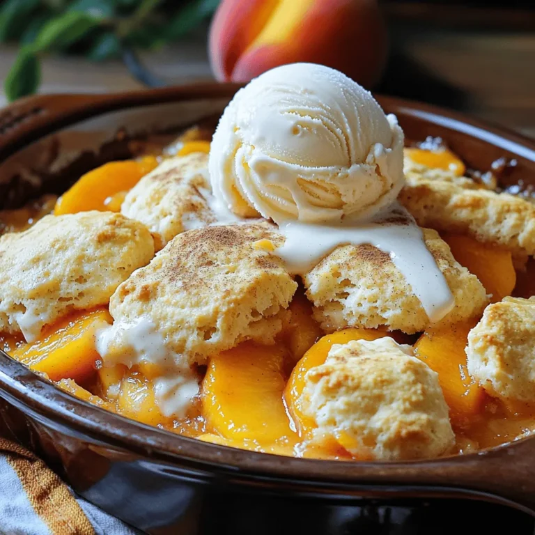 Fresh peaches are the star of this dish. Look for ripe, juicy peaches. Choose peaches that feel slightly soft when you press them gently. You will need about 6 ripe peaches. Peel and slice them to release their sweet flavor. This gives the cobbler its fresh taste. When you mix the peaches with sugar, they become even sweeter. Sugar and spices add depth to the peach flavor. You will need 1 cup of granulated sugar. Half of this sugar goes with the peaches. This helps draw out their natural juices. The other half mixes with the dry ingredients. Ground cinnamon brings warmth to the dish. You only need 1 teaspoon of this spice. You will also add 1 tablespoon of lemon juice. This keeps the peaches bright and adds a nice zing. Baking essentials are key to a great biscuit topping. You need 2 cups of all-purpose flour for the base. This gives structure to the cobbler. Add 2 tablespoons of baking powder to help it rise. A pinch of salt (½ teaspoon) balances all the flavors. For the wet part, you need ¾ cup of whole milk and ½ cup of melted unsalted butter. These keep the biscuit topping moist. Finally, 1 teaspoon of almond extract adds a nice flavor boost. You can find the full recipe online for more details. Start with six ripe peaches. Peel and slice them into thin pieces. Place the sliced peaches in a large bowl. Add half a cup of granulated sugar. Pour in one tablespoon of lemon juice. Add one teaspoon of vanilla extract and one teaspoon of ground cinnamon. Mix everything well. Let the peaches sit for about ten minutes. This step helps the flavors blend and the juices to flow. You want those peaches to be extra tasty! In a separate bowl, whisk together two cups of all-purpose flour, two tablespoons of baking powder, and half a teaspoon of salt. Then, add the remaining half cup of sugar. Next, pour in three-quarters of a cup of whole milk and half a cup of melted unsalted butter. Don’t forget one teaspoon of almond extract! Stir until just combined. It’s okay if the batter is lumpy—this makes the topping fluffy. Now, preheat your oven to 375°F (190°C). Grease a 9x13 inch baking dish with one tablespoon of butter. Pour the peach mixture into the dish, spreading it evenly. Using a spoon, drop dollops of the biscuit batter over the peaches. Remember, it doesn’t have to cover completely. Bake for 35 to 40 minutes. The topping should be golden brown. A toothpick inserted in the center should come out clean. Let it cool for ten minutes before you dig in. For the full recipe, check out the details above! To find ripe peaches, look for a few signs. The skin should be smooth and slightly soft when you press it. A sweet aroma is a good sign, too. Avoid peaches with green areas, as they are not ripe. Choose peaches that have a nice blush color. Ripe peaches work best in this cobbler. They give the dish a sweet and juicy flavor. The biscuit topping needs to be light and fluffy. To achieve this, do not overmix your batter. Mix until just combined, and leave some lumps. Use cold butter and milk for a better rise. Make sure to spoon the batter in dollops over the peaches. This way, the biscuit bakes evenly and forms a nice crust. Serve your peach cobbler warm for the best taste. A scoop of vanilla ice cream on top adds a creamy touch. You can also sprinkle ground cinnamon for extra flavor. Fresh peach slices make a pretty garnish. For a fun twist, serve it with whipped cream or yogurt. Enjoy this dish as a dessert for family or friends. It's a simple and delicious treat everyone will love. For the full recipe, check out the detailed steps above! {{image_2}} You can easily make this peach cobbler gluten-free. Swap out all-purpose flour for a gluten-free blend. Look for one that works well in baking. This change keeps the texture light and fluffy. You can still enjoy the same great taste with this simple switch. Want to mix things up? Add more fruits to your peach cobbler! Berries like blueberries or raspberries work well. You can also use apples or plums for a nice twist. Just keep the fruit ratio about the same. This addition boosts flavor and adds a splash of color. To take your cobbler to the next level, try adding spices. A pinch of nutmeg or ginger can add warmth. You can also use brown sugar instead of white for a richer taste. Experiment with a splash of bourbon or rum for a fun twist. Just remember, a little goes a long way! For more detailed instructions, check the Full Recipe. Enjoy your cooking adventure! To keep your peach cobbler fresh, let it cool first. Cover it with plastic wrap or place it in an airtight container. Store it in the fridge for up to three days. This will help retain its flavor and texture. When you're ready to enjoy leftovers, preheat your oven to 350°F (175°C). Place the cobbler in an oven-safe dish. Cover it with foil to avoid over-browning. Heat for about 15-20 minutes, or until warm throughout. You can also microwave a single serving for 30-60 seconds if you’re in a hurry. To freeze peach cobbler, let it cool completely. Cut it into squares and wrap each piece tightly in plastic wrap. Place the wrapped pieces in a freezer-safe bag. It can last up to three months in the freezer. When you want to eat it, thaw it overnight in the fridge. Then reheat using the oven method for the best taste. You can find the Full Recipe above for all the details to get started! Yes, you can use frozen peaches. Just thaw and drain them first. This helps prevent extra liquid in your cobbler. Frozen peaches often work well in recipes. They may not taste as fresh, but they still taste great. Look for a golden brown topping. Insert a toothpick into the center. If it comes out clean, the cobbler is ready. The edges will bubble slightly, showing it's cooked all the way through. You can use vanilla extract instead. It will still add great flavor. If you want a different taste, try using coconut extract. Each option gives a unique twist to your cobbler. For the full recipe, check out Peach Bliss Cobbler. This blog post shared how to make a delicious peach cobbler. We covered selecting ripe peaches and key ingredients. You learned step-by-step instructions for prepping, making, and baking the dish. I shared tips for perfect biscuit texture and fun serving ideas. Remember, customizing your cobbler is easy! Try gluten-free options or mix in extra fruits. Always store leftovers properly to enjoy later. With these insights, you can bake a delightful peach cobbler that impresses everyone. Happy baking!