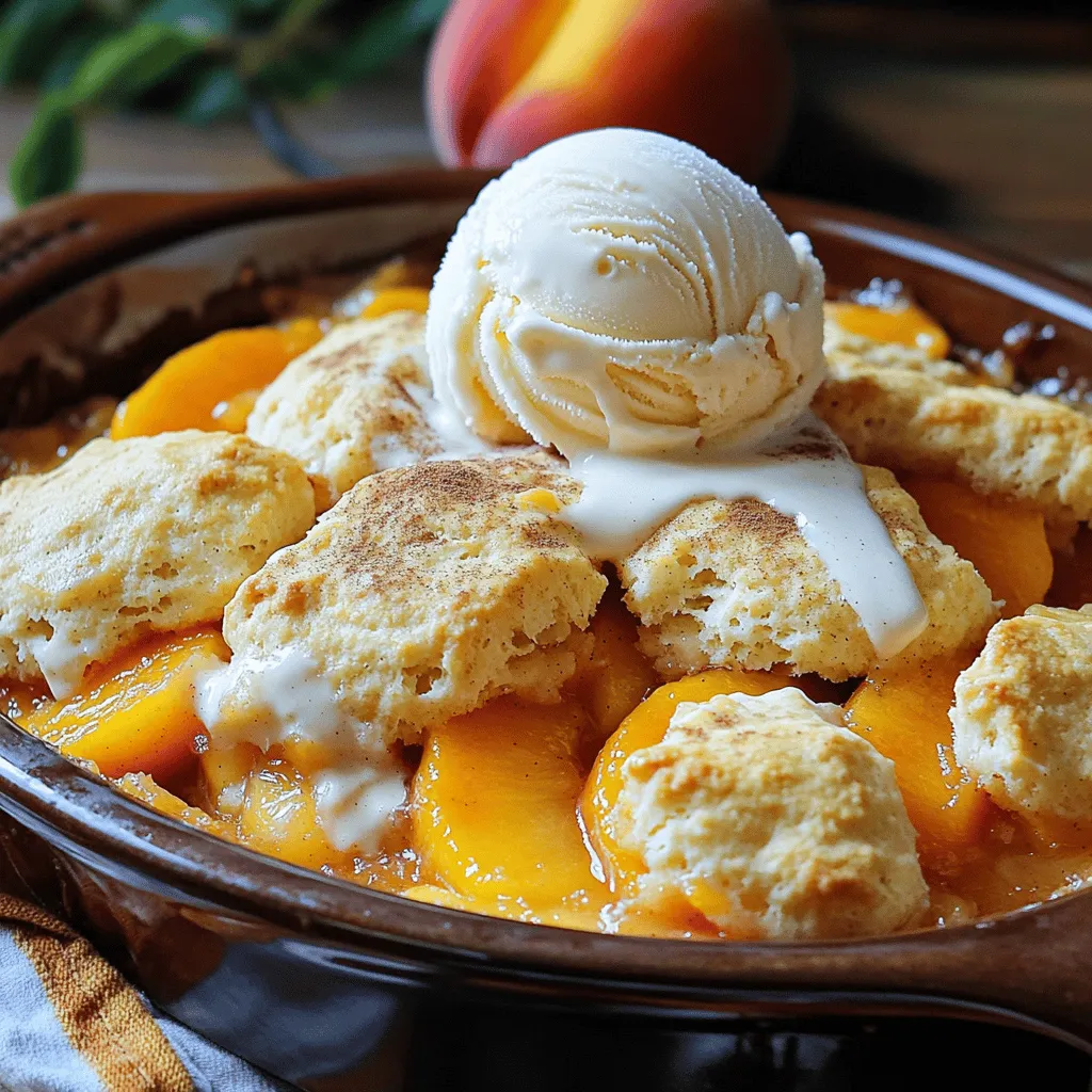Fresh peaches are the star of this dish. Look for ripe, juicy peaches. Choose peaches that feel slightly soft when you press them gently. You will need about 6 ripe peaches. Peel and slice them to release their sweet flavor. This gives the cobbler its fresh taste. When you mix the peaches with sugar, they become even sweeter. Sugar and spices add depth to the peach flavor. You will need 1 cup of granulated sugar. Half of this sugar goes with the peaches. This helps draw out their natural juices. The other half mixes with the dry ingredients. Ground cinnamon brings warmth to the dish. You only need 1 teaspoon of this spice. You will also add 1 tablespoon of lemon juice. This keeps the peaches bright and adds a nice zing. Baking essentials are key to a great biscuit topping. You need 2 cups of all-purpose flour for the base. This gives structure to the cobbler. Add 2 tablespoons of baking powder to help it rise. A pinch of salt (½ teaspoon) balances all the flavors. For the wet part, you need ¾ cup of whole milk and ½ cup of melted unsalted butter. These keep the biscuit topping moist. Finally, 1 teaspoon of almond extract adds a nice flavor boost. You can find the full recipe online for more details. Start with six ripe peaches. Peel and slice them into thin pieces. Place the sliced peaches in a large bowl. Add half a cup of granulated sugar. Pour in one tablespoon of lemon juice. Add one teaspoon of vanilla extract and one teaspoon of ground cinnamon. Mix everything well. Let the peaches sit for about ten minutes. This step helps the flavors blend and the juices to flow. You want those peaches to be extra tasty! In a separate bowl, whisk together two cups of all-purpose flour, two tablespoons of baking powder, and half a teaspoon of salt. Then, add the remaining half cup of sugar. Next, pour in three-quarters of a cup of whole milk and half a cup of melted unsalted butter. Don’t forget one teaspoon of almond extract! Stir until just combined. It’s okay if the batter is lumpy—this makes the topping fluffy. Now, preheat your oven to 375°F (190°C). Grease a 9x13 inch baking dish with one tablespoon of butter. Pour the peach mixture into the dish, spreading it evenly. Using a spoon, drop dollops of the biscuit batter over the peaches. Remember, it doesn’t have to cover completely. Bake for 35 to 40 minutes. The topping should be golden brown. A toothpick inserted in the center should come out clean. Let it cool for ten minutes before you dig in. For the full recipe, check out the details above! To find ripe peaches, look for a few signs. The skin should be smooth and slightly soft when you press it. A sweet aroma is a good sign, too. Avoid peaches with green areas, as they are not ripe. Choose peaches that have a nice blush color. Ripe peaches work best in this cobbler. They give the dish a sweet and juicy flavor. The biscuit topping needs to be light and fluffy. To achieve this, do not overmix your batter. Mix until just combined, and leave some lumps. Use cold butter and milk for a better rise. Make sure to spoon the batter in dollops over the peaches. This way, the biscuit bakes evenly and forms a nice crust. Serve your peach cobbler warm for the best taste. A scoop of vanilla ice cream on top adds a creamy touch. You can also sprinkle ground cinnamon for extra flavor. Fresh peach slices make a pretty garnish. For a fun twist, serve it with whipped cream or yogurt. Enjoy this dish as a dessert for family or friends. It's a simple and delicious treat everyone will love. For the full recipe, check out the detailed steps above! {{image_2}} You can easily make this peach cobbler gluten-free. Swap out all-purpose flour for a gluten-free blend. Look for one that works well in baking. This change keeps the texture light and fluffy. You can still enjoy the same great taste with this simple switch. Want to mix things up? Add more fruits to your peach cobbler! Berries like blueberries or raspberries work well. You can also use apples or plums for a nice twist. Just keep the fruit ratio about the same. This addition boosts flavor and adds a splash of color. To take your cobbler to the next level, try adding spices. A pinch of nutmeg or ginger can add warmth. You can also use brown sugar instead of white for a richer taste. Experiment with a splash of bourbon or rum for a fun twist. Just remember, a little goes a long way! For more detailed instructions, check the Full Recipe. Enjoy your cooking adventure! To keep your peach cobbler fresh, let it cool first. Cover it with plastic wrap or place it in an airtight container. Store it in the fridge for up to three days. This will help retain its flavor and texture. When you're ready to enjoy leftovers, preheat your oven to 350°F (175°C). Place the cobbler in an oven-safe dish. Cover it with foil to avoid over-browning. Heat for about 15-20 minutes, or until warm throughout. You can also microwave a single serving for 30-60 seconds if you’re in a hurry. To freeze peach cobbler, let it cool completely. Cut it into squares and wrap each piece tightly in plastic wrap. Place the wrapped pieces in a freezer-safe bag. It can last up to three months in the freezer. When you want to eat it, thaw it overnight in the fridge. Then reheat using the oven method for the best taste. You can find the Full Recipe above for all the details to get started! Yes, you can use frozen peaches. Just thaw and drain them first. This helps prevent extra liquid in your cobbler. Frozen peaches often work well in recipes. They may not taste as fresh, but they still taste great. Look for a golden brown topping. Insert a toothpick into the center. If it comes out clean, the cobbler is ready. The edges will bubble slightly, showing it's cooked all the way through. You can use vanilla extract instead. It will still add great flavor. If you want a different taste, try using coconut extract. Each option gives a unique twist to your cobbler. For the full recipe, check out Peach Bliss Cobbler. This blog post shared how to make a delicious peach cobbler. We covered selecting ripe peaches and key ingredients. You learned step-by-step instructions for prepping, making, and baking the dish. I shared tips for perfect biscuit texture and fun serving ideas. Remember, customizing your cobbler is easy! Try gluten-free options or mix in extra fruits. Always store leftovers properly to enjoy later. With these insights, you can bake a delightful peach cobbler that impresses everyone. Happy baking!