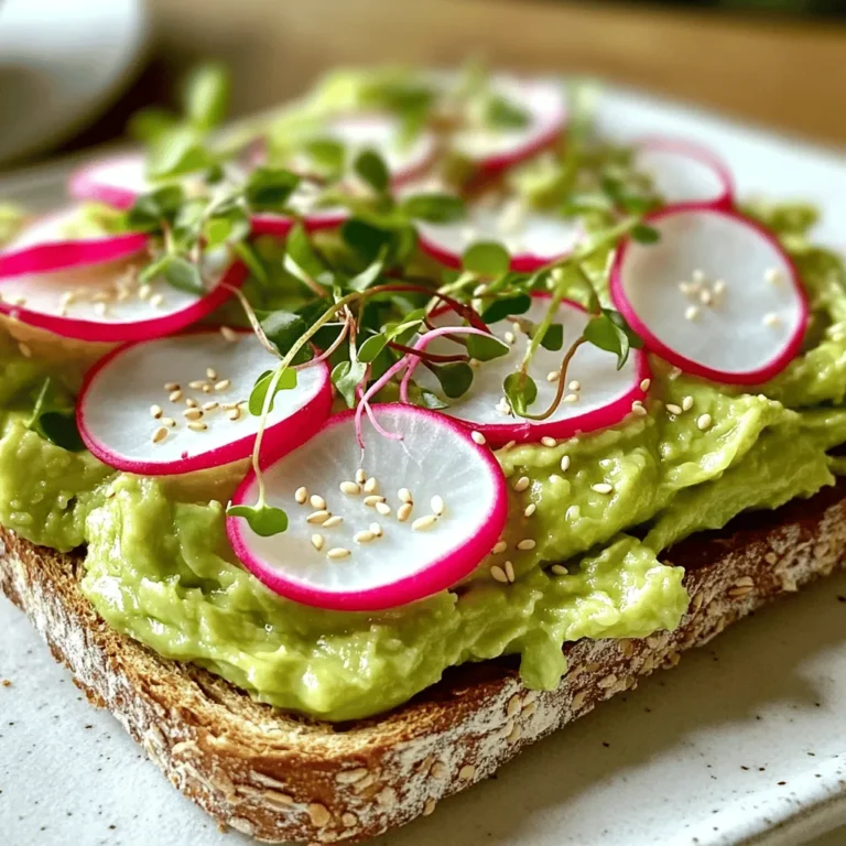 To make avocado toast with radish, we need just a few simple ingredients. Here’s what you’ll need: - 2 slices of whole grain bread - 1 ripe avocado - 1 cup radishes, thinly sliced These three main ingredients create a tasty base. But you can add some optional ingredients to enhance the flavor: - 1 tablespoon lemon juice - 1 teaspoon olive oil - Salt and pepper to taste - 1 tablespoon sesame seeds (optional) - Fresh microgreens or arugula for garnish The bread you choose can change the whole taste. I recommend whole grain for its nutty flavor. You can also try sourdough for a tangy twist, or even gluten-free bread if you prefer. Each type brings something unique, so feel free to explore! For the full recipe, check out the detailed steps to make this delicious dish. To start, I recommend choosing two slices of whole grain bread. Place the bread in a toaster or on a grill. Toast it until it reaches your desired crispness. I like mine golden brown. For a crunchy texture, you can use a broiler. Just watch it closely to prevent burning. A good tip is to toast the bread just before you assemble the dish. This keeps it warm and fresh. Next, let's prepare the avocado. Take your ripe avocado and cut it in half. Remove the pit carefully. Scoop the soft flesh into a bowl. Use a fork to mash it gently. You want it creamy but still a bit chunky. Add one tablespoon of lemon juice and one teaspoon of olive oil. Season it with salt and pepper to taste. This mix brightens the flavor and keeps the avocado from browning. Now it’s time to assemble your toast. Spread a thick layer of the avocado mixture on each slice of toasted bread. Make it generous! Then, take your thinly sliced radishes and arrange them on top. You can lay them in a fan shape or in a circle for a pretty look. If you want extra crunch, sprinkle sesame seeds on top. Finally, add fresh microgreens or arugula for a pop of color. This dish not only tastes great but looks amazing too! Check the [Full Recipe] for all the details. Pick an avocado that feels slightly soft when you squeeze it. This means it is ripe. A ripe avocado has a dark green to black skin. If it's too hard, leave it out for a day or two. Once ripe, store it in the fridge to slow down the ripening process. This helps keep it fresh longer. Add a pinch of salt and pepper to your avocado mix. This helps bring out its natural taste. For more kick, try adding red pepper flakes or garlic powder. You can also mix in some fresh herbs like cilantro or basil for extra flavor. Topping your avocado toast with extras can make it even better. Consider adding sliced tomatoes, cucumbers, or even a poached egg. Another fun idea is to sprinkle on some crumbled feta cheese or nuts for crunch. These additions make the dish both tasty and colorful. {{image_2}} You can use many types of bread for avocado toast. Each type brings its own flavor. Try sourdough for a tangy bite. Rye bread adds a nutty taste. Whole grain bread is hearty and rich in fiber. For a lighter option, try pita bread or bagels. If you need gluten-free choices, look for bread made from almond or coconut flour. These options work well and taste great. To make your avocado toast more filling, add protein. A poached egg on top is creamy and rich. Smoked salmon brings a nice savory depth. You can even add cooked bacon for a crispy texture. For extra flavor, experiment with herbs. Chopped cilantro or dill can brighten the dish. A sprinkle of red pepper flakes adds some heat. You can also mix in spices like cumin or paprika. Mixing in some lemon zest can give a fresh twist. Adding a drizzle of balsamic glaze can enhance the taste too. These creative combinations make each bite exciting. For the full recipe, check out Avocado Toast Delight with Radish. To keep your avocado fresh, use an airtight container. This helps to slow down browning. Add lemon juice to your mixture. The acidity helps preserve the green color. Store it in the fridge and use within one day for best taste. If you notice browning, just scrape off the top layer. The flavor will remain good underneath. For storing assembled toast, it’s best to eat it right away. If you must store it, wrap it tightly in plastic wrap to keep it from getting soggy. Place it in the fridge but try to eat it within a few hours. The bread will lose its crispness over time. To reheat your toast, use a toaster or oven. Avoid the microwave, as it makes bread chewy. Toast it at a low setting until warm. This helps keep that nice crunch. If you have leftover toppings, store them separately. You can add them again after reheating. If your radishes get soft, try slicing fresh ones to add on top. This keeps your dish looking vibrant and fresh. Enjoy your avocado toast warm for the best flavor and texture. For more delicious ideas and tips, check out the Full Recipe. To make your avocado toast more filling, add hearty toppings. Here are some ideas: - Sliced hard-boiled eggs for protein - Crumbled feta cheese for a salty kick - Smoked salmon for healthy fats - Chickpeas for extra fiber - Roasted nuts for crunch and flavor These toppings not only add taste but also boost the meal's nutrition. You can mix and match to find your favorite combo! You can prepare some parts in advance to save time. Here are some tips: - Toast the bread in advance and store it in an airtight container. - Make the avocado mixture and keep it in a sealed bowl. - Add a little lemon juice to the avocado to keep it fresh. - Slice the radishes right before serving to keep them crisp. By prepping these items, you can enjoy your toast quickly on busy mornings! Both avocado and radish offer great health benefits. Here is a quick overview: - Avocado: Full of healthy fats and fiber. It helps heart health and keeps you full. - Radish: Low in calories and high in vitamin C. It can aid digestion and boost your immune system. Together, they create a tasty dish full of nutrients. Enjoy these benefits while savoring your avocado toast! You learned how to make delicious avocado toast. We covered key ingredients, preparation steps, and presentation tips. I shared ideas for variations and how to store leftovers. Remember to choose ripe avocados for the best flavor. Enjoy experimenting with toppings and flavor combinations. Avocado toast is healthy and versatile. It’s not just a meal; it’s a chance to be creative in the kitchen. I hope you try out these tips and make your own unique toast creations. Happy toasting!