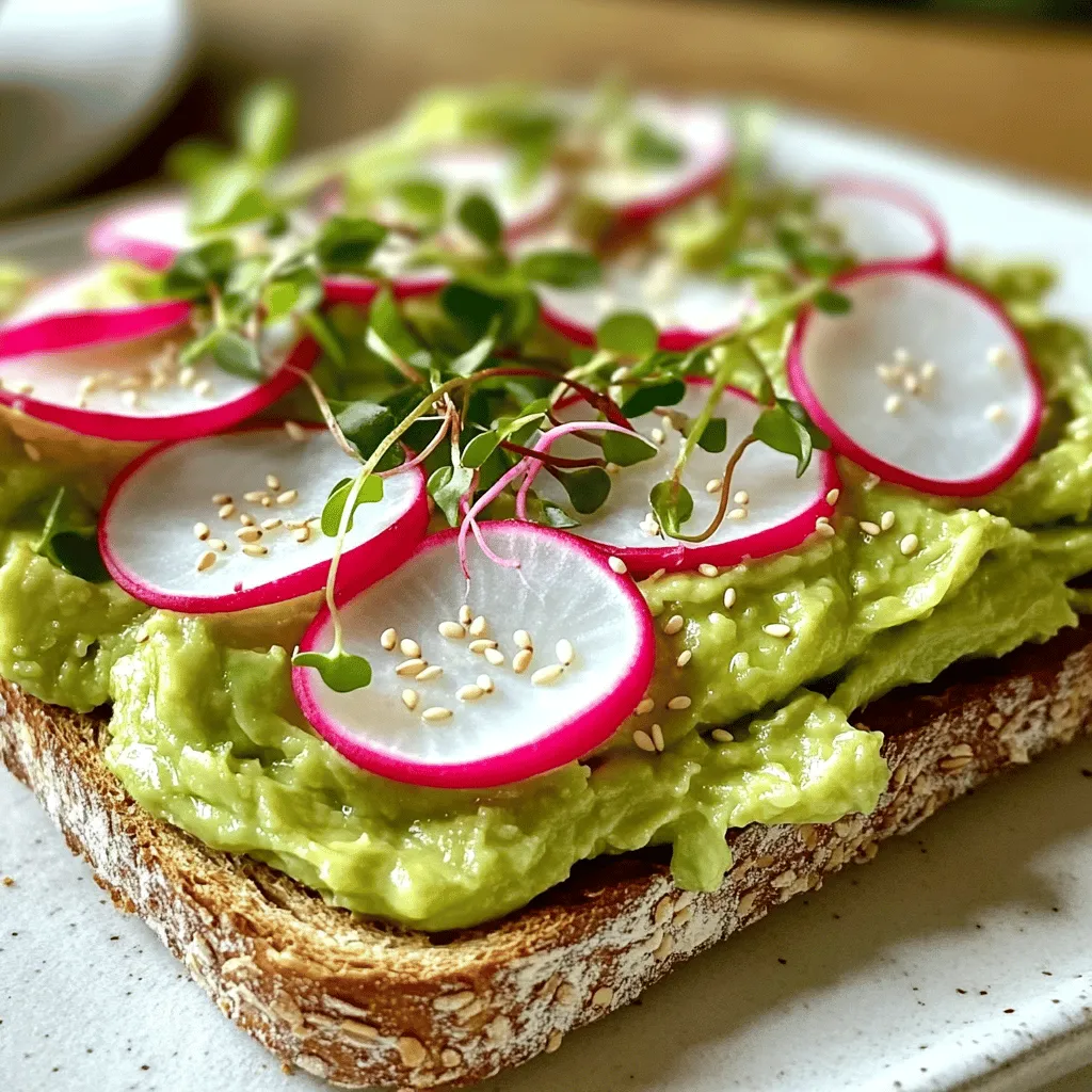 To make avocado toast with radish, we need just a few simple ingredients. Here’s what you’ll need: - 2 slices of whole grain bread - 1 ripe avocado - 1 cup radishes, thinly sliced These three main ingredients create a tasty base. But you can add some optional ingredients to enhance the flavor: - 1 tablespoon lemon juice - 1 teaspoon olive oil - Salt and pepper to taste - 1 tablespoon sesame seeds (optional) - Fresh microgreens or arugula for garnish The bread you choose can change the whole taste. I recommend whole grain for its nutty flavor. You can also try sourdough for a tangy twist, or even gluten-free bread if you prefer. Each type brings something unique, so feel free to explore! For the full recipe, check out the detailed steps to make this delicious dish. To start, I recommend choosing two slices of whole grain bread. Place the bread in a toaster or on a grill. Toast it until it reaches your desired crispness. I like mine golden brown. For a crunchy texture, you can use a broiler. Just watch it closely to prevent burning. A good tip is to toast the bread just before you assemble the dish. This keeps it warm and fresh. Next, let's prepare the avocado. Take your ripe avocado and cut it in half. Remove the pit carefully. Scoop the soft flesh into a bowl. Use a fork to mash it gently. You want it creamy but still a bit chunky. Add one tablespoon of lemon juice and one teaspoon of olive oil. Season it with salt and pepper to taste. This mix brightens the flavor and keeps the avocado from browning. Now it’s time to assemble your toast. Spread a thick layer of the avocado mixture on each slice of toasted bread. Make it generous! Then, take your thinly sliced radishes and arrange them on top. You can lay them in a fan shape or in a circle for a pretty look. If you want extra crunch, sprinkle sesame seeds on top. Finally, add fresh microgreens or arugula for a pop of color. This dish not only tastes great but looks amazing too! Check the [Full Recipe] for all the details. Pick an avocado that feels slightly soft when you squeeze it. This means it is ripe. A ripe avocado has a dark green to black skin. If it's too hard, leave it out for a day or two. Once ripe, store it in the fridge to slow down the ripening process. This helps keep it fresh longer. Add a pinch of salt and pepper to your avocado mix. This helps bring out its natural taste. For more kick, try adding red pepper flakes or garlic powder. You can also mix in some fresh herbs like cilantro or basil for extra flavor. Topping your avocado toast with extras can make it even better. Consider adding sliced tomatoes, cucumbers, or even a poached egg. Another fun idea is to sprinkle on some crumbled feta cheese or nuts for crunch. These additions make the dish both tasty and colorful. {{image_2}} You can use many types of bread for avocado toast. Each type brings its own flavor. Try sourdough for a tangy bite. Rye bread adds a nutty taste. Whole grain bread is hearty and rich in fiber. For a lighter option, try pita bread or bagels. If you need gluten-free choices, look for bread made from almond or coconut flour. These options work well and taste great. To make your avocado toast more filling, add protein. A poached egg on top is creamy and rich. Smoked salmon brings a nice savory depth. You can even add cooked bacon for a crispy texture. For extra flavor, experiment with herbs. Chopped cilantro or dill can brighten the dish. A sprinkle of red pepper flakes adds some heat. You can also mix in spices like cumin or paprika. Mixing in some lemon zest can give a fresh twist. Adding a drizzle of balsamic glaze can enhance the taste too. These creative combinations make each bite exciting. For the full recipe, check out Avocado Toast Delight with Radish. To keep your avocado fresh, use an airtight container. This helps to slow down browning. Add lemon juice to your mixture. The acidity helps preserve the green color. Store it in the fridge and use within one day for best taste. If you notice browning, just scrape off the top layer. The flavor will remain good underneath. For storing assembled toast, it’s best to eat it right away. If you must store it, wrap it tightly in plastic wrap to keep it from getting soggy. Place it in the fridge but try to eat it within a few hours. The bread will lose its crispness over time. To reheat your toast, use a toaster or oven. Avoid the microwave, as it makes bread chewy. Toast it at a low setting until warm. This helps keep that nice crunch. If you have leftover toppings, store them separately. You can add them again after reheating. If your radishes get soft, try slicing fresh ones to add on top. This keeps your dish looking vibrant and fresh. Enjoy your avocado toast warm for the best flavor and texture. For more delicious ideas and tips, check out the Full Recipe. To make your avocado toast more filling, add hearty toppings. Here are some ideas: - Sliced hard-boiled eggs for protein - Crumbled feta cheese for a salty kick - Smoked salmon for healthy fats - Chickpeas for extra fiber - Roasted nuts for crunch and flavor These toppings not only add taste but also boost the meal's nutrition. You can mix and match to find your favorite combo! You can prepare some parts in advance to save time. Here are some tips: - Toast the bread in advance and store it in an airtight container. - Make the avocado mixture and keep it in a sealed bowl. - Add a little lemon juice to the avocado to keep it fresh. - Slice the radishes right before serving to keep them crisp. By prepping these items, you can enjoy your toast quickly on busy mornings! Both avocado and radish offer great health benefits. Here is a quick overview: - Avocado: Full of healthy fats and fiber. It helps heart health and keeps you full. - Radish: Low in calories and high in vitamin C. It can aid digestion and boost your immune system. Together, they create a tasty dish full of nutrients. Enjoy these benefits while savoring your avocado toast! You learned how to make delicious avocado toast. We covered key ingredients, preparation steps, and presentation tips. I shared ideas for variations and how to store leftovers. Remember to choose ripe avocados for the best flavor. Enjoy experimenting with toppings and flavor combinations. Avocado toast is healthy and versatile. It’s not just a meal; it’s a chance to be creative in the kitchen. I hope you try out these tips and make your own unique toast creations. Happy toasting!