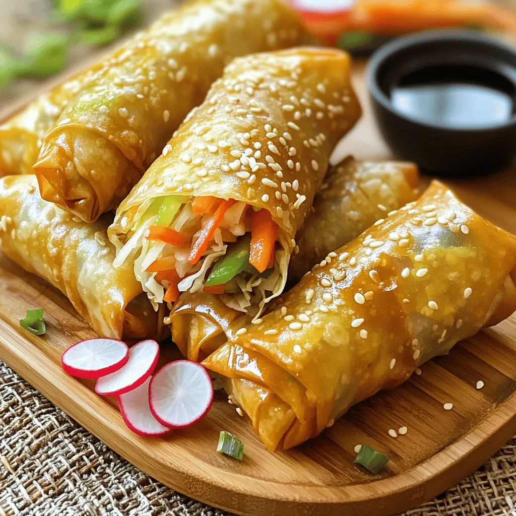 - 1 cup cabbage, finely shredded - 1 cup carrots, julienned - 1/2 cup bell peppers, thinly sliced - 1/4 cup green onions, chopped - 2 cloves garlic, minced - 1 teaspoon ginger, grated - 1 tablespoon soy sauce (or tamari for gluten-free) - 1 teaspoon sesame oil - 12 spring roll wrappers - Cooking spray The main ingredients give the rolls their crunch and taste. Shredded cabbage adds a crisp bite. Julienned carrots bring sweetness and color. Thinly sliced bell peppers add more flavor and a pop of color. Chopped green onions give a nice finish. To enhance the taste, garlic and ginger are key. They add warmth and depth. Soy sauce adds saltiness, while sesame oil brings a nutty flavor. These flavors work together to make each bite exciting. Finally, the spring roll wrappers hold everything together. They become crispy in the air fryer. Cooking spray helps them cook evenly and adds to the crispiness. For the full recipe, follow the steps carefully to enjoy these tasty treats! To make the filling, start by sautéing garlic and ginger. Heat sesame oil in a large skillet over medium heat. Add minced garlic and grated ginger. Sauté them for about 30 seconds until they smell great. This step adds depth to your spring rolls. Next, stir-fry the vegetables. Add the finely shredded cabbage, julienned carrots, and thinly sliced bell peppers to the skillet. Cook them for about 5 to 7 minutes. You want them tender but still crisp. Season the veggies with soy sauce, salt, and pepper. Finally, stir in the chopped green onions, then remove the skillet from heat and let the mixture cool for a few minutes. Now, it's time to assemble your spring rolls. Start by laying a spring roll wrapper on a clean surface. Place about 2 tablespoons of the veggie mixture near one edge of the wrapper. Fold the bottom edge over the filling. Then, fold the sides in and roll tightly to secure the filling. Make sure to repeat this with the remaining wrappers and filling. A tight roll helps keep the filling inside during cooking. Cooking in the air fryer is easy and quick. First, spray the air fryer basket with cooking spray to stop sticking. Place the spring rolls in a single layer in the basket. Lightly spray the tops with a bit more cooking spray for extra crispiness. Set the air fryer to 375°F (190°C) and cook for 10 to 12 minutes. Flip the spring rolls halfway through cooking. This ensures they cook evenly and get golden brown. Once they are done, carefully remove the spring rolls and let them cool for a minute before enjoying. If you want to try the full recipe, check out the [Full Recipe]. To make spring rolls crispy, you need enough oil. Lightly spray the tops with cooking spray. The air fryer creates a nice crunch. Flip them halfway through for even browning. Balancing flavors is key. Use fresh veggies for a bright taste. Add a touch of soy sauce for umami. Don’t forget the salt and pepper! These small things make a big difference. Cook in batches if you have many spring rolls. This keeps them from steaming. Stacking them can lead to soggy rolls. Make sure they have space to breathe. If you double the recipe, adjust cooking time. Larger batches may need extra minutes. Check them often to avoid burning. You want them golden brown, not dark brown. For plating, use a bamboo platter. It adds a nice touch to your meal. Arrange the spring rolls in a circle for a lovely display. Garnishing can elevate your dish. Sprinkle sesame seeds for crunch. Add sliced radishes for color and freshness. Serve with a small bowl of soy sauce or sweet chili sauce for dipping. These details impress your guests! {{image_2}} You can easily change the flavors in your veggie spring rolls. Adding proteins can make them heartier. Tofu, chicken, or shrimp all work great. For a simple option, use cubed tofu. It absorbs flavors well. You can also mix up your veggies. Instead of just cabbage, try using spinach or mushrooms. Broccoli or zucchini can add great texture too. The goal is to use what you love or have on hand. Each mix gives a new taste and look. If you need gluten-free options, swap in gluten-free spring roll wrappers. You can find these at most grocery stores. Also, choose tamari instead of soy sauce. This small change makes a big difference. For vegan choices, skip the chicken or shrimp. Stick with your favorite veggies. You can add more flavor with spices or herbs. Fresh basil or cilantro can brighten up the rolls. Dipping sauces can elevate your spring rolls. Soy sauce is a classic choice. Sweet chili sauce adds a nice kick. Peanut sauce is creamy and rich. You can make your own or buy them ready-made. Homemade sauces let you control the flavors. Mix soy sauce with a bit of lime and garlic for a fresh taste. Store-bought sauces are quick and easy. Just make sure to check the labels for quality. For the full recipe, check the section above! To keep your spring rolls fresh, place them in the fridge right away. Use an airtight container or wrap them tightly in plastic wrap. This keeps moisture out and helps them stay crisp. Make sure they cool down before storing. If you have extra sauce, store it separately. When it's time to enjoy leftovers, the air fryer is your best friend. Set the air fryer to 350°F (175°C) and heat for 5-7 minutes. This keeps them crispy. You can also use an oven. Preheat to 375°F (190°C) and bake for 10-12 minutes. Flip halfway for even crispiness. You can freeze spring rolls before or after cooking. For pre-freezing, wrap each roll tightly in plastic. Place them in a freezer bag. For post-cooking, let them cool completely before freezing. To thaw, move them to the fridge overnight. You can reheat straight from the freezer in the air fryer. Enjoy these crispy delights anytime! Check out the Full Recipe for all the details. To make your spring rolls crispy, use cooking spray. Lightly coat the spring rolls before cooking. This helps them crisp up nicely in the air fryer. Set your air fryer to 375°F (190°C). The right temperature makes a big difference. Cook them for 10-12 minutes. Flip them halfway through for even cooking. You will love the crunch! Yes, you can swap veggies based on your taste. Try using zucchini, mushrooms, or spinach. You can also add bean sprouts or corn for extra crunch. Just make sure to chop them small. This way, they fit well inside the wrapper. Mix and match to find your favorite combo! Air fryer veggie spring rolls last for about 3-4 days in the fridge. Store them in an airtight container. Check for spoilage signs like a slimy texture or strange smell. If you see any of these, it’s best to toss them. You want to enjoy these tasty bites fresh and crisp! In this post, we explored how to make tasty air fryer veggie spring rolls. We covered the main ingredients, flavor enhancers, and the steps to prepare, assemble, and cook them perfectly. I shared tips for the right texture, cooking adjustments, and ways to present your rolls nicely. Different variations and storage methods were also discussed. These spring rolls can be a fun and healthy dish. You can experiment with various flavors and fillings to make them your own. Enjoy your cooking adventure!