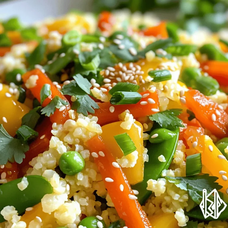 To make a tasty cauliflower rice stir-fry, gather these items: - 1 medium head of cauliflower (about 4 cups riced) - 1 tablespoon sesame oil - 1 cup carrots, julienned - 1 cup bell peppers (red, yellow, or green), thinly sliced - 1 cup snap peas, trimmed - 3 green onions, chopped - 2 cloves garlic, minced - 1-inch piece of ginger, grated - 2 tablespoons soy sauce or tamari - 1 tablespoon rice vinegar - 1 teaspoon sriracha (optional for heat) - Sesame seeds for garnish - Fresh cilantro for garnish Cauliflower rice is low in carbs and high in fiber. One serving of this dish provides: - Calories: 150 - Protein: 4g - Carbohydrates: 10g - Fiber: 5g - Fat: 9g Cauliflower rice offers many health benefits. First, it is low in calories. This helps with weight loss. Second, it is rich in vitamins C and K. These vitamins support your immune system and bone health. Third, it is high in fiber. Fiber aids digestion and keeps you full longer. Plus, it is gluten-free! This makes it great for those with gluten allergies. Overall, cauliflower rice is a smart choice for a healthy meal. For the full recipe, check out the details above. To start, you need to prepare the cauliflower. First, remove the leaves and stem. Then, cut it into small florets. Next, use a food processor to pulse the florets. Aim for about 10 pulses until it looks like rice. If you don’t have a food processor, a box grater works well too. Just grate the cauliflower until it resembles rice grains. This will give your stir-fry a light and fluffy base. Now it's time to cook the vegetables. Grab a large non-stick skillet or wok. Heat 1 tablespoon of sesame oil over medium-high heat. Once hot, add 2 cloves of minced garlic and 1-inch grated ginger. Sauté these for about 30 seconds; the smell will be amazing! Next, toss in 1 cup of julienned carrots, 1 cup of sliced bell peppers, and 1 cup of snap peas. Stir-fry everything for about 3-4 minutes. You want the veggies to be tender yet still crisp. Add the riced cauliflower into your skillet and mix well. Keep sautéing for another 5-6 minutes until the cauliflower is warm and tender. Now, pour in 2 tablespoons of soy sauce, 1 tablespoon of rice vinegar, and sriracha if you like heat. Stir everything to coat well and let it cook for 2 more minutes. Finally, remove the skillet from heat and fold in 3 chopped green onions. Serve hot, garnished with sesame seeds and fresh cilantro. For the full recipe, check the details above and enjoy your healthy meal! To make great cauliflower rice, use a fresh head of cauliflower. Cut it into small florets. Pulse them in a food processor until rice-like. Be careful not to over-process; it can become mushy. If you don’t have a food processor, a box grater works too. Just grate until you have small pieces. The size of the rice matters for even cooking. Soggy stir-fry ruins the dish. To keep your stir-fry crisp, dry the cauliflower rice well before cooking. You can use a clean kitchen towel to squeeze out extra moisture. Always cook over medium-high heat. This helps the water evaporate quickly. Cook the vegetables briefly to keep them crunchy. Stir them often for even cooking. Having the right tools makes cooking easier. Here are my top picks for this dish: - A large non-stick skillet or wok for even heat. - A food processor or box grater to rice the cauliflower. - A sharp knife and cutting board for chopping veggies. - Measuring spoons and cups for precise ingredient amounts. These tools help you create a tasty meal without stress. For the full recipe, check the details above. {{image_2}} You can easily boost your stir-fry with protein. Tofu, chicken, or shrimp add taste and fill you up. For tofu, use firm or extra-firm. Cut it into cubes and fry it until golden. Add it to the pan after the veggies. For chicken, use diced breast or thigh. Cook it until no longer pink, then mix it in. Shrimp cooks fast, so add it just before the cauliflower. It takes only a few minutes to turn pink. Each of these proteins pairs well with the dish and makes it heartier. If you want a vegetarian or vegan option, tofu is a great choice. But you can also use chickpeas or edamame. These options pack a protein punch without meat. Just rinse canned chickpeas and toss them in. Edamame can be added shelled and cooked. Both options make your dish filling and tasty while keeping it plant-based. To kick up the flavor, try adding spices or sauces. Garlic and ginger give a great base. You can also use pepper flakes or curry powder for a spicy twist. For sauces, soy sauce is classic, but try teriyaki or hoisin for a sweeter taste. You can even mix in peanut sauce for a creamy touch. Experiment with flavors to find your favorite blend. Each change can make your cauliflower rice stir-fry new and exciting. For the full recipe, check out the complete details above. Leftovers from your cauliflower rice stir-fry can stay fresh if stored properly. First, let the stir-fry cool to room temperature. Then, place it in an airtight container. Make sure to seal it well to keep out air. Store the container in the fridge. Your stir-fry will last for about three to four days. If you want to keep your stir-fry for longer, freezing is a great option. After cooling, scoop the stir-fry into freezer-safe bags or containers. Try to remove as much air as possible. This helps avoid freezer burn. Label the bags with the date. You can freeze the stir-fry for up to three months. To reheat your stir-fry, you can use the microwave or the stove. For the microwave, place the stir-fry in a bowl. Cover it with a microwave-safe lid and heat for 1-2 minutes, stirring halfway through. For the stove, add a splash of water to a skillet. Heat on medium until warm, stirring often. This keeps the rice from drying out. Enjoy your meal again just like the first time! If you want the full recipe, check out the detailed steps above. Yes, you can use frozen cauliflower rice. It saves time and is easy to use. Just add it to the skillet straight from the freezer. You may need to cook it a bit longer to heat through. It still tastes great and keeps the meal healthy. I often keep a bag on hand for quick meals. To add some heat, try using extra sriracha in your stir-fry. You can also add red pepper flakes or diced fresh chili peppers. Start small and taste as you go. This way, you can control the spice level. A dash of hot sauce at the end also works well. Cauliflower rice stir-fry pairs well with many side dishes. Consider these options: - Grilled chicken or tofu for protein. - A fresh salad with crunchy veggies. - Steamed broccoli or green beans for extra greens. - Edamame for a fun snack. These sides can complement your meal nicely and make it more filling. For the full recipe, check out the previous section. Cauliflower rice stir-fry is easy and tasty. We covered its ingredients, health benefits, and how to cook it. You can add protein, spices, and sauces for variety. Store leftovers well and reheat them easily. Experiment with flavors to make it yours. Enjoy this healthy dish that fits into many diets. Eating fresh and healthy is fun and satisfying. Let's make cauliflower rice a regular part of your meals!