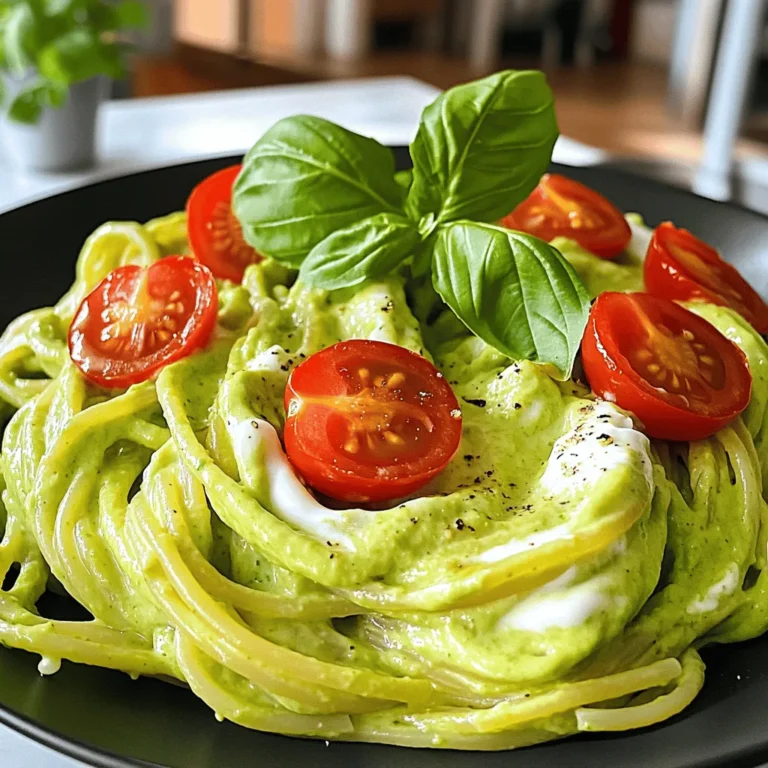 To make creamy avocado pasta, gather these key ingredients: - 2 ripe avocados - 300g pasta (spaghetti or fettuccine) - 2 cloves garlic, minced - 1/4 cup fresh basil leaves - 1/4 cup Greek yogurt - 2 tablespoons lemon juice - 1/4 cup extra virgin olive oil - Salt and pepper to taste These ingredients blend well to create a smooth and rich sauce. The avocados provide creaminess, while garlic and basil add flavor. The Greek yogurt gives a slight tang that balances the dish. For an extra pop of color and taste, consider these toppings: - Cherry tomatoes, halved - Additional basil leaves You can also add protein like chicken or shrimp for a heartier meal. These garnishes not only enhance the look but also add freshness. This creamy avocado pasta is not just tasty; it's nutritious too. Each serving contains: - Calories: Approx. 480 - Protein: 12g - Carbohydrates: 60g - Fats: 24g This dish offers healthy fats from avocados and olive oil, making it a good choice for a filling meal. You can find the full recipe below to whip this up quickly for lunch or dinner. Start by boiling a large pot of salted water. Once it boils, add 300g of pasta, like spaghetti or fettuccine. Cook it according to the package instructions until it's al dente. This usually takes around 8 to 10 minutes. Before draining the pasta, reserve 1/2 cup of the pasta water. This water helps to adjust your sauce later. While the pasta cooks, let’s whip up the sauce. Grab 2 ripe avocados, and cut them in half. Remove the pit and scoop the flesh into a blender. Add 2 cloves of minced garlic, 1/4 cup of fresh basil leaves, and 1/4 cup of Greek yogurt. Squeeze in 2 tablespoons of lemon juice to brighten the flavor. Pour in 1/4 cup of extra virgin olive oil for creaminess. Blend until smooth. If the sauce is too thick, add some reserved pasta water. Blend again until you reach your desired consistency. Once your pasta is done, drain it well. In a large mixing bowl, combine the pasta with the creamy avocado sauce. Toss until every noodle is coated. Taste your dish and season with salt and pepper as needed. If you find the sauce too thick, stir in more reserved pasta water until it clings nicely to the pasta. Now, plate your creamy avocado pasta and garnish with halved cherry tomatoes and additional basil leaves for a fresh touch. Enjoy this quick and tasty meal! For the full recipe, check out the ingredients and steps above. To get the best sauce, start with ripe avocados. They should feel soft but not mushy. When blending, add Greek yogurt for creaminess. If the sauce is thick, gradually mix in reserved pasta water. This keeps it smooth and easy to coat the pasta. You want the sauce to cling nicely, not slide off. Cook your pasta until it is al dente. This means it should still have a slight bite. Follow the package instructions carefully. Usually, this takes about 8-10 minutes. Remember to save some pasta water before draining. This water is key for adjusting sauce thickness later. If you have leftovers, store them in an airtight container. The avocado sauce can brown quickly. To slow this down, add a little lemon juice on top. This helps keep it fresh. You can store it for up to two days in the fridge. When reheating, add a splash of pasta water. This will help bring back the creamy texture. For more details on making this dish, check the Full Recipe. {{image_2}} You can boost your creamy avocado pasta by adding protein. Grilled chicken adds a nice flavor. Cook it simply with salt, pepper, and a bit of lemon juice. Shrimp is a quick option, too. Sauté shrimp in olive oil until they turn pink. For a plant-based choice, use tofu. Press and cube firm tofu, then sauté until golden brown. Mix your chosen protein into the pasta for a heartier meal. If you want a vegan version, swap Greek yogurt for cashew cream. Soak cashews in water for a few hours, then blend until smooth. You can add a splash of lemon juice for tanginess. Another option is using silken tofu blended until creamy. Both choices keep a similar texture and flavor profile in your sauce. Add seasonal vegetables to your creamy avocado pasta for more color and nutrients. In spring, try peas or asparagus. In summer, add zucchini or bell peppers. For fall, roasted butternut squash offers a sweet touch. Simply sauté or roast the vegetables before mixing them into your pasta. This not only makes the dish vibrant but also adds more flavor. For the full recipe, check out the [Full Recipe]. Creamy avocado pasta works well with many foods. You can serve it with grilled chicken for extra protein. Shrimp also makes a great side. You might enjoy adding roasted vegetables like zucchini or bell peppers. A simple green salad adds freshness. Use a light vinaigrette to balance the creaminess. Plating is fun and easy with creamy avocado pasta. Start by twirling the pasta into a nest on the plate. Add a few cherry tomato halves on top for color. Sprinkle fresh basil leaves around the plate for a pop of green. Drizzle a bit of extra virgin olive oil on top for shine. This makes your dish look fancy and inviting. Pairing wine with creamy avocado pasta enhances the meal. A crisp Sauvignon Blanc complements the dish well. Its acidity cuts through the creaminess nicely. If you prefer red, try a light Pinot Noir. It brings a fruity note that matches the avocado flavor. Remember, serving wine in the right glass makes a difference too. Enjoy your meal with the perfect sip! You can find a full recipe for this dish in the recipe section. You can store leftover creamy avocado pasta in an airtight container. Place it in the fridge. It will last for about two days. When you reheat it, expect some changes in texture. The avocado sauce can thicken. You may want to add a bit of water or olive oil to loosen it up. Yes, you can make this dish ahead of time. Prepare the pasta and sauce separately. Store the sauce in the fridge until you are ready to serve. This way, the avocado stays fresh. Mix them just before serving for the best taste. I recommend using spaghetti or fettuccine for this creamy avocado pasta. Both types hold the sauce well. You can also try whole wheat or gluten-free pasta if you prefer. The key is to choose a pasta that cooks al dente. To make your creamy avocado pasta spicier, add red pepper flakes. You can mix in jalapeños or a dash of hot sauce. Taste as you go to find your perfect level of heat. Enjoy experimenting with flavors! For the full recipe, you can check out the [Full Recipe]. This blog post covered how to make creamy avocado pasta. We discussed the main ingredients, the cooking steps, and helpful tips. You learned about flavors, protein options, and fun ways to serve it. In the end, I hope you try this easy and healthy dish. Enjoy your cooking!