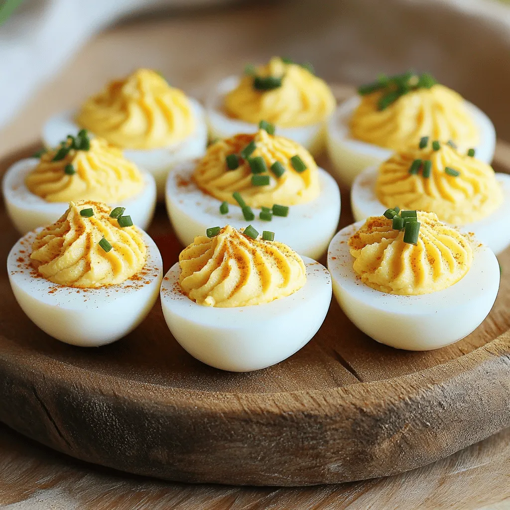 - 6 large eggs - 3 tablespoons mayonnaise - 1 teaspoon Dijon mustard - 1 teaspoon apple cider vinegar - ½ teaspoon garlic powder - Salt and pepper to taste - Paprika, for garnish - Fresh chives or parsley, chopped (for garnish) To make classic deviled eggs, you need simple and fresh ingredients. Start with six large eggs. They are the star of this dish. For creaminess, use three tablespoons of mayonnaise. The Dijon mustard adds a nice tang, so include one teaspoon of it. Apple cider vinegar gives a slight kick, so don’t skip the teaspoon of it. Garlic powder adds flavor, so just a half teaspoon will do. You will also need salt and pepper to taste. Use paprika to sprinkle on top for color and flavor. Lastly, fresh chives or parsley will add a nice touch. With these ingredients, you can create a tasty and classic snack. Check the [Full Recipe] for more details! To boil eggs perfectly, start by placing them in a pot. Add cold water until the eggs are covered. Heat the pot on medium until the water boils. Once it boils, cover the pot and take it off the heat. Let the eggs sit for 12 minutes. This method produces firm yolks without overcooking. An ice bath is key. It stops cooking and makes peeling easy. After 12 minutes, put the eggs in a bowl of ice water for at least 5 minutes. This method cools the eggs down quickly. For easy peeling, tap each egg gently on a hard surface. Peel them under running water to help remove the shells smoothly. Cut each peeled egg in half lengthwise. Carefully take out the yolks and place them in a bowl. Use a fork to mash the yolks until they are crumbly. Then, add mayonnaise, Dijon mustard, apple cider vinegar, garlic powder, salt, and pepper. Mix until smooth and creamy. The right texture is key for great taste. When filling the egg whites, you can use a spoon or a piping bag. A piping bag gives a nice look and is easier for precise filling. If you use a spoon, be generous with the yolk mixture. Fill each white until it overflows slightly. This makes them look inviting and delicious. Garnishes add color and flavor. Lightly sprinkle paprika over each filled egg for a classic touch. You can also top them with fresh chives or parsley for a pop of color. This step makes your deviled eggs not just tasty but also beautiful. A good presentation impresses everyone! To make perfect deviled eggs, avoid common mistakes. First, do not overcook the eggs. Overcooked eggs become green around the yolk. Stick to the 12-minute rule. Second, make sure to cool the eggs quickly. An ice bath helps stop the cooking. This also makes peeling easier. Adjusting the flavor is key. If you like a tangy taste, add more vinegar or mustard. For a creamier texture, increase the mayonnaise. Taste the filling as you mix. This helps you find the flavor you love. Deviled eggs shine at many occasions. They are perfect for picnics, parties, and holidays. People love them at brunch. You can serve them at any gathering. Pair deviled eggs with other appetizers. They go well with fresh veggies and dips. You can also serve them with crackers or cheese. This makes a great spread for guests. For more ideas, check out the Full Recipe. {{image_2}} Deviled eggs can be simple or fancy. The classic recipe uses basic ingredients. You can add unique flavors for a gourmet twist. Try adding crispy bacon bits for a savory crunch. Avocado adds creaminess and a fresh taste. You can also mix in jalapeños for heat or herbs for brightness. Each addition gives a new flavor to the dish. Regional variations exist too. In the Southern U.S., you might find deviled eggs with sweet pickle relish. In some Mexican recipes, you may see salsa mixed in. These changes reflect local tastes and traditions. You can make deviled eggs to fit different diets. To make them vegetarian, simply use the classic recipe without any meat. For a vegan version, swap mayonnaise for avocado or vegan mayo. This keeps the creamy texture while making it plant-based. If you need gluten-free options, rest assured. The classic deviled eggs are naturally gluten-free. Just make sure any added ingredients are also gluten-free. This way, everyone can enjoy this tasty treat! To keep deviled eggs fresh, store them in the fridge. Place them in an airtight container. This helps prevent them from drying out. If you have leftover filling, store it separately. Cover both the eggs and the filling with plastic wrap. Enjoy them within three days for the best taste. Can you freeze deviled eggs? No, freezing them can change their texture. The filling can become watery and grainy. However, you can freeze the egg yolk mixture before filling. To reheat, thaw it in the fridge overnight. Then, fill the egg whites when ready to serve. This keeps your deviled eggs fresh and tasty. For more details on making these delicious bites, check out the Full Recipe. Deviled eggs stay fresh for about three to five days in the fridge. To keep them safe, store them in an airtight container. This helps prevent them from absorbing other food smells. Yes, you can make deviled eggs a day in advance. Prepare the filling and store it separately from the egg whites. This keeps the whites firm and prevents them from getting soggy. If you want a lighter option, try Greek yogurt. It adds creaminess and a slight tang. You can also use avocado for a creamy texture without eggs. To fix runny filling, add more yolks or a little cornstarch. Mix well until the texture is thicker. You can also add more mayonnaise or Greek yogurt to balance it. No, it is not safe to eat deviled eggs left out for more than two hours. Bacteria can grow quickly, so always keep them refrigerated until serving. For more detailed steps, check the [Full Recipe]. You now have all the steps to make perfect deviled eggs. From boiling the eggs to creating a tasty filling, every process is clear. Remember to personalize your eggs with your favorite flavors and garnishes. These tips will help you avoid mistakes and impress your guests. Deviled eggs can fit any occasion. So, get creative with your variations! Enjoy making and sharing this classic treat. Your skills in the kitchen will shine brightly!