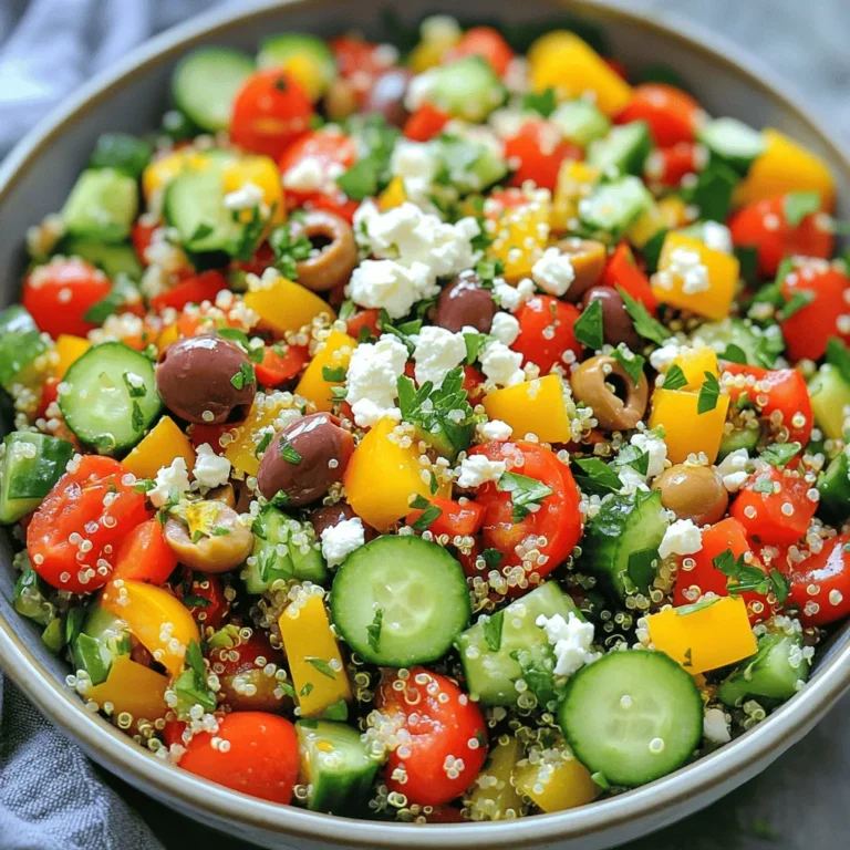 To make this tasty Mediterranean quinoa salad, gather these ingredients: - 1 cup quinoa, rinsed - 2 cups vegetable broth or water - 1 cucumber, diced - 1 cup cherry tomatoes, halved - 1 bell pepper (red or yellow), diced - 1/2 red onion, finely chopped - 1 cup Kalamata olives, pitted and sliced - 1/2 cup feta cheese, crumbled - 1/4 cup fresh parsley, chopped - 1/4 cup fresh mint, chopped - 3 tablespoons olive oil - 2 tablespoons lemon juice - Salt and pepper to taste You can change this salad to fit your tastes. Here are some fun ideas: - Add chickpeas for more protein - Use sun-dried tomatoes for extra flavor - Swap feta for goat cheese for a tangy twist - Mix in avocado for creaminess - Add nuts or seeds for crunch Each ingredient brings health benefits to the table: - Quinoa: High in protein and fiber, quinoa is a great grain choice. - Cucumbers: They add hydration and are low in calories. - Tomatoes: Rich in antioxidants, tomatoes support heart health. - Bell Peppers: Full of vitamins A and C, these add color and nutrition. - Olives: Packed with healthy fats, olives promote good cholesterol. - Feta Cheese: This adds calcium and protein, plus a rich flavor. - Parsley and Mint: Both herbs aid digestion and add freshness. This Mediterranean quinoa salad is not just bright and tasty; it's also a healthy option. Try this [Full Recipe] to enjoy a flavorful dish that nourishes your body! To make the quinoa, start with 1 cup of rinsed quinoa. Place it in a medium saucepan. Next, add 2 cups of vegetable broth or water. Bring this mixture to a boil over medium-high heat. Once it boils, reduce the heat to low. Cover the saucepan and let it simmer for 15 minutes. This cooks the quinoa fully. After 15 minutes, check to see if all the liquid is absorbed. If so, remove it from the heat. Let it sit, covered, for 5 more minutes. This step helps fluff the quinoa. Use a fork to fluff it gently after. The quinoa should be light and airy. While the quinoa cooks, you can prep the veggies. Take 1 cucumber and dice it into small pieces. Wash and halve 1 cup of cherry tomatoes. Chop 1 bell pepper, either red or yellow, into small bits. Finely chop 1/2 of a red onion. Slice 1 cup of Kalamata olives, making sure they are pitted. Finally, chop 1/4 cup each of fresh parsley and mint. These herbs add bright flavors to the salad. In a large bowl, combine all the chopped vegetables. Add the cooked quinoa to this bowl. Next, prepare the dressing. In a small bowl, whisk together 3 tablespoons of olive oil and 2 tablespoons of lemon juice. Add salt and pepper to taste. Pour this dressing over the salad mix. Gently toss everything together. Make sure all the ingredients blend well. Taste the salad and adjust the seasoning if needed. You can add more lemon juice or salt for extra flavor. Serve the salad chilled or at room temperature for the best taste. For a lovely touch, garnish with extra parsley and lemon wedges. For the Full Recipe, check the ingredients list above. To make your Mediterranean quinoa salad pop, use fresh herbs. Fresh parsley and mint add bright notes. A squeeze of lemon juice wakes up the flavors. Use high-quality olive oil for richness. You can also add spices. Try cumin or smoked paprika for depth. Serve this salad in a large shallow bowl. This allows guests to see the colorful layers. Garnish with extra parsley and lemon wedges for a fresh look. Chill the salad for at least 30 minutes before serving. This lets the flavors blend nicely. If you want, serve it with pita bread or hummus. They complement the salad well. Do not skip rinsing the quinoa. This step removes bitter saponins. Avoid overcooking the quinoa. It should be fluffy, not mushy. When adding salt, start small. You can always add more later. Lastly, do not forget to adjust the dressing. Taste it before serving. You may want more lemon juice or salt. For a complete guide, check the Full Recipe. {{image_2}} You can easily boost this salad's protein. Try adding grilled chicken or shrimp. Tofu is a great choice for vegans. Chickpeas also work well for a hearty touch. Aim for about one cup of protein per salad. This will make your meal more filling and balanced. If you have dietary needs, you can swap ingredients. For a gluten-free option, quinoa is perfect. Replace feta with a dairy-free cheese for lactose-free diets. You can skip olives if you dislike them. Consider adding artichoke hearts as a tasty alternative. Always adjust according to your needs and preferences. The dressing is where you can get creative. Try adding garlic for a punch of flavor. Swap lemon juice for lime juice for a twist. Add a splash of balsamic vinegar for depth. You can even mix in some avocado for creaminess. Play with flavors until you find your favorite. For the full recipe, check out the Mediterranean Quinoa Salad. Store your Mediterranean quinoa salad in an airtight container. It stays fresh in the fridge for about three days. Make sure the container is sealed well to keep out air. This keeps the salad crispy and tasty. If you notice any signs of spoilage, like bad smells or mold, throw it away. You can freeze this salad, but some ingredients may change in texture. To freeze, put the salad in a freezer-safe container. Leave some space at the top for expansion. Use the salad within three months for the best taste. When you're ready to eat, thaw it in the fridge overnight. To refresh your salad after thawing, add fresh herbs and a squeeze of lemon juice. This brightens the flavors. If the salad feels dry, drizzle a bit of olive oil. You can also mix in more diced veggies for extra crunch. Enjoy your flavorful and fresh dish any time! For the full recipe, refer to the section above. Mediterranean Quinoa Salad can last for about 3 to 5 days in the fridge. Store it in an airtight container. The flavors will blend, making it taste even better. However, if you add fresh herbs or avocado, eat it sooner. They don’t stay fresh for long. Yes, you can make Mediterranean Quinoa Salad in advance. In fact, it tastes great when made ahead. Prepare it a day or two before you plan to serve. Just remember to add fresh herbs right before eating. This keeps them bright and tasty! Quinoa is a superfood packed with nutrients. It is high in protein and has all nine essential amino acids. This makes it great for muscle repair. Quinoa is also rich in fiber, which is good for digestion. Plus, it contains vitamins and minerals like magnesium and iron. Eating quinoa can help you feel full and satisfied. In this post, we explored how to make a delicious Mediterranean Quinoa Salad. We listed key ingredients and optional ones for your own twist. You learned about the health benefits of quinoa and how to cook it just right. I shared tips to enhance flavor and avoid common mistakes. We discussed protein options and alternative ingredients to fit your diet. Finally, I offered smart storage tips to keep your salad fresh. Enjoy making this dish to boost your meals!