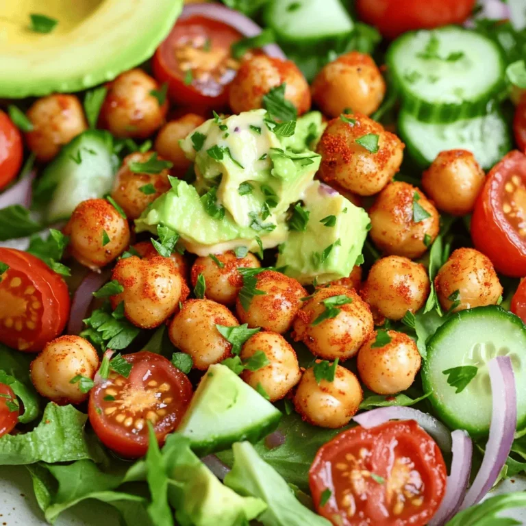 - 1 can (15 oz) chickpeas - 1 cup cherry tomatoes - 1 cucumber - 1/4 red onion - 2 cups mixed salad greens - 1 avocado - 2 tablespoons olive oil - Seasoning: smoked paprika, garlic powder, cumin, salt, and pepper - 2 tablespoons fresh lemon juice - 2 tablespoons tahini - 1 tablespoon water (for thinning) - Fresh parsley Gathering the right ingredients makes a big difference. For this crispy chickpea salad, use canned chickpeas for a quick option. Rinse and drain them well. This helps remove extra sodium and gives a better taste. Cherry tomatoes add a burst of sweetness. Dice your cucumber into small pieces for a nice crunch. The red onion gives a sharp bite. Mix it all with salad greens like spinach or arugula for freshness. The avocado adds creaminess to the dish. It pairs well with the crispy chickpeas. The tahini dressing brings it all together. Use fresh lemon juice for brightness. The tahini adds a nutty flavor. Mix in a bit of water to thin it out. For a pop of color, add fresh parsley as a garnish. This simple ingredient list makes your salad flavorful and healthy. You can find the full recipe at the end of this section. - Preheat your oven to 400°F (200°C). This heat makes the chickpeas crispy. - In a large bowl, mix the drained chickpeas with 2 tablespoons of olive oil. Add 1 teaspoon of smoked paprika, 1/2 teaspoon of garlic powder, 1/2 teaspoon of cumin, and salt and pepper to taste. Stir until all the chickpeas are coated. - Spread the seasoned chickpeas in a single layer on a baking sheet. Use parchment paper for easy cleanup. - Roast the chickpeas for 25-30 minutes. Shake the pan halfway through cooking to ensure they crisp evenly. - In a large bowl, combine 1 cup of halved cherry tomatoes, 1 diced cucumber, 1/4 finely chopped red onion, and 2 cups of mixed salad greens. - In a small bowl, whisk 2 tablespoons of fresh lemon juice, 2 tablespoons of tahini, and 1 tablespoon of water together until smooth. Adjust with more water to reach your desired dressing consistency. - Once the chickpeas are done roasting, let them cool slightly. Then, add them to the salad bowl with 1 diced avocado. - Drizzle the tahini dressing over the salad and toss gently to mix everything. - Garnish with fresh parsley before serving. For the full recipe, check the detailed instructions provided earlier. Enjoy your crispy chickpea salad! To get crispy chickpeas, start by drying them well. Use a clean towel to pat them dry after rinsing. This step removes moisture. Then, toss the chickpeas with olive oil and spices in a large bowl. Make sure every chickpea gets a good coat. Spread them out on a baking sheet. Leave space between each chickpea. This helps them crisp up nicely. Bake in a preheated oven at 400°F (200°C). Check them halfway through and shake the pan. This ensures even cooking. Keep an eye on them near the end. They should look golden brown and feel crunchy. To boost flavor, try adding extra seasonings. A pinch of cayenne can add heat. Fresh herbs like cilantro or dill can brighten the dish. You can also mix in some lemon zest for a fresh taste. For dressings, tahini works great, but don’t stop there. A yogurt-based dressing can add creaminess. You could also drizzle balsamic glaze for a sweet touch. Top your salad with nuts or seeds for added crunch. To prep ahead, wash and cut your veggies in advance. Store them in airtight containers to keep them fresh. You can also roast the chickpeas ahead of time. Just let them cool, then keep them in a sealed bag. For the dressing, whisk it up and store it in the fridge. This keeps it fresh for several days. When you’re ready to eat, just combine everything. You’ll have a tasty meal ready in no time! For the full recipe, check the earlier section. {{image_2}} You can make this crispy chickpea salad your own! Here are some fun ideas: - Add diced bell peppers for crunch. - Toss in shredded carrots for sweetness. - Include sliced radishes for a peppery bite. - Mix in fresh herbs like basil or mint for a burst of flavor. - For protein, crumbled feta cheese adds creaminess. - Grilled chicken or shrimp can make it heartier. The dressing can change the whole taste! Here are some options: - A balsamic vinaigrette adds a tangy twist. - A yogurt-based dressing gives a creamy texture. - Try a zesty lime dressing for freshness. - You can also make a homemade ranch dressing for a fun twist. - Just mix yogurt, herbs, and a splash of lemon juice. This salad fits every season! You can adapt the recipe easily: - In spring, use fresh peas and asparagus. - Summer is perfect for ripe peaches or watermelon. - In fall, add roasted sweet potatoes or apples. - Winter veggies like kale or Brussels sprouts work great too. - Always use what’s fresh at the market for the best taste. For the full recipe, check out the detailed steps and enjoy! To keep your crispy chickpea salad fresh, store it in a sealed container. Place the salad in the fridge right after serving. This helps maintain the flavor and texture. To keep the chickpeas crispy, store them separately. When you want to eat the salad again, add the chickpeas just before serving. This way, they stay crunchy. You can freeze the chickpeas, but not the whole salad. Freezing changes the texture of the fresh veggies. To freeze chickpeas, let them cool after roasting. Then, place them in a freezer-safe bag. When you want to use them, thaw them in the fridge overnight. Reheat them in the oven for a few minutes to regain crispiness. Your crispy chickpea salad can last up to three days in the fridge. However, it's best to eat it sooner for the best taste. Watch for signs of spoilage, like a bad smell or slimy veggies. If you notice these signs, it's time to toss the salad. Enjoy the freshness of your salad while it lasts! To get crispy chickpeas, start with drained and rinsed ones. Toss them in olive oil and spices. Spread them on a baking sheet in a single layer. Bake at 400°F (200°C) for 25-30 minutes. Shake the pan halfway for even roasting. This will give you that perfect crunch! Yes, you can use dried chickpeas! First, soak them overnight in water. Then, boil them until they're tender. This may take 1-2 hours. Once cooked, drain and rinse before using them in the recipe. Dried chickpeas can add a fresher taste to your salad. To boost protein, consider adding grilled chicken or feta cheese. You can also mix in some quinoa or chickpea pasta. Nuts and seeds like almonds or sunflower seeds are great, too. These ingredients will help make your salad even more filling and nutritious. This blog post showed how to make a tasty, crispy chickpea salad. You learned ingredient choices, step-by-step preparation, and ways to enhance flavor. I shared tips for storage and variations to keep it fresh and fun. Remember, you can add different veggies, dressings, or proteins. Enjoy this healthy dish any time. It brings bright flavors and crunch to your table. Make it your own, and share with friends for a great meal!