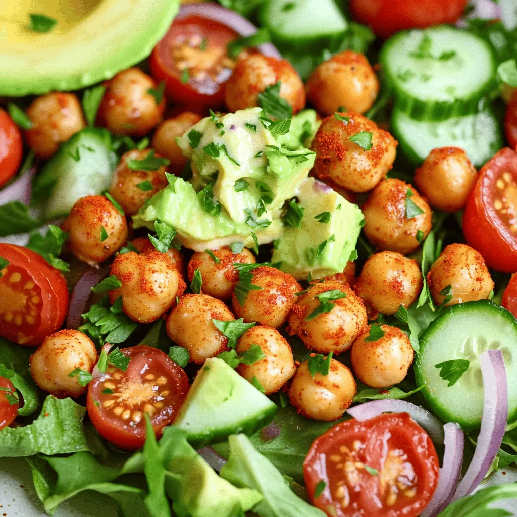 - 1 can (15 oz) chickpeas - 1 cup cherry tomatoes - 1 cucumber - 1/4 red onion - 2 cups mixed salad greens - 1 avocado - 2 tablespoons olive oil - Seasoning: smoked paprika, garlic powder, cumin, salt, and pepper - 2 tablespoons fresh lemon juice - 2 tablespoons tahini - 1 tablespoon water (for thinning) - Fresh parsley Gathering the right ingredients makes a big difference. For this crispy chickpea salad, use canned chickpeas for a quick option. Rinse and drain them well. This helps remove extra sodium and gives a better taste. Cherry tomatoes add a burst of sweetness. Dice your cucumber into small pieces for a nice crunch. The red onion gives a sharp bite. Mix it all with salad greens like spinach or arugula for freshness. The avocado adds creaminess to the dish. It pairs well with the crispy chickpeas. The tahini dressing brings it all together. Use fresh lemon juice for brightness. The tahini adds a nutty flavor. Mix in a bit of water to thin it out. For a pop of color, add fresh parsley as a garnish. This simple ingredient list makes your salad flavorful and healthy. You can find the full recipe at the end of this section. - Preheat your oven to 400°F (200°C). This heat makes the chickpeas crispy. - In a large bowl, mix the drained chickpeas with 2 tablespoons of olive oil. Add 1 teaspoon of smoked paprika, 1/2 teaspoon of garlic powder, 1/2 teaspoon of cumin, and salt and pepper to taste. Stir until all the chickpeas are coated. - Spread the seasoned chickpeas in a single layer on a baking sheet. Use parchment paper for easy cleanup. - Roast the chickpeas for 25-30 minutes. Shake the pan halfway through cooking to ensure they crisp evenly. - In a large bowl, combine 1 cup of halved cherry tomatoes, 1 diced cucumber, 1/4 finely chopped red onion, and 2 cups of mixed salad greens. - In a small bowl, whisk 2 tablespoons of fresh lemon juice, 2 tablespoons of tahini, and 1 tablespoon of water together until smooth. Adjust with more water to reach your desired dressing consistency. - Once the chickpeas are done roasting, let them cool slightly. Then, add them to the salad bowl with 1 diced avocado. - Drizzle the tahini dressing over the salad and toss gently to mix everything. - Garnish with fresh parsley before serving. For the full recipe, check the detailed instructions provided earlier. Enjoy your crispy chickpea salad! To get crispy chickpeas, start by drying them well. Use a clean towel to pat them dry after rinsing. This step removes moisture. Then, toss the chickpeas with olive oil and spices in a large bowl. Make sure every chickpea gets a good coat. Spread them out on a baking sheet. Leave space between each chickpea. This helps them crisp up nicely. Bake in a preheated oven at 400°F (200°C). Check them halfway through and shake the pan. This ensures even cooking. Keep an eye on them near the end. They should look golden brown and feel crunchy. To boost flavor, try adding extra seasonings. A pinch of cayenne can add heat. Fresh herbs like cilantro or dill can brighten the dish. You can also mix in some lemon zest for a fresh taste. For dressings, tahini works great, but don’t stop there. A yogurt-based dressing can add creaminess. You could also drizzle balsamic glaze for a sweet touch. Top your salad with nuts or seeds for added crunch. To prep ahead, wash and cut your veggies in advance. Store them in airtight containers to keep them fresh. You can also roast the chickpeas ahead of time. Just let them cool, then keep them in a sealed bag. For the dressing, whisk it up and store it in the fridge. This keeps it fresh for several days. When you’re ready to eat, just combine everything. You’ll have a tasty meal ready in no time! For the full recipe, check the earlier section. {{image_2}} You can make this crispy chickpea salad your own! Here are some fun ideas: - Add diced bell peppers for crunch. - Toss in shredded carrots for sweetness. - Include sliced radishes for a peppery bite. - Mix in fresh herbs like basil or mint for a burst of flavor. - For protein, crumbled feta cheese adds creaminess. - Grilled chicken or shrimp can make it heartier. The dressing can change the whole taste! Here are some options: - A balsamic vinaigrette adds a tangy twist. - A yogurt-based dressing gives a creamy texture. - Try a zesty lime dressing for freshness. - You can also make a homemade ranch dressing for a fun twist. - Just mix yogurt, herbs, and a splash of lemon juice. This salad fits every season! You can adapt the recipe easily: - In spring, use fresh peas and asparagus. - Summer is perfect for ripe peaches or watermelon. - In fall, add roasted sweet potatoes or apples. - Winter veggies like kale or Brussels sprouts work great too. - Always use what’s fresh at the market for the best taste. For the full recipe, check out the detailed steps and enjoy! To keep your crispy chickpea salad fresh, store it in a sealed container. Place the salad in the fridge right after serving. This helps maintain the flavor and texture. To keep the chickpeas crispy, store them separately. When you want to eat the salad again, add the chickpeas just before serving. This way, they stay crunchy. You can freeze the chickpeas, but not the whole salad. Freezing changes the texture of the fresh veggies. To freeze chickpeas, let them cool after roasting. Then, place them in a freezer-safe bag. When you want to use them, thaw them in the fridge overnight. Reheat them in the oven for a few minutes to regain crispiness. Your crispy chickpea salad can last up to three days in the fridge. However, it's best to eat it sooner for the best taste. Watch for signs of spoilage, like a bad smell or slimy veggies. If you notice these signs, it's time to toss the salad. Enjoy the freshness of your salad while it lasts! To get crispy chickpeas, start with drained and rinsed ones. Toss them in olive oil and spices. Spread them on a baking sheet in a single layer. Bake at 400°F (200°C) for 25-30 minutes. Shake the pan halfway for even roasting. This will give you that perfect crunch! Yes, you can use dried chickpeas! First, soak them overnight in water. Then, boil them until they're tender. This may take 1-2 hours. Once cooked, drain and rinse before using them in the recipe. Dried chickpeas can add a fresher taste to your salad. To boost protein, consider adding grilled chicken or feta cheese. You can also mix in some quinoa or chickpea pasta. Nuts and seeds like almonds or sunflower seeds are great, too. These ingredients will help make your salad even more filling and nutritious. This blog post showed how to make a tasty, crispy chickpea salad. You learned ingredient choices, step-by-step preparation, and ways to enhance flavor. I shared tips for storage and variations to keep it fresh and fun. Remember, you can add different veggies, dressings, or proteins. Enjoy this healthy dish any time. It brings bright flavors and crunch to your table. Make it your own, and share with friends for a great meal!