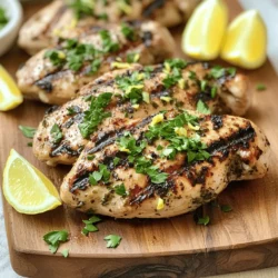 - 4 boneless, skinless chicken breasts - 3 tablespoons olive oil - 3 cloves garlic, minced - Zest and juice of 2 lemons - 1 teaspoon dried oregano - 1 teaspoon dried thyme - 1 teaspoon dried rosemary - Salt and pepper to taste - Fresh parsley, chopped (for garnish) - Chili flakes for heat - Honey for sweetness The main ingredients make a bright and bold dish. The chicken breasts are lean and soak up the flavors well. Garlic adds a savory touch, while lemon brings a fresh zing. The herbs give depth and aroma. For a twist, you can add chili flakes for spice. A drizzle of honey can balance the tartness of the lemon. These options let you customize the dish to your taste. This Lemon Garlic Herb Grilled Chicken uses simple ingredients. The recipe is easy to follow and suits many palates. You can find the full recipe in the article above. To make the marinade, I start by mixing the ingredients in a bowl. I use: - 3 tablespoons olive oil - 3 cloves garlic, minced - Zest and juice of 2 lemons - 1 teaspoon dried oregano - 1 teaspoon dried thyme - 1 teaspoon dried rosemary - Salt and pepper to taste I stir these until they blend well. The mix should smell fresh and bright. For a great marinade, use good quality olive oil. It adds depth to the flavor. When marinating chicken, make sure to coat each piece well. This helps the flavors soak in. A good tip is to let the chicken sit in the marinade for some time. The longer, the better! For the best taste, let the chicken marinate for at least 1 hour. You can even leave it overnight for more flavor. Just remember, too long can change the texture. To marinate, I place the chicken in a large resealable bag. I pour the marinade over it and seal the bag tightly. Then, I give it a gentle shake to coat all the chicken. If I'm using a shallow dish, I cover it with plastic wrap. This keeps the flavors in and the chicken fresh. Next, I preheat my grill to medium-high heat. If I’m using a charcoal grill, I wait until the coals are glowing evenly. Once the grill is hot, I remove the chicken from the marinade. I let any excess marinade drip off. It’s important to discard the leftover marinade for safety. I place the chicken on the hot grill. I cook it for about 6-7 minutes on each side. I look for nice grill marks and check that it’s browned. The chicken is done when it reaches 165°F (75°C). After grilling, I let the chicken rest for 5 minutes. This step is crucial. It helps the juices settle back into the meat. Finally, I garnish with fresh parsley for a pop of color and flavor. For the full recipe, check out the detailed instructions above. To keep your chicken juicy, let it rest after grilling. When you remove it from the grill, let it sit for five minutes. This resting time helps the juices stay inside the meat. If you cut it too soon, those juices run out, and the meat dries. Common grilling mistakes can ruin your chicken. Avoid pressing down on the chicken with a spatula. This pushes out the juices. Also, don’t flip the chicken too often. Let it cook well on one side before turning it. You can add more herbs for extra flavor. Try fresh basil, cilantro, or dill. These enhance the dish and make it more exciting. You can also mix in some chili flakes for a spicy kick. Pair your chicken with sides for a complete meal. Roasted vegetables or a fresh salad work well. You can also serve it with rice or quinoa. These pair nicely with the lemon herb flavor. For more ideas, check out the Full Recipe for delicious combinations. {{image_2}} To make lemon garlic herb chicken skewers, you will need some fresh vegetables. Cut bell peppers, zucchini, and red onion into bite-sized pieces. Soak wooden skewers in water for 30 minutes to prevent burning. After marinating the chicken, thread the chicken and veggies onto the skewers. Grill the skewers on medium-high heat for about 10-12 minutes. Turn them often for even cooking. These skewers make a fun and colorful meal. If you prefer to bake your chicken, follow these steps. Preheat your oven to 400°F (200°C). Place the marinated chicken breasts in a baking dish. Bake for 25-30 minutes or until the chicken reaches 165°F (75°C). To add extra flavor, squeeze fresh lemon juice over the chicken before serving. This method keeps the chicken juicy and tender. You can try different flavors in your marinade. Use lime juice instead of lemon for a zesty kick. Adding fresh herbs like basil or cilantro can change the taste too. For a sweet twist, mix in a bit of honey. Explore these options to discover your favorite flavor combinations. To keep your Lemon Garlic Herb Grilled Chicken fresh, store it in the fridge. Place the grilled chicken in an airtight container. This helps avoid moisture loss and keeps flavors intact. It is best to refrigerate the chicken within two hours of cooking. Properly stored, it can last up to three days. Always check for any signs of spoilage before eating. If you want to save some for later, freezing is a great option. Wrap each piece of chicken tightly in plastic wrap. Then, place the wrapped chicken in a freezer bag or airtight container. This method helps prevent freezer burn. You can freeze the chicken for up to three months. When you're ready to eat, defrost the chicken in the fridge overnight for the best results. Reheating grilled chicken can be tricky, but it is easy with the right methods. To avoid drying out the chicken, use the oven or stovetop. For the oven, preheat it to 350°F (175°C). Place the chicken in a baking dish, cover it with foil, and heat for about 15-20 minutes. On the stovetop, add a splash of water or broth in a skillet. Heat the chicken over medium-low heat, turning occasionally until warmed through. These methods keep the chicken moist and tasty. You can pair this chicken with many sides. Here are some ideas: - Grilled vegetables: Bell peppers, zucchini, and corn are great choices. - Rice: Lemon or herb rice works well to match the chicken's flavor. - Salad: A fresh green salad with a light vinaigrette adds a nice crunch. - Potatoes: Roasted or mashed potatoes can make the meal hearty. - Bread: Crusty bread or garlic bread complements the dish perfectly. Yes! This marinade is very versatile. You can use it for: - Fish: Salmon or white fish like cod will soak up the flavor nicely. - Pork: Pork chops or tenderloin work well with this mix too. - Shrimp: Marinate shrimp for a quick and tasty meal on the grill. To ensure chicken is safe to eat, check the internal temperature. Use a meat thermometer to measure. The chicken should reach: - 165°F (75°C): This is the safe temperature for poultry. You can also cut the chicken open. The juices should run clear, not pink. For the best flavor, marinate chicken for: - At least 1 hour: This allows the chicken to absorb the flavors. - Up to 12 hours: This can enhance taste but be careful. Longer marination can change the texture. Always refrigerate the chicken while it marinates to keep it safe! This blog post detailed how to create a tasty Lemon Garlic Herb Grilled Chicken. We covered key ingredients like olive oil, garlic, and fresh herbs. You learned how to marinate chicken for great flavor and cook it perfectly on the grill. I shared tips to keep the chicken juicy and ideas for variations and sides. With these steps, you can make an easy, delicious meal. Enjoy your cooking adventure!